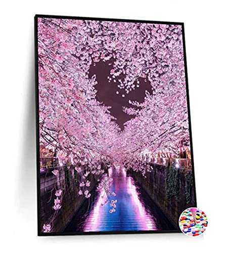 ダイヤモンドアート 風景 桜 5dダイヤモンド塗装キット 刺しゅうキット ダイヤモンドペインティング 全面貼り付けタイプ ビーズアート 手作り絵画 手芸キット クロスステッチキット ハンドメイド DIY 家の壁の装飾 30x40cm 夜桜満開の河畔