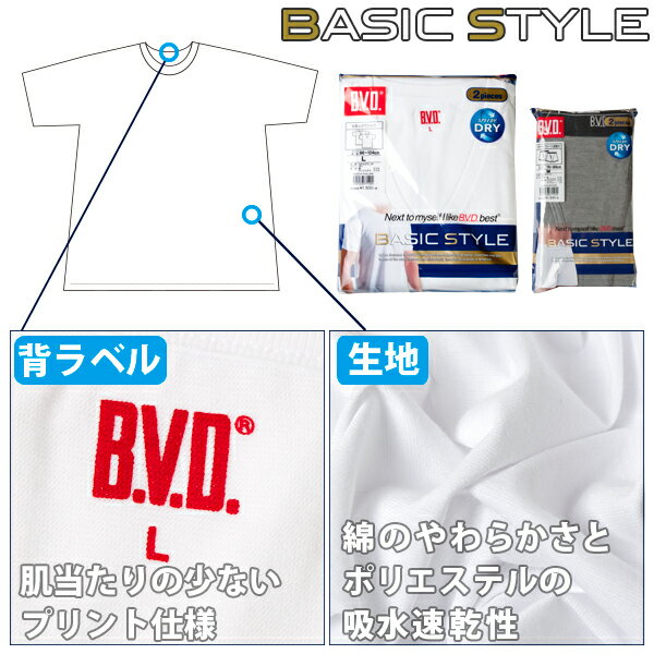 「期間限定セール＋お買得な2枚組＋吸水速乾」B.V.D. BASIC STYLE Vネック半袖Tシャツ 吸水速乾 シャツ メンズ インナーシャツ 下着 肌着【吸水速乾】【シンプル】【白】 【コンビニ受取対応商品】 nb205-2p