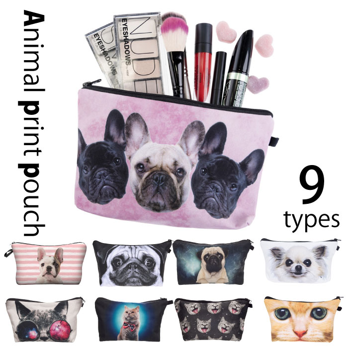 【ワンコインSALE、返品交換不可】ポーチ 小物入れ 犬 犬柄 猫 グッズ プチプラ 雑貨 化粧ポーチ かわいい おしゃれ マチあり フレンチブルドッグ パグ チワワ アニマル プレゼント お買い物マラソン 1000円 KM078Gのサムネイル