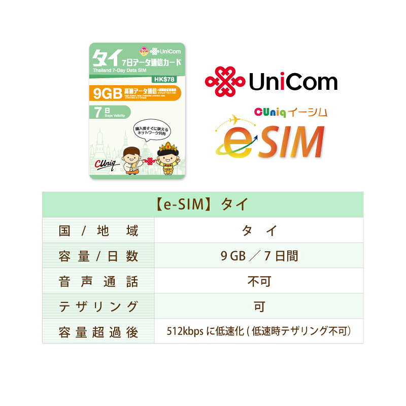 不課税【eSIM版！荷物のお届けなし！メールにて送信】タイ 専用 eSIM 9GB/7日 プリ...