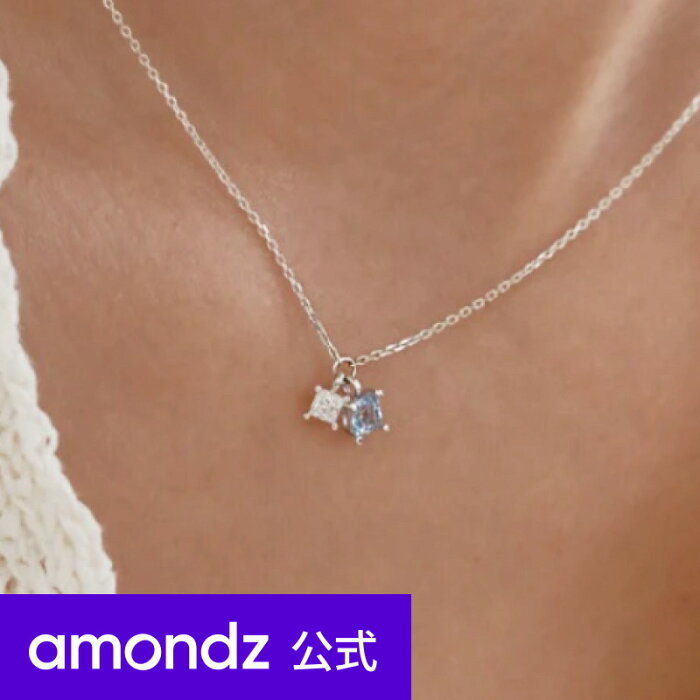 シルバー ネックレス アクア ストーン ペンダント ネックレス amondz 細い チェーン ネックレス Silver Square Aqua Stone Weamondz Necklace