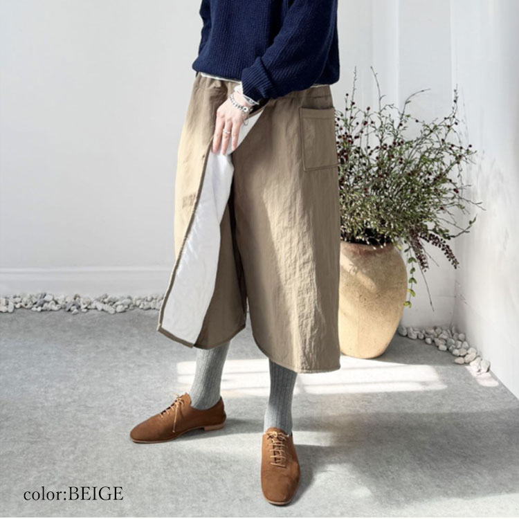 byDreamの中綿ラップワイドパンツ 暖かいカフェパンツ 巻きスカート風 ウエストゴム ガウチョ カジュアル 8分丈 ロングスカート風パンツ レディース ボトムス 冬 FREE/韓国製｜アングル3