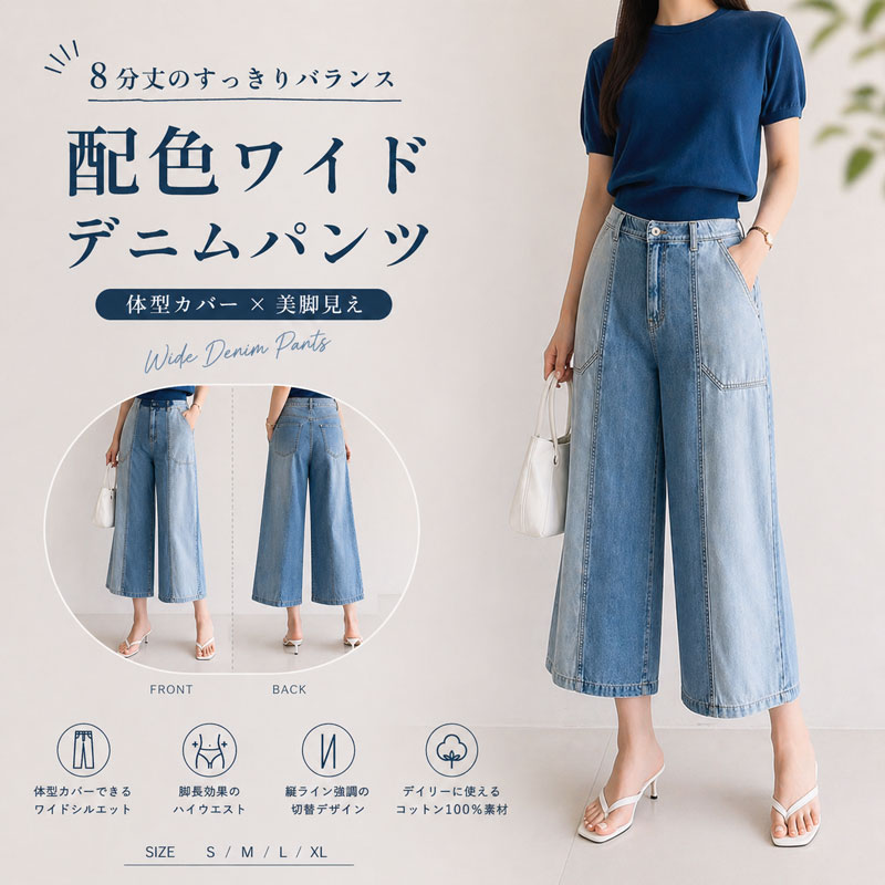 Rakuten - ワイドデニムパンツ レディース 8分丈 クロップド丈 ハイウエスト 切替デザイン 体型カバー 美脚効果 ゆったり ポケット付き コットン100% カジュアル 春夏 秋 韓国ファッション S M L XL