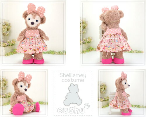 シェリーメイ 洋服 コスチューム ぬいぐるみ用 服 着せ替え Sサイズ かわいい ディズニー シー くま Duffy Shelliemey 【336s スイーツ柄 ピンク キャミソールワンピースとリボンとバレエシューズの3点セット】