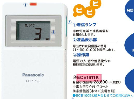 パナソニックECE1611K小電力型ワイヤレスコール携帯受信器（本体）（充電台別）