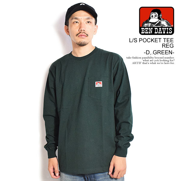 乐天商城 - ベンデイビス Tシャツ BEN DAVIS L/S POCKET TEE REG -D.GREEN- メンズ 長袖 ロンT ポケットTシャツ レギュラーサイズ ストリート