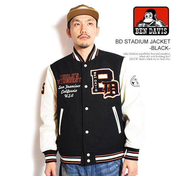 乐天商城 - ベンデイビス ジャケット BEN DAVIS BD STADIUM JACKET -BLACK- メンズ スタジャン アワードジャケット フェイクメルトン 送料無料 ストリート