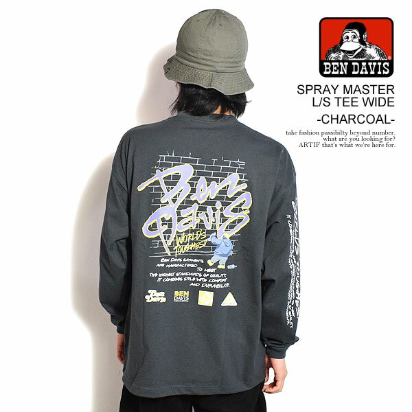 ベンデイビス Tシャツ BEN DAVIS SPRAY MASTER L/S TEE WIDE -CHARCOAL- メンズ 長袖 ロンT ゴリラ刺繍 ワイドシルエット 送料無料 ストリート