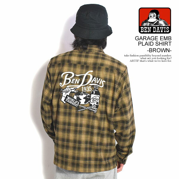 20％OFF SALE セール ベンデイビス シャツ BEN DAVIS GARAGE EMB PLAID SHIRT -BROWN- メンズ 長袖 チェックシャツ ネルシャツ 送料無料 ストリート
