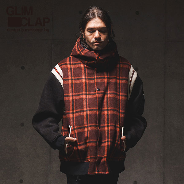 50OFF SALE Z[ GLIMCLAP ONbv WPbg Plaid pattern hooded varsity jacket