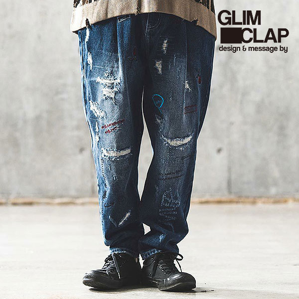 GLIMCLAP Embroidery-sprinkled design soft balloon silhouette denim pants