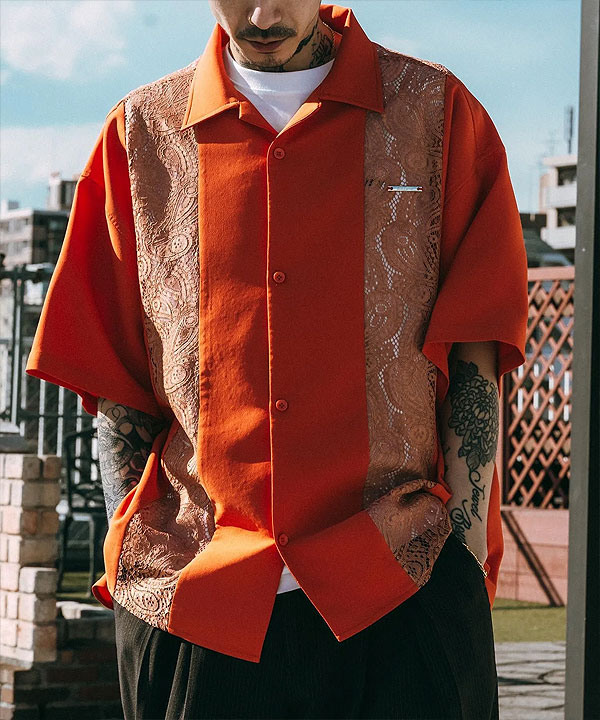 サブサエティ シャツ SUBCIETY Lace panel shirt subciety メンズ 半袖シャツ レース生地 オープンカラーシャツ 送料無料 ストリート