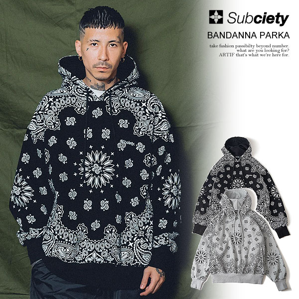サブサエティ パーカー SUBCIETY BANDANNA PARKA subciety メンズ プルオーバー スウェット 裏起毛 バンダナ柄 送料無料 ストリート
