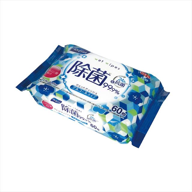 リファイン 24h抗菌アルコール除菌ウェット60枚1P LD-108 景品 記念品 粗品 ノベルティ 名入れ 御挨拶 ご挨拶