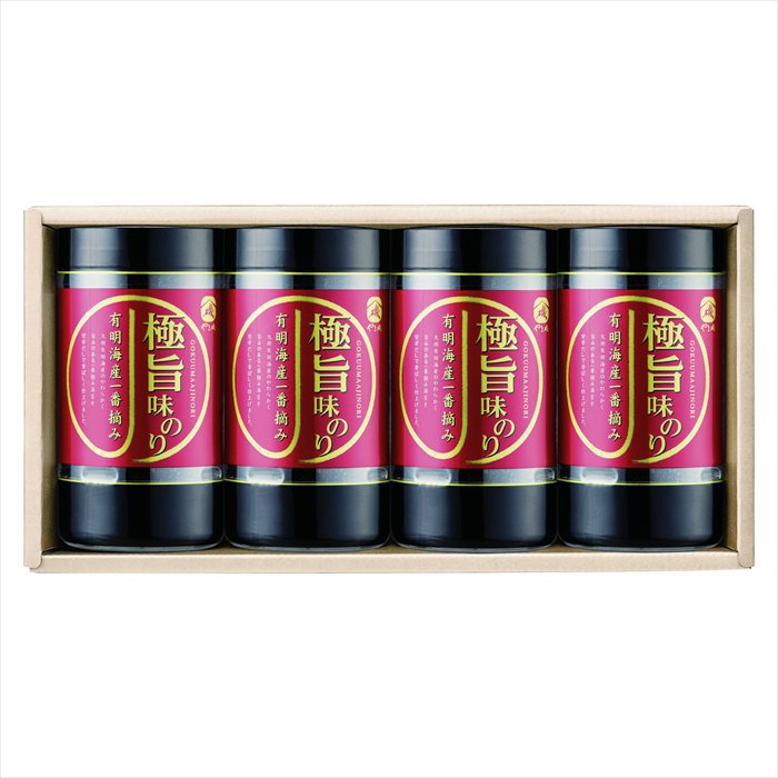 ■商品内容：九州有明海産一番摘み味付のり（8切26枚）×4本 ■パッケージサイズ：箱サイズ:155×313×77（60サイズ） ■賞味期限：製造後450日 ■アレルギー：小麦・えび・大豆 メーカー希望小売価格はメーカーカタログに基づいて掲載しています ■さまざまなギフトアイテムをご用意しております。 内祝　内祝い　お祝い返し　ウェディングギフト　ブライダルギフト　引き出物　引出物　結婚引き出物　結婚引出物　結婚内祝い　出産内祝い 命名内祝い　入園内祝い　入学内祝い　卒園内祝い　卒業内祝い　就職内祝い　新築内祝い　引越し内祝い　快気内祝い　開店内祝い　二次会 披露宴　お祝い　御祝　結婚式　結婚祝い　出産祝い　初節句　七五三　入園祝い　入学祝い　卒園祝い　卒業祝い　成人式　就職祝い　昇進祝い 新築祝い　上棟祝い　引っ越し祝い　引越し祝い　開店祝い　退職祝い　快気祝い　全快祝い　初老祝い　還暦祝い　古稀祝い　喜寿祝い　傘寿祝い 米寿祝い　卒寿祝い　白寿祝い　長寿祝い　金婚式　銀婚式　ダイヤモンド婚式　結婚記念日　ギフト　ギフトセット　セット　詰め合わせ　贈答品　お返し お礼　御礼　ごあいさつ　ご挨拶　御挨拶　プレゼント　お見舞い　お見舞御礼　お餞別　引越し　引越しご挨拶　記念日　誕生日　父の日　母の日　敬老の日 記念品　卒業記念品　定年退職記念品　ゴルフコンペ　コンペ景品　景品　賞品　粗品　お香典返し　香典返し　志　満中陰志　弔事　会葬御礼　法要 法要引き出物　法要引出物　法事　法事引き出物　法事引出物　忌明け　四十九日　七七日忌明け志　一周忌　三回忌　回忌法要　偲び草　粗供養　初盆 供物　お供え　お中元　御中元　お歳暮　御歳暮　お年賀　御年賀　残暑見舞い　年始挨拶　ボーリング大会　景品　レミパン　ゼリー　スターバックス 千疋屋　結婚式　そうめん　ローラアシュレイ　プリン　話題　ディズニー　カタログギフト　ティファール　ビタクラフト　ステンレスタンブラー　リラックマ のし無料　メッセージカード無料　ラッピング無料 ギフトにぴったりのアイテムをご紹介！ 贈り物に悩んでいる方へ、心温まるギフトアイテムを取り揃えました。高品質な食品、ふわふわのタオル、美しい食器、そしてセンスあふれる雑貨まで、幅広いラインナップであなたの大切な人への思いを伝えます。 特徴 高品質：厳選された素材と丁寧な製造工程で作られた商品ばかり。どれも長く愛用いただけます。 多用途：どんなシーンでも使える万能アイテムが揃っています。誕生日、結婚祝い、新築祝いなど、さまざまな場面に最適です。 デザイン：シンプルで洗練されたデザインから、カラフルで個性的なものまで、多彩なバリエーションをご用意。 お手頃価格：高品質ながら手ごろな価格で、コストパフォーマンスも抜群。 おすすめの用途とシーン 誕生日プレゼント：大切な人の特別な日を祝うために、実用的かつ心温まるギフトを。食品やタオルは、日常で役立つアイテムとして喜ばれます。 結婚祝い：新しい生活を始めるカップルに、美しい食器やおしゃれな雑貨を。幸せな家庭を築くお手伝いができます。 新築祝い：新しい家に引っ越した友人や家族へ、インテリアにぴったりの雑貨や実用的なタオルを。快適な生活をサポートします。 お返しギフト：感謝の気持ちを込めて、おしゃれで実用的なアイテムを。食品はもちろん、使い心地の良いタオルや美しい食器も喜ばれます。 季節の贈り物：お中元やお歳暮、季節の挨拶として、季節に合ったギフトを。夏には涼しげな雑貨、冬には温かみのあるタオルや食品が最適です。 贈る相手に合わせたおすすめ グルメな方へ：美味しい食品を贈れば、食卓が一層華やかに。特別な時間を演出します。 家庭的な方へ：ふわふわのタオルや使いやすい食器で、日常生活に彩りを。 オシャレな方へ：センスあふれる雑貨で、インテリアを一層魅力的に。 まとめ あなたの気持ちを込めたギフト選びをお手伝いします。どれも心を込めて選んだアイテムばかりです。大切な人への贈り物として、自信を持っておすすめします。 商品概要 [分類] 以下のような商品をお探しの方にオススメです。スイーツ スィーツ スウィーツ Sweets ケーキ お菓子 洋菓子 デザート おやつ 小腹対策 食品 食べ物 / チョコレートケーキ チョコレート ガトーショコラ チーズケーキ 生菓子 生ケーキ ベイクドチーズケーキ [評価・マスコミ] ランキング1位のおすすめ(お勧め オススメ) インスタ映え SNS 評判 今話題の人気商品 [サービス] 以下のサービスをご利用いだだけます。不可の場合あり。お取り寄せ 全国配送 全国発送 オーダー 注文 デリバリー 取寄せ 宅配 ネット通販 持ち運び可 / 送料無料 送料込み 無料ギフト対応 日持ち長い 長期保存 賞味期限が長い 名入れ 当日発送 お急ぎ便 即日配送 即日発送 翌日配送 翌日発送 前日に買う あす楽 明日楽 即納 翌日 あす着 明日届く 配送日指定可 冷凍保存可 冷凍保管 冷凍便 ギフトラッピング ギフト対応 予約 メッセージ付き 有料メッセージカード 有料お誕生日カード ホワイトデー当日お届け可能 [パッケージ] 　 以下のような包装でお届けします。詰め合わせ セット アソート 化粧箱入り ラッピング不要 個包装 小分け 手提げ袋（有償） 2重梱包 [デザイン] 以下のようなイメージをお求めの方におすすめです。お洒落 可愛い ゴージャス 高級感 プレミアム サプライズ感 美しい インパクト 面白い 珍しい 希少 驚き シンプル 上品 スタイリッシュ エレガント モダン [ご用途] 工夫次第で様々な用途でご利用いただけます。贈り物 プレゼント ギフト プチギフト 贈答品 お祝い 御祝い 退職祝い 内祝い 出産祝い 出産内祝い 入学祝い 卒業祝い ご褒美 手土産 お土産 お使い物 お返し お礼 ご挨拶 ご進物 お配り 配る ばらまき バレンタインデー バレンタインデイ ヴァレンタイン 友チョコ 義理チョコ 本命チョコ 逆チョコ バレンタインチョコ ホワイトデー ホワイトデイ ホワイトデーのお返し 七五三 ひな祭り こどもの日 ハロウィン クリスマス お中元 お年賀 ウインターギフト 御中元 御歳暮 サマーギフト 残暑見舞い お歳暮 母の日 父の日 敬老の日 敬老会記念品 敬老会 結婚祝い 結婚内祝い 結婚記念日 結婚式二次会 二次会のプチギフト 結婚披露宴の引き出物 引き菓子 ウエディングパーティー 成人祝い 長寿祝い 還暦祝い 古希祝い 古稀祝い 喜寿祝い 傘寿祝い 米寿祝い 卒寿祝い 白寿祝い 紀寿祝い 百寿祝い 成人式 セレモニー イベント 内祝い 快気祝い 快気内祝い 出産内祝い 出産祝い 記念日 お返し ご進物 御使い物 お礼 ご挨拶 御礼 ご祝儀 祝儀の品 お使い物 ノベルティー 粗品 景品 長寿 法事 法要 仏事 年忌法事 志 粗供養 供養返し 香典返し 満中陰志 御供え お供え 御供物 弔事 七五三 ひな祭り 入学祝い 卒業祝い 卒園祝い 退職祝い 入社祝い 成人式 成人式のお祝い 朝食 食事代わり ティータイム ブレイクタイム ホームパーティー クリスマスケーキ 誕生日プレゼント 誕生祝い バースデーケーキ 学校 会社 職場 法人 取引先 部活 イベント サークル 介護施設 [おすすめの方] 以下のような様々なお客様にお喜びいただいております。10代 20代 30代 40代 50代 60代 70代 80代 90代 100歳以上 お母さん お父さん ママ パパ 兄弟姉妹 彼氏 彼女 恋人 義理の母 叔父さん 親戚の お嬢さん 大家族 家族 赤ちゃん 祖父 祖母 叔父 叔母 孫 おじいちゃん おばあちゃん じいじ ばあば 夫 旦那 妻 奥様 お嫁さん 奥さん 親 両親 娘 同僚 友達 仲間 友人 親友 上司 部下 先輩 後輩 お世話になった方 恩師 先生 大人数 女友達 法人 女性 男性 大人 子ども 子供用 小学生 中学生 高校生 男の子 女の子 辛党 甘党 甘いものが苦手 高齢者 お年寄り [その他おすすめ] 以下のような商品に興味のある方にもオススメです。大量 大量購入 財布に優しい 大人数 業務用 大量スイーツ お試し コスパ良い /ギフト 早割 お中元 お歳暮 御見舞 お見舞い お取り寄せ グルメスイーツお中元 御中元 贈り物九州有明海産一番摘み味付のり（8切26枚）×4本
