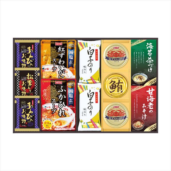 ■商品紹介内容/ふかひれスープ:160g×1・紅ずわいがにスープ:160g×1・紅ずわいがにほぐし身:55g×2・鮪油漬フレーク:70g×1・あわび入お吸い物:4g×2・松茸入りお吸い物:4.2g×1・甘海老みそ汁:7.5g×2袋×1・丸美...
