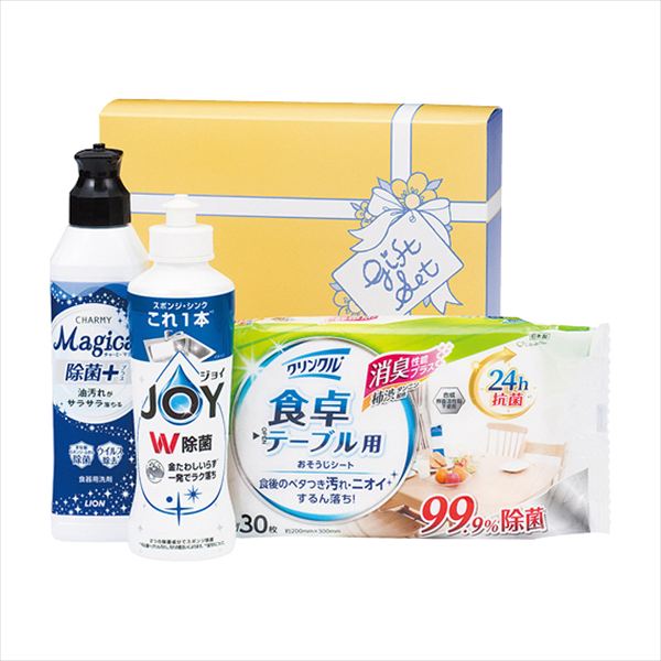 ■商品紹介内容/P&G除菌ジョイコンパクト:170?×1・ライオンCHARMY Magica除菌+:220?×1・クリンクル食卓テーブル用シート:30枚入×1 ■パッケージサイズ：箱寸/190×202×67 ■重量：約743g メーカー希望小売価格はメーカーカタログに基づいて掲載しています ■さまざまなギフトアイテムをご用意しております。 内祝　内祝い　お祝い返し　ウェディングギフト　ブライダルギフト　引き出物　引出物　結婚引き出物　結婚引出物　結婚内祝い　出産内祝い 命名内祝い　入園内祝い　入学内祝い　卒園内祝い　卒業内祝い　就職内祝い　新築内祝い　引越し内祝い　快気内祝い　開店内祝い　二次会 披露宴　お祝い　御祝　結婚式　結婚祝い　出産祝い　初節句　七五三　入園祝い　入学祝い　卒園祝い　卒業祝い　成人式　就職祝い　昇進祝い 新築祝い　上棟祝い　引っ越し祝い　引越し祝い　開店祝い　退職祝い　快気祝い　全快祝い　初老祝い　還暦祝い　古稀祝い　喜寿祝い　傘寿祝い 米寿祝い　卒寿祝い　白寿祝い　長寿祝い　金婚式　銀婚式　ダイヤモンド婚式　結婚記念日　ギフト　ギフトセット　セット　詰め合わせ　贈答品　お返し お礼　御礼　ごあいさつ　ご挨拶　御挨拶　プレゼント　お見舞い　お見舞御礼　お餞別　引越し　引越しご挨拶　記念日　誕生日　父の日　母の日　敬老の日 記念品　卒業記念品　定年退職記念品　ゴルフコンペ　コンペ景品　景品　賞品　粗品　お香典返し　香典返し　志　満中陰志　弔事　会葬御礼　法要 法要引き出物　法要引出物　法事　法事引き出物　法事引出物　忌明け　四十九日　七七日忌明け志　一周忌　三回忌　回忌法要　偲び草　粗供養　初盆 供物　お供え　お中元　御中元　お歳暮　御歳暮　お年賀　御年賀　残暑見舞い　年始挨拶　ボーリング大会　景品　レミパン　ゼリー　スターバックス 千疋屋　結婚式　そうめん　ローラアシュレイ　プリン　話題　ディズニー　カタログギフト　ティファール　ビタクラフト　ステンレスタンブラー　リラックマ のし無料　メッセージカード無料　ラッピング無料 ギフトにぴったりのアイテムをご紹介！ 贈り物に悩んでいる方へ、心温まるギフトアイテムを取り揃えました。高品質な食品、ふわふわのタオル、美しい食器、そしてセンスあふれる雑貨まで、幅広いラインナップであなたの大切な人への思いを伝えます。 特徴 高品質：厳選された素材と丁寧な製造工程で作られた商品ばかり。どれも長く愛用いただけます。 多用途：どんなシーンでも使える万能アイテムが揃っています。誕生日、結婚祝い、新築祝いなど、さまざまな場面に最適です。 デザイン：シンプルで洗練されたデザインから、カラフルで個性的なものまで、多彩なバリエーションをご用意。 お手頃価格：高品質ながら手ごろな価格で、コストパフォーマンスも抜群。 おすすめの用途とシーン 誕生日プレゼント：大切な人の特別な日を祝うために、実用的かつ心温まるギフトを。食品やタオルは、日常で役立つアイテムとして喜ばれます。 結婚祝い：新しい生活を始めるカップルに、美しい食器やおしゃれな雑貨を。幸せな家庭を築くお手伝いができます。 新築祝い：新しい家に引っ越した友人や家族へ、インテリアにぴったりの雑貨や実用的なタオルを。快適な生活をサポートします。 お返しギフト：感謝の気持ちを込めて、おしゃれで実用的なアイテムを。食品はもちろん、使い心地の良いタオルや美しい食器も喜ばれます。 季節の贈り物：お中元やお歳暮、季節の挨拶として、季節に合ったギフトを。夏には涼しげな雑貨、冬には温かみのあるタオルや食品が最適です。 贈る相手に合わせたおすすめ グルメな方へ：美味しい食品を贈れば、食卓が一層華やかに。特別な時間を演出します。 家庭的な方へ：ふわふわのタオルや使いやすい食器で、日常生活に彩りを。 オシャレな方へ：センスあふれる雑貨で、インテリアを一層魅力的に。 まとめ あなたの気持ちを込めたギフト選びをお手伝いします。どれも心を込めて選んだアイテムばかりです。大切な人への贈り物として、自信を持っておすすめします。 商品概要 [分類] 以下のような商品をお探しの方にオススメです。スイーツ スィーツ スウィーツ Sweets ケーキ お菓子 洋菓子 デザート おやつ 小腹対策 食品 食べ物 / チョコレートケーキ チョコレート ガトーショコラ チーズケーキ 生菓子 生ケーキ ベイクドチーズケーキ [評価・マスコミ] ランキング1位のおすすめ(お勧め オススメ) インスタ映え SNS 評判 今話題の人気商品 [サービス] 以下のサービスをご利用いだだけます。不可の場合あり。お取り寄せ 全国配送 全国発送 オーダー 注文 デリバリー 取寄せ 宅配 ネット通販 持ち運び可 / 送料無料 送料込み 無料ギフト対応 日持ち長い 長期保存 賞味期限が長い 名入れ 当日発送 お急ぎ便 即日配送 即日発送 翌日配送 翌日発送 前日に買う あす楽 明日楽 即納 翌日 あす着 明日届く 配送日指定可 冷凍保存可 冷凍保管 冷凍便 ギフトラッピング ギフト対応 予約 メッセージ付き 有料メッセージカード 有料お誕生日カード ホワイトデー当日お届け可能 [パッケージ] 　 以下のような包装でお届けします。詰め合わせ セット アソート 化粧箱入り ラッピング不要 個包装 小分け 手提げ袋（有償） 2重梱包 [デザイン] 以下のようなイメージをお求めの方におすすめです。お洒落 可愛い ゴージャス 高級感 プレミアム サプライズ感 美しい インパクト 面白い 珍しい 希少 驚き シンプル 上品 スタイリッシュ エレガント モダン [ご用途] 工夫次第で様々な用途でご利用いただけます。贈り物 プレゼント ギフト プチギフト 贈答品 お祝い 御祝い 退職祝い 内祝い 出産祝い 出産内祝い 入学祝い 卒業祝い ご褒美 手土産 お土産 お使い物 お返し お礼 ご挨拶 ご進物 お配り 配る ばらまき バレンタインデー バレンタインデイ ヴァレンタイン 友チョコ 義理チョコ 本命チョコ 逆チョコ バレンタインチョコ ホワイトデー ホワイトデイ ホワイトデーのお返し 七五三 ひな祭り こどもの日 ハロウィン クリスマス お中元 お年賀 ウインターギフト 御中元 御歳暮 サマーギフト 残暑見舞い お歳暮 母の日 父の日 敬老の日 敬老会記念品 敬老会 結婚祝い 結婚内祝い 結婚記念日 結婚式二次会 二次会のプチギフト 結婚披露宴の引き出物 引き菓子 ウエディングパーティー 成人祝い 長寿祝い 還暦祝い 古希祝い 古稀祝い 喜寿祝い 傘寿祝い 米寿祝い 卒寿祝い 白寿祝い 紀寿祝い 百寿祝い 成人式 セレモニー イベント 内祝い 快気祝い 快気内祝い 出産内祝い 出産祝い 記念日 お返し ご進物 御使い物 お礼 ご挨拶 御礼 ご祝儀 祝儀の品 お使い物 ノベルティー 粗品 景品 長寿 法事 法要 仏事 年忌法事 志 粗供養 供養返し 香典返し 満中陰志 御供え お供え 御供物 弔事 七五三 ひな祭り 入学祝い 卒業祝い 卒園祝い 退職祝い 入社祝い 成人式 成人式のお祝い 朝食 食事代わり ティータイム ブレイクタイム ホームパーティー クリスマスケーキ 誕生日プレゼント 誕生祝い バースデーケーキ 学校 会社 職場 法人 取引先 部活 イベント サークル 介護施設 [おすすめの方] 以下のような様々なお客様にお喜びいただいております。10代 20代 30代 40代 50代 60代 70代 80代 90代 100歳以上 お母さん お父さん ママ パパ 兄弟姉妹 彼氏 彼女 恋人 義理の母 叔父さん 親戚の お嬢さん 大家族 家族 赤ちゃん 祖父 祖母 叔父 叔母 孫 おじいちゃん おばあちゃん じいじ ばあば 夫 旦那 妻 奥様 お嫁さん 奥さん 親 両親 娘 同僚 友達 仲間 友人 親友 上司 部下 先輩 後輩 お世話になった方 恩師 先生 大人数 女友達 法人 女性 男性 大人 子ども 子供用 小学生 中学生 高校生 男の子 女の子 辛党 甘党 甘いものが苦手 高齢者 お年寄り [その他おすすめ] 以下のような商品に興味のある方にもオススメです。大量 大量購入 財布に優しい 大人数 業務用 大量スイーツ お試し コスパ良い /とっておきのギフトを贈る。ギフト専門店のおすすめ商品ですもらう方が嬉しい、使い勝手のいい進物商品。