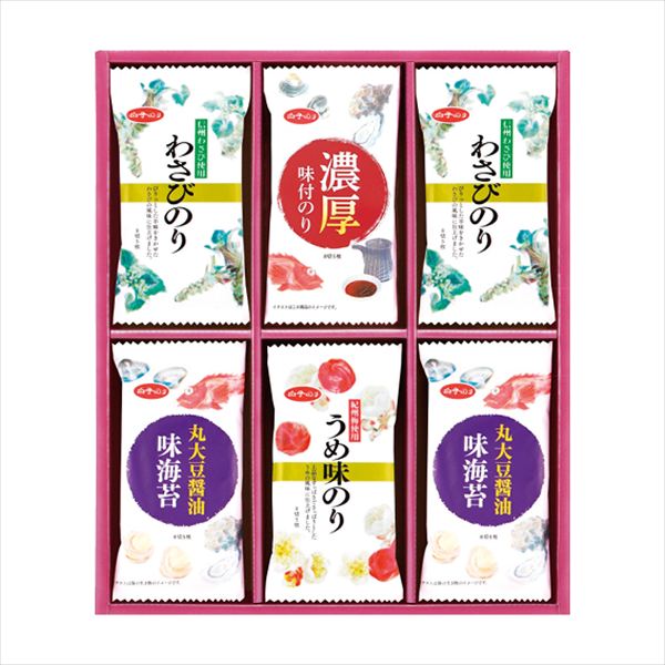 ■商品紹介内容/信州わさび使用わさびのり:（8切5枚）×4・濃厚味付のり:（8切5枚）×2・丸大豆醤油味のり:（8切5枚）×4・紀州梅使用うめ味のり:（8切5枚）×2《小麦・えび》 ■パッケージサイズ：箱寸/325×250×45 ■重量：約...