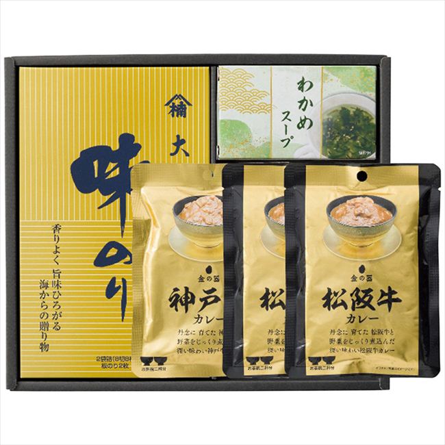 ■商品紹介：松阪牛と神戸牛のブランド牛カレーと、食卓にうれしい和の惣菜の詰合せ。ご縁を結ぶ、和の味わい。 ■商品内容：大森屋味付海苔(8切8枚2袋)・わかめスープ(5g×3袋)各1箱・金の器松阪牛カレー120g×2袋・金の器神戸牛カレー120g×1袋 ■商品パッケージサイズ：28.7×4×25.2cm メーカー希望小売価格はメーカーカタログに基づいて掲載しています ■さまざまなギフトアイテムをご用意しております。 内祝　内祝い　お祝い返し　ウェディングギフト　ブライダルギフト　引き出物　引出物　結婚引き出物　結婚引出物　結婚内祝い　出産内祝い命名内祝い　入園内祝い　入学内祝い　卒園内祝い　卒業内祝い　就職内祝い　新築内祝い　引越し内祝い　快気内祝い　開店内祝い　二次会披露宴　お祝い　御祝　結婚式　結婚祝い　出産祝い　初節句　七五三　入園祝い　入学祝い　卒園祝い　卒業祝い　成人式　就職祝い　昇進祝い新築祝い　上棟祝い　引っ越し祝い　引越し祝い　開店祝い　退職祝い　快気祝い　全快祝い　初老祝い　還暦祝い　古稀祝い　喜寿祝い　傘寿祝い米寿祝い　卒寿祝い　白寿祝い　長寿祝い　金婚式　銀婚式　ダイヤモンド婚式　結婚記念日　ギフト　ギフトセット　セット　詰め合わせ　贈答品　お返しお礼　御礼　ごあいさつ　ご挨拶　御挨拶　プレゼント　お見舞い　お見舞御礼　お餞別　引越し　引越しご挨拶　記念日　誕生日　父の日　母の日　敬老の日記念品　卒業記念品　定年退職記念品　ゴルフコンペ　コンペ景品　景品　賞品　粗品　お香典返し　香典返し　志　満中陰志　弔事　会葬御礼　法要法要引き出物　法要引出物　法事　法事引き出物　法事引出物　忌明け　四十九日　七七日忌明け志　一周忌　三回忌　回忌法要　偲び草　粗供養　初盆供物　お供え　お中元　御中元　お歳暮　御歳暮　お年賀　御年賀　残暑見舞い　年始挨拶　ボーリング大会　景品　レミパン　ゼリー　スターバックス千疋屋　結婚式　そうめん　ローラアシュレイ　プリン　話題　ディズニー　カタログギフト　ティファール　ビタクラフト　ステンレスタンブラー　リラックマのし無料　メッセージカード無料　ラッピング無料 ギフトにぴったりのアイテムをご紹介！贈り物に悩んでいる方へ、心温まるギフトアイテムを取り揃えました。高品質な食品、ふわふわのタオル、美しい食器、そしてセンスあふれる雑貨まで、幅広いラインナップであなたの大切な人への思いを伝えます。 特徴 高品質：厳選された素材と丁寧な製造工程で作られた商品ばかり。どれも長く愛用いただけます。 多用途：どんなシーンでも使える万能アイテムが揃っています。誕生日、結婚祝い、新築祝いなど、さまざまな場面に最適です。 デザイン：シンプルで洗練されたデザインから、カラフルで個性的なものまで、多彩なバリエーションをご用意。 お手頃価格：高品質ながら手ごろな価格で、コストパフォーマンスも抜群。おすすめの用途とシーン 誕生日プレゼント：大切な人の特別な日を祝うために、実用的かつ心温まるギフトを。食品やタオルは、日常で役立つアイテムとして喜ばれます。 結婚祝い：新しい生活を始めるカップルに、美しい食器やおしゃれな雑貨を。幸せな家庭を築くお手伝いができます。 新築祝い：新しい家に引っ越した友人や家族へ、インテリアにぴったりの雑貨や実用的なタオルを。快適な生活をサポートします。 お返しギフト：感謝の気持ちを込めて、おしゃれで実用的なアイテムを。食品はもちろん、使い心地の良いタオルや美しい食器も喜ばれます。 季節の贈り物：お中元やお歳暮、季節の挨拶として、季節に合ったギフトを。夏には涼しげな雑貨、冬には温かみのあるタオルや食品が最適です。 贈る相手に合わせたおすすめ グルメな方へ：美味しい食品を贈れば、食卓が一層華やかに。特別な時間を演出します。 家庭的な方へ：ふわふわのタオルや使いやすい食器で、日常生活に彩りを。 オシャレな方へ：センスあふれる雑貨で、インテリアを一層魅力的に。 まとめ あなたの気持ちを込めたギフト選びをお手伝いします。どれも心を込めて選んだアイテムばかりです。大切な人への贈り物として、自信を持っておすすめします。 商品概要 [分類] 以下のような商品をお探しの方にオススメです。スイーツ スィーツ スウィーツ Sweets ケーキ お菓子 洋菓子 デザート おやつ 小腹対策 食品 食べ物 / チョコレートケーキ チョコレート ガトーショコラ チーズケーキ 生菓子 生ケーキ ベイクドチーズケーキ [評価・マスコミ] ランキング1位のおすすめ(お勧め オススメ) インスタ映え SNS 評判 今話題の人気商品 [サービス] 以下のサービスをご利用いだだけます。不可の場合あり。お取り寄せ 全国配送 全国発送 オーダー 注文 デリバリー 取寄せ 宅配 ネット通販 持ち運び可 / 送料無料 送料込み 無料ギフト対応 日持ち長い 長期保存 賞味期限が長い 名入れ 当日発送 お急ぎ便 即日配送 即日発送 翌日配送 翌日発送 前日に買う あす楽 明日楽 即納 翌日 あす着 明日届く 配送日指定可 冷凍保存可 冷凍保管 冷凍便 ギフトラッピング ギフト対応 予約 メッセージ付き 有料メッセージカード 有料お誕生日カード ホワイトデー当日お届け可能 [パッケージ] 　 以下のような包装でお届けします。詰め合わせ セット アソート 化粧箱入り ラッピング不要 個包装 小分け 手提げ袋（有償） 2重梱包 [デザイン] 以下のようなイメージをお求めの方におすすめです。お洒落 可愛い ゴージャス 高級感 プレミアム サプライズ感 美しい インパクト 面白い 珍しい 希少 驚き シンプル 上品 スタイリッシュ エレガント モダン [ご用途] 工夫次第で様々な用途でご利用いただけます。贈り物 プレゼント ギフト プチギフト 贈答品 お祝い 御祝い 退職祝い 内祝い 出産祝い 出産内祝い 入学祝い 卒業祝い ご褒美 手土産 お土産 お使い物 お返し お礼 ご挨拶 ご進物 お配り 配る ばらまき バレンタインデー バレンタインデイ ヴァレンタイン 友チョコ 義理チョコ 本命チョコ 逆チョコ バレンタインチョコ ホワイトデー ホワイトデイ ホワイトデーのお返し 七五三 ひな祭り こどもの日 ハロウィン クリスマス お中元 お年賀 ウインターギフト 御中元 御歳暮 サマーギフト 残暑見舞い お歳暮 母の日 父の日 敬老の日 敬老会記念品 敬老会 結婚祝い 結婚内祝い 結婚記念日 結婚式二次会 二次会のプチギフト 結婚披露宴の引き出物 引き菓子 ウエディングパーティー 成人祝い 長寿祝い 還暦祝い 古希祝い 古稀祝い 喜寿祝い 傘寿祝い 米寿祝い 卒寿祝い 白寿祝い 紀寿祝い 百寿祝い 成人式 セレモニー イベント 内祝い 快気祝い 快気内祝い 出産内祝い 出産祝い 記念日 お返し ご進物 御使い物 お礼 ご挨拶 御礼 ご祝儀 祝儀の品 お使い物 ノベルティー 粗品 景品 長寿 法事 法要 仏事 年忌法事 志 粗供養 供養返し 香典返し 満中陰志 御供え お供え 御供物 弔事 七五三 ひな祭り 入学祝い 卒業祝い 卒園祝い 退職祝い 入社祝い 成人式 成人式のお祝い 朝食 食事代わり ティータイム ブレイクタイム ホームパーティー クリスマスケーキ 誕生日プレゼント 誕生祝い バースデーケーキ 学校 会社 職場 法人 取引先 部活 イベント サークル 介護施設 [おすすめの方] 以下のような様々なお客様にお喜びいただいております。10代 20代 30代 40代 50代 60代 70代 80代 90代 100歳以上 お母さん お父さん ママ パパ 兄弟姉妹 彼氏 彼女 恋人 義理の母 叔父さん 親戚の お嬢さん 大家族 家族 赤ちゃん 祖父 祖母 叔父 叔母 孫 おじいちゃん おばあちゃん じいじ ばあば 夫 旦那 妻 奥様 お嫁さん 奥さん 親 両親 娘 同僚 友達 仲間 友人 親友 上司 部下 先輩 後輩 お世話になった方 恩師 先生 大人数 女友達 法人 女性 男性 大人 子ども 子供用 小学生 中学生 高校生 男の子 女の子 辛党 甘党 甘いものが苦手 高齢者 お年寄り [その他おすすめ] 以下のような商品に興味のある方にもオススメです。大量 大量購入 財布に優しい 大人数 業務用 大量スイーツ お試し コスパ良い /松阪牛と神戸牛のブランド牛カレーと、食卓にうれしい和の惣菜の詰合せ。ご縁を結ぶ、和の味わい。