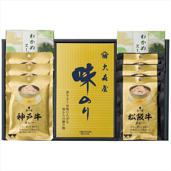 ■商品紹介：松阪牛と神戸牛のブランド牛カレーと、食卓にうれしい和の惣菜の詰合せ。ご縁を結ぶ、和の味わい。 ■商品内容：大森屋味付海苔(8切8枚2袋)1箱・わかめスープ(5g×3袋)2箱・金の器松阪牛カレー120g・金の器神戸牛カレー120g各3袋 ■商品パッケージサイズ：41×4×25.2cm メーカー希望小売価格はメーカーカタログに基づいて掲載しています ■さまざまなギフトアイテムをご用意しております。 内祝　内祝い　お祝い返し　ウェディングギフト　ブライダルギフト　引き出物　引出物　結婚引き出物　結婚引出物　結婚内祝い　出産内祝い命名内祝い　入園内祝い　入学内祝い　卒園内祝い　卒業内祝い　就職内祝い　新築内祝い　引越し内祝い　快気内祝い　開店内祝い　二次会披露宴　お祝い　御祝　結婚式　結婚祝い　出産祝い　初節句　七五三　入園祝い　入学祝い　卒園祝い　卒業祝い　成人式　就職祝い　昇進祝い新築祝い　上棟祝い　引っ越し祝い　引越し祝い　開店祝い　退職祝い　快気祝い　全快祝い　初老祝い　還暦祝い　古稀祝い　喜寿祝い　傘寿祝い米寿祝い　卒寿祝い　白寿祝い　長寿祝い　金婚式　銀婚式　ダイヤモンド婚式　結婚記念日　ギフト　ギフトセット　セット　詰め合わせ　贈答品　お返しお礼　御礼　ごあいさつ　ご挨拶　御挨拶　プレゼント　お見舞い　お見舞御礼　お餞別　引越し　引越しご挨拶　記念日　誕生日　父の日　母の日　敬老の日記念品　卒業記念品　定年退職記念品　ゴルフコンペ　コンペ景品　景品　賞品　粗品　お香典返し　香典返し　志　満中陰志　弔事　会葬御礼　法要法要引き出物　法要引出物　法事　法事引き出物　法事引出物　忌明け　四十九日　七七日忌明け志　一周忌　三回忌　回忌法要　偲び草　粗供養　初盆供物　お供え　お中元　御中元　お歳暮　御歳暮　お年賀　御年賀　残暑見舞い　年始挨拶　ボーリング大会　景品　レミパン　ゼリー　スターバックス千疋屋　結婚式　そうめん　ローラアシュレイ　プリン　話題　ディズニー　カタログギフト　ティファール　ビタクラフト　ステンレスタンブラー　リラックマのし無料　メッセージカード無料　ラッピング無料 ギフトにぴったりのアイテムをご紹介！贈り物に悩んでいる方へ、心温まるギフトアイテムを取り揃えました。高品質な食品、ふわふわのタオル、美しい食器、そしてセンスあふれる雑貨まで、幅広いラインナップであなたの大切な人への思いを伝えます。 特徴 高品質：厳選された素材と丁寧な製造工程で作られた商品ばかり。どれも長く愛用いただけます。 多用途：どんなシーンでも使える万能アイテムが揃っています。誕生日、結婚祝い、新築祝いなど、さまざまな場面に最適です。 デザイン：シンプルで洗練されたデザインから、カラフルで個性的なものまで、多彩なバリエーションをご用意。 お手頃価格：高品質ながら手ごろな価格で、コストパフォーマンスも抜群。おすすめの用途とシーン 誕生日プレゼント：大切な人の特別な日を祝うために、実用的かつ心温まるギフトを。食品やタオルは、日常で役立つアイテムとして喜ばれます。 結婚祝い：新しい生活を始めるカップルに、美しい食器やおしゃれな雑貨を。幸せな家庭を築くお手伝いができます。 新築祝い：新しい家に引っ越した友人や家族へ、インテリアにぴったりの雑貨や実用的なタオルを。快適な生活をサポートします。 お返しギフト：感謝の気持ちを込めて、おしゃれで実用的なアイテムを。食品はもちろん、使い心地の良いタオルや美しい食器も喜ばれます。 季節の贈り物：お中元やお歳暮、季節の挨拶として、季節に合ったギフトを。夏には涼しげな雑貨、冬には温かみのあるタオルや食品が最適です。 贈る相手に合わせたおすすめ グルメな方へ：美味しい食品を贈れば、食卓が一層華やかに。特別な時間を演出します。 家庭的な方へ：ふわふわのタオルや使いやすい食器で、日常生活に彩りを。 オシャレな方へ：センスあふれる雑貨で、インテリアを一層魅力的に。 まとめ あなたの気持ちを込めたギフト選びをお手伝いします。どれも心を込めて選んだアイテムばかりです。大切な人への贈り物として、自信を持っておすすめします。 商品概要 [分類] 以下のような商品をお探しの方にオススメです。スイーツ スィーツ スウィーツ Sweets ケーキ お菓子 洋菓子 デザート おやつ 小腹対策 食品 食べ物 / チョコレートケーキ チョコレート ガトーショコラ チーズケーキ 生菓子 生ケーキ ベイクドチーズケーキ [評価・マスコミ] ランキング1位のおすすめ(お勧め オススメ) インスタ映え SNS 評判 今話題の人気商品 [サービス] 以下のサービスをご利用いだだけます。不可の場合あり。お取り寄せ 全国配送 全国発送 オーダー 注文 デリバリー 取寄せ 宅配 ネット通販 持ち運び可 / 送料無料 送料込み 無料ギフト対応 日持ち長い 長期保存 賞味期限が長い 名入れ 当日発送 お急ぎ便 即日配送 即日発送 翌日配送 翌日発送 前日に買う あす楽 明日楽 即納 翌日 あす着 明日届く 配送日指定可 冷凍保存可 冷凍保管 冷凍便 ギフトラッピング ギフト対応 予約 メッセージ付き 有料メッセージカード 有料お誕生日カード ホワイトデー当日お届け可能 [パッケージ] 　 以下のような包装でお届けします。詰め合わせ セット アソート 化粧箱入り ラッピング不要 個包装 小分け 手提げ袋（有償） 2重梱包 [デザイン] 以下のようなイメージをお求めの方におすすめです。お洒落 可愛い ゴージャス 高級感 プレミアム サプライズ感 美しい インパクト 面白い 珍しい 希少 驚き シンプル 上品 スタイリッシュ エレガント モダン [ご用途] 工夫次第で様々な用途でご利用いただけます。贈り物 プレゼント ギフト プチギフト 贈答品 お祝い 御祝い 退職祝い 内祝い 出産祝い 出産内祝い 入学祝い 卒業祝い ご褒美 手土産 お土産 お使い物 お返し お礼 ご挨拶 ご進物 お配り 配る ばらまき バレンタインデー バレンタインデイ ヴァレンタイン 友チョコ 義理チョコ 本命チョコ 逆チョコ バレンタインチョコ ホワイトデー ホワイトデイ ホワイトデーのお返し 七五三 ひな祭り こどもの日 ハロウィン クリスマス お中元 お年賀 ウインターギフト 御中元 御歳暮 サマーギフト 残暑見舞い お歳暮 母の日 父の日 敬老の日 敬老会記念品 敬老会 結婚祝い 結婚内祝い 結婚記念日 結婚式二次会 二次会のプチギフト 結婚披露宴の引き出物 引き菓子 ウエディングパーティー 成人祝い 長寿祝い 還暦祝い 古希祝い 古稀祝い 喜寿祝い 傘寿祝い 米寿祝い 卒寿祝い 白寿祝い 紀寿祝い 百寿祝い 成人式 セレモニー イベント 内祝い 快気祝い 快気内祝い 出産内祝い 出産祝い 記念日 お返し ご進物 御使い物 お礼 ご挨拶 御礼 ご祝儀 祝儀の品 お使い物 ノベルティー 粗品 景品 長寿 法事 法要 仏事 年忌法事 志 粗供養 供養返し 香典返し 満中陰志 御供え お供え 御供物 弔事 七五三 ひな祭り 入学祝い 卒業祝い 卒園祝い 退職祝い 入社祝い 成人式 成人式のお祝い 朝食 食事代わり ティータイム ブレイクタイム ホームパーティー クリスマスケーキ 誕生日プレゼント 誕生祝い バースデーケーキ 学校 会社 職場 法人 取引先 部活 イベント サークル 介護施設 [おすすめの方] 以下のような様々なお客様にお喜びいただいております。10代 20代 30代 40代 50代 60代 70代 80代 90代 100歳以上 お母さん お父さん ママ パパ 兄弟姉妹 彼氏 彼女 恋人 義理の母 叔父さん 親戚の お嬢さん 大家族 家族 赤ちゃん 祖父 祖母 叔父 叔母 孫 おじいちゃん おばあちゃん じいじ ばあば 夫 旦那 妻 奥様 お嫁さん 奥さん 親 両親 娘 同僚 友達 仲間 友人 親友 上司 部下 先輩 後輩 お世話になった方 恩師 先生 大人数 女友達 法人 女性 男性 大人 子ども 子供用 小学生 中学生 高校生 男の子 女の子 辛党 甘党 甘いものが苦手 高齢者 お年寄り [その他おすすめ] 以下のような商品に興味のある方にもオススメです。大量 大量購入 財布に優しい 大人数 業務用 大量スイーツ お試し コスパ良い /松阪牛と神戸牛のブランド牛カレーと、食卓にうれしい和の惣菜の詰合せ。ご縁を結ぶ、和の味わい。