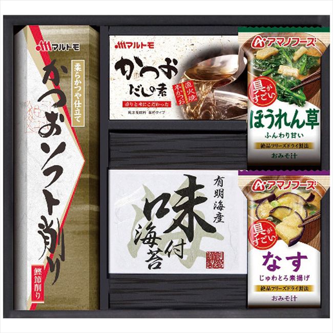 ■商品紹介：つくりたてのおいしさを味わえるみそ汁と毎日の食卓にうれしい和の詰合せ ■商品内容：マルトモかつおソフト削り(2g×3袋)・マルトモかつおだしの素(4g×4袋)・有明海産味付海苔(8切6枚2袋)各1個・アマノほうれん草おみそ汁・アマノなすおみそ汁各1袋 ■商品パッケージサイズ：27×7×25cm メーカー希望小売価格はメーカーカタログに基づいて掲載しています ■さまざまなギフトアイテムをご用意しております。 内祝　内祝い　お祝い返し　ウェディングギフト　ブライダルギフト　引き出物　引出物　結婚引き出物　結婚引出物　結婚内祝い　出産内祝い命名内祝い　入園内祝い　入学内祝い　卒園内祝い　卒業内祝い　就職内祝い　新築内祝い　引越し内祝い　快気内祝い　開店内祝い　二次会披露宴　お祝い　御祝　結婚式　結婚祝い　出産祝い　初節句　七五三　入園祝い　入学祝い　卒園祝い　卒業祝い　成人式　就職祝い　昇進祝い新築祝い　上棟祝い　引っ越し祝い　引越し祝い　開店祝い　退職祝い　快気祝い　全快祝い　初老祝い　還暦祝い　古稀祝い　喜寿祝い　傘寿祝い米寿祝い　卒寿祝い　白寿祝い　長寿祝い　金婚式　銀婚式　ダイヤモンド婚式　結婚記念日　ギフト　ギフトセット　セット　詰め合わせ　贈答品　お返しお礼　御礼　ごあいさつ　ご挨拶　御挨拶　プレゼント　お見舞い　お見舞御礼　お餞別　引越し　引越しご挨拶　記念日　誕生日　父の日　母の日　敬老の日記念品　卒業記念品　定年退職記念品　ゴルフコンペ　コンペ景品　景品　賞品　粗品　お香典返し　香典返し　志　満中陰志　弔事　会葬御礼　法要法要引き出物　法要引出物　法事　法事引き出物　法事引出物　忌明け　四十九日　七七日忌明け志　一周忌　三回忌　回忌法要　偲び草　粗供養　初盆供物　お供え　お中元　御中元　お歳暮　御歳暮　お年賀　御年賀　残暑見舞い　年始挨拶　ボーリング大会　景品　レミパン　ゼリー　スターバックス千疋屋　結婚式　そうめん　ローラアシュレイ　プリン　話題　ディズニー　カタログギフト　ティファール　ビタクラフト　ステンレスタンブラー　リラックマのし無料　メッセージカード無料　ラッピング無料 ギフトにぴったりのアイテムをご紹介！贈り物に悩んでいる方へ、心温まるギフトアイテムを取り揃えました。高品質な食品、ふわふわのタオル、美しい食器、そしてセンスあふれる雑貨まで、幅広いラインナップであなたの大切な人への思いを伝えます。 特徴 高品質：厳選された素材と丁寧な製造工程で作られた商品ばかり。どれも長く愛用いただけます。 多用途：どんなシーンでも使える万能アイテムが揃っています。誕生日、結婚祝い、新築祝いなど、さまざまな場面に最適です。 デザイン：シンプルで洗練されたデザインから、カラフルで個性的なものまで、多彩なバリエーションをご用意。 お手頃価格：高品質ながら手ごろな価格で、コストパフォーマンスも抜群。おすすめの用途とシーン 誕生日プレゼント：大切な人の特別な日を祝うために、実用的かつ心温まるギフトを。食品やタオルは、日常で役立つアイテムとして喜ばれます。 結婚祝い：新しい生活を始めるカップルに、美しい食器やおしゃれな雑貨を。幸せな家庭を築くお手伝いができます。 新築祝い：新しい家に引っ越した友人や家族へ、インテリアにぴったりの雑貨や実用的なタオルを。快適な生活をサポートします。 お返しギフト：感謝の気持ちを込めて、おしゃれで実用的なアイテムを。食品はもちろん、使い心地の良いタオルや美しい食器も喜ばれます。 季節の贈り物：お中元やお歳暮、季節の挨拶として、季節に合ったギフトを。夏には涼しげな雑貨、冬には温かみのあるタオルや食品が最適です。 贈る相手に合わせたおすすめ グルメな方へ：美味しい食品を贈れば、食卓が一層華やかに。特別な時間を演出します。 家庭的な方へ：ふわふわのタオルや使いやすい食器で、日常生活に彩りを。 オシャレな方へ：センスあふれる雑貨で、インテリアを一層魅力的に。 まとめ あなたの気持ちを込めたギフト選びをお手伝いします。どれも心を込めて選んだアイテムばかりです。大切な人への贈り物として、自信を持っておすすめします。 商品概要 [分類] 以下のような商品をお探しの方にオススメです。スイーツ スィーツ スウィーツ Sweets ケーキ お菓子 洋菓子 デザート おやつ 小腹対策 食品 食べ物 / チョコレートケーキ チョコレート ガトーショコラ チーズケーキ 生菓子 生ケーキ ベイクドチーズケーキ [評価・マスコミ] ランキング1位のおすすめ(お勧め オススメ) インスタ映え SNS 評判 今話題の人気商品 [サービス] 以下のサービスをご利用いだだけます。不可の場合あり。お取り寄せ 全国配送 全国発送 オーダー 注文 デリバリー 取寄せ 宅配 ネット通販 持ち運び可 / 送料無料 送料込み 無料ギフト対応 日持ち長い 長期保存 賞味期限が長い 名入れ 当日発送 お急ぎ便 即日配送 即日発送 翌日配送 翌日発送 前日に買う あす楽 明日楽 即納 翌日 あす着 明日届く 配送日指定可 冷凍保存可 冷凍保管 冷凍便 ギフトラッピング ギフト対応 予約 メッセージ付き 有料メッセージカード 有料お誕生日カード ホワイトデー当日お届け可能 [パッケージ] 　 以下のような包装でお届けします。詰め合わせ セット アソート 化粧箱入り ラッピング不要 個包装 小分け 手提げ袋（有償） 2重梱包 [デザイン] 以下のようなイメージをお求めの方におすすめです。お洒落 可愛い ゴージャス 高級感 プレミアム サプライズ感 美しい インパクト 面白い 珍しい 希少 驚き シンプル 上品 スタイリッシュ エレガント モダン [ご用途] 工夫次第で様々な用途でご利用いただけます。贈り物 プレゼント ギフト プチギフト 贈答品 お祝い 御祝い 退職祝い 内祝い 出産祝い 出産内祝い 入学祝い 卒業祝い ご褒美 手土産 お土産 お使い物 お返し お礼 ご挨拶 ご進物 お配り 配る ばらまき バレンタインデー バレンタインデイ ヴァレンタイン 友チョコ 義理チョコ 本命チョコ 逆チョコ バレンタインチョコ ホワイトデー ホワイトデイ ホワイトデーのお返し 七五三 ひな祭り こどもの日 ハロウィン クリスマス お中元 お年賀 ウインターギフト 御中元 御歳暮 サマーギフト 残暑見舞い お歳暮 母の日 父の日 敬老の日 敬老会記念品 敬老会 結婚祝い 結婚内祝い 結婚記念日 結婚式二次会 二次会のプチギフト 結婚披露宴の引き出物 引き菓子 ウエディングパーティー 成人祝い 長寿祝い 還暦祝い 古希祝い 古稀祝い 喜寿祝い 傘寿祝い 米寿祝い 卒寿祝い 白寿祝い 紀寿祝い 百寿祝い 成人式 セレモニー イベント 内祝い 快気祝い 快気内祝い 出産内祝い 出産祝い 記念日 お返し ご進物 御使い物 お礼 ご挨拶 御礼 ご祝儀 祝儀の品 お使い物 ノベルティー 粗品 景品 長寿 法事 法要 仏事 年忌法事 志 粗供養 供養返し 香典返し 満中陰志 御供え お供え 御供物 弔事 七五三 ひな祭り 入学祝い 卒業祝い 卒園祝い 退職祝い 入社祝い 成人式 成人式のお祝い 朝食 食事代わり ティータイム ブレイクタイム ホームパーティー クリスマスケーキ 誕生日プレゼント 誕生祝い バースデーケーキ 学校 会社 職場 法人 取引先 部活 イベント サークル 介護施設 [おすすめの方] 以下のような様々なお客様にお喜びいただいております。10代 20代 30代 40代 50代 60代 70代 80代 90代 100歳以上 お母さん お父さん ママ パパ 兄弟姉妹 彼氏 彼女 恋人 義理の母 叔父さん 親戚の お嬢さん 大家族 家族 赤ちゃん 祖父 祖母 叔父 叔母 孫 おじいちゃん おばあちゃん じいじ ばあば 夫 旦那 妻 奥様 お嫁さん 奥さん 親 両親 娘 同僚 友達 仲間 友人 親友 上司 部下 先輩 後輩 お世話になった方 恩師 先生 大人数 女友達 法人 女性 男性 大人 子ども 子供用 小学生 中学生 高校生 男の子 女の子 辛党 甘党 甘いものが苦手 高齢者 お年寄り [その他おすすめ] 以下のような商品に興味のある方にもオススメです。大量 大量購入 財布に優しい 大人数 業務用 大量スイーツ お試し コスパ良い /つくりたてのおいしさを味わえるみそ汁と毎日の食卓にうれしい和の詰合せ