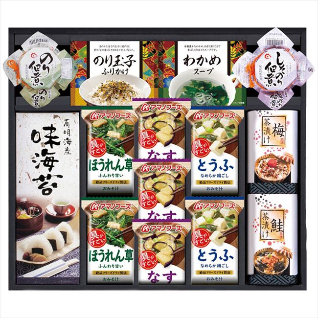■商品紹介：つくりたてのおいしさを味わえるみそ汁と毎日の食卓にうれしい和の詰合せ ■商品内容：のり玉子ふりかけ(4.5g×2袋)・わかめスープ(5.3g×2袋)・有明海産味付海苔(3切4枚)・梅茶漬け(4.3g×2袋)・鮭茶漬け(4.7g×2袋)各1個・島の香のり佃煮80g・島の香しそのり佃煮80g各1瓶・アマノほうれん草おみそ汁・アマノとうふおみそ汁各2袋・アマノなすおみそ汁3袋 ■商品パッケージサイズ：40×7×35cm メーカー希望小売価格はメーカーカタログに基づいて掲載しています ■さまざまなギフトアイテムをご用意しております。 内祝　内祝い　お祝い返し　ウェディングギフト　ブライダルギフト　引き出物　引出物　結婚引き出物　結婚引出物　結婚内祝い　出産内祝い命名内祝い　入園内祝い　入学内祝い　卒園内祝い　卒業内祝い　就職内祝い　新築内祝い　引越し内祝い　快気内祝い　開店内祝い　二次会披露宴　お祝い　御祝　結婚式　結婚祝い　出産祝い　初節句　七五三　入園祝い　入学祝い　卒園祝い　卒業祝い　成人式　就職祝い　昇進祝い新築祝い　上棟祝い　引っ越し祝い　引越し祝い　開店祝い　退職祝い　快気祝い　全快祝い　初老祝い　還暦祝い　古稀祝い　喜寿祝い　傘寿祝い米寿祝い　卒寿祝い　白寿祝い　長寿祝い　金婚式　銀婚式　ダイヤモンド婚式　結婚記念日　ギフト　ギフトセット　セット　詰め合わせ　贈答品　お返しお礼　御礼　ごあいさつ　ご挨拶　御挨拶　プレゼント　お見舞い　お見舞御礼　お餞別　引越し　引越しご挨拶　記念日　誕生日　父の日　母の日　敬老の日記念品　卒業記念品　定年退職記念品　ゴルフコンペ　コンペ景品　景品　賞品　粗品　お香典返し　香典返し　志　満中陰志　弔事　会葬御礼　法要法要引き出物　法要引出物　法事　法事引き出物　法事引出物　忌明け　四十九日　七七日忌明け志　一周忌　三回忌　回忌法要　偲び草　粗供養　初盆供物　お供え　お中元　御中元　お歳暮　御歳暮　お年賀　御年賀　残暑見舞い　年始挨拶　ボーリング大会　景品　レミパン　ゼリー　スターバックス千疋屋　結婚式　そうめん　ローラアシュレイ　プリン　話題　ディズニー　カタログギフト　ティファール　ビタクラフト　ステンレスタンブラー　リラックマのし無料　メッセージカード無料　ラッピング無料 ギフトにぴったりのアイテムをご紹介！贈り物に悩んでいる方へ、心温まるギフトアイテムを取り揃えました。高品質な食品、ふわふわのタオル、美しい食器、そしてセンスあふれる雑貨まで、幅広いラインナップであなたの大切な人への思いを伝えます。 特徴 高品質：厳選された素材と丁寧な製造工程で作られた商品ばかり。どれも長く愛用いただけます。 多用途：どんなシーンでも使える万能アイテムが揃っています。誕生日、結婚祝い、新築祝いなど、さまざまな場面に最適です。 デザイン：シンプルで洗練されたデザインから、カラフルで個性的なものまで、多彩なバリエーションをご用意。 お手頃価格：高品質ながら手ごろな価格で、コストパフォーマンスも抜群。おすすめの用途とシーン 誕生日プレゼント：大切な人の特別な日を祝うために、実用的かつ心温まるギフトを。食品やタオルは、日常で役立つアイテムとして喜ばれます。 結婚祝い：新しい生活を始めるカップルに、美しい食器やおしゃれな雑貨を。幸せな家庭を築くお手伝いができます。 新築祝い：新しい家に引っ越した友人や家族へ、インテリアにぴったりの雑貨や実用的なタオルを。快適な生活をサポートします。 お返しギフト：感謝の気持ちを込めて、おしゃれで実用的なアイテムを。食品はもちろん、使い心地の良いタオルや美しい食器も喜ばれます。 季節の贈り物：お中元やお歳暮、季節の挨拶として、季節に合ったギフトを。夏には涼しげな雑貨、冬には温かみのあるタオルや食品が最適です。 贈る相手に合わせたおすすめ グルメな方へ：美味しい食品を贈れば、食卓が一層華やかに。特別な時間を演出します。 家庭的な方へ：ふわふわのタオルや使いやすい食器で、日常生活に彩りを。 オシャレな方へ：センスあふれる雑貨で、インテリアを一層魅力的に。 まとめ あなたの気持ちを込めたギフト選びをお手伝いします。どれも心を込めて選んだアイテムばかりです。大切な人への贈り物として、自信を持っておすすめします。 商品概要 [分類] 以下のような商品をお探しの方にオススメです。スイーツ スィーツ スウィーツ Sweets ケーキ お菓子 洋菓子 デザート おやつ 小腹対策 食品 食べ物 / チョコレートケーキ チョコレート ガトーショコラ チーズケーキ 生菓子 生ケーキ ベイクドチーズケーキ [評価・マスコミ] ランキング1位のおすすめ(お勧め オススメ) インスタ映え SNS 評判 今話題の人気商品 [サービス] 以下のサービスをご利用いだだけます。不可の場合あり。お取り寄せ 全国配送 全国発送 オーダー 注文 デリバリー 取寄せ 宅配 ネット通販 持ち運び可 / 送料無料 送料込み 無料ギフト対応 日持ち長い 長期保存 賞味期限が長い 名入れ 当日発送 お急ぎ便 即日配送 即日発送 翌日配送 翌日発送 前日に買う あす楽 明日楽 即納 翌日 あす着 明日届く 配送日指定可 冷凍保存可 冷凍保管 冷凍便 ギフトラッピング ギフト対応 予約 メッセージ付き 有料メッセージカード 有料お誕生日カード ホワイトデー当日お届け可能 [パッケージ] 　 以下のような包装でお届けします。詰め合わせ セット アソート 化粧箱入り ラッピング不要 個包装 小分け 手提げ袋（有償） 2重梱包 [デザイン] 以下のようなイメージをお求めの方におすすめです。お洒落 可愛い ゴージャス 高級感 プレミアム サプライズ感 美しい インパクト 面白い 珍しい 希少 驚き シンプル 上品 スタイリッシュ エレガント モダン [ご用途] 工夫次第で様々な用途でご利用いただけます。贈り物 プレゼント ギフト プチギフト 贈答品 お祝い 御祝い 退職祝い 内祝い 出産祝い 出産内祝い 入学祝い 卒業祝い ご褒美 手土産 お土産 お使い物 お返し お礼 ご挨拶 ご進物 お配り 配る ばらまき バレンタインデー バレンタインデイ ヴァレンタイン 友チョコ 義理チョコ 本命チョコ 逆チョコ バレンタインチョコ ホワイトデー ホワイトデイ ホワイトデーのお返し 七五三 ひな祭り こどもの日 ハロウィン クリスマス お中元 お年賀 ウインターギフト 御中元 御歳暮 サマーギフト 残暑見舞い お歳暮 母の日 父の日 敬老の日 敬老会記念品 敬老会 結婚祝い 結婚内祝い 結婚記念日 結婚式二次会 二次会のプチギフト 結婚披露宴の引き出物 引き菓子 ウエディングパーティー 成人祝い 長寿祝い 還暦祝い 古希祝い 古稀祝い 喜寿祝い 傘寿祝い 米寿祝い 卒寿祝い 白寿祝い 紀寿祝い 百寿祝い 成人式 セレモニー イベント 内祝い 快気祝い 快気内祝い 出産内祝い 出産祝い 記念日 お返し ご進物 御使い物 お礼 ご挨拶 御礼 ご祝儀 祝儀の品 お使い物 ノベルティー 粗品 景品 長寿 法事 法要 仏事 年忌法事 志 粗供養 供養返し 香典返し 満中陰志 御供え お供え 御供物 弔事 七五三 ひな祭り 入学祝い 卒業祝い 卒園祝い 退職祝い 入社祝い 成人式 成人式のお祝い 朝食 食事代わり ティータイム ブレイクタイム ホームパーティー クリスマスケーキ 誕生日プレゼント 誕生祝い バースデーケーキ 学校 会社 職場 法人 取引先 部活 イベント サークル 介護施設 [おすすめの方] 以下のような様々なお客様にお喜びいただいております。10代 20代 30代 40代 50代 60代 70代 80代 90代 100歳以上 お母さん お父さん ママ パパ 兄弟姉妹 彼氏 彼女 恋人 義理の母 叔父さん 親戚の お嬢さん 大家族 家族 赤ちゃん 祖父 祖母 叔父 叔母 孫 おじいちゃん おばあちゃん じいじ ばあば 夫 旦那 妻 奥様 お嫁さん 奥さん 親 両親 娘 同僚 友達 仲間 友人 親友 上司 部下 先輩 後輩 お世話になった方 恩師 先生 大人数 女友達 法人 女性 男性 大人 子ども 子供用 小学生 中学生 高校生 男の子 女の子 辛党 甘党 甘いものが苦手 高齢者 お年寄り [その他おすすめ] 以下のような商品に興味のある方にもオススメです。大量 大量購入 財布に優しい 大人数 業務用 大量スイーツ お試し コスパ良い /つくりたてのおいしさを味わえるみそ汁と毎日の食卓にうれしい和の詰合せ