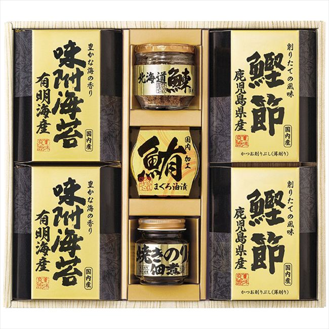 ■商品紹介：北海道産の鰊フレーク、小豆島で製造された焼き海苔入りの佃煮、鹿児島県産鰹節などの選りすぐりの逸品を詰合せた和風ギフトです。 ■商品内容：北海道産鰊フレーク50g・焼きのり佃煮85g各1瓶・鰹削り節(2g×3袋)・有明海産味付け海苔(8切10枚)各2箱・まぐろ油漬け70g×1缶 ■商品パッケージサイズ：37×8×32cm メーカー希望小売価格はメーカーカタログに基づいて掲載しています ■さまざまなギフトアイテムをご用意しております。 内祝　内祝い　お祝い返し　ウェディングギフト　ブライダルギフト　引き出物　引出物　結婚引き出物　結婚引出物　結婚内祝い　出産内祝い命名内祝い　入園内祝い　入学内祝い　卒園内祝い　卒業内祝い　就職内祝い　新築内祝い　引越し内祝い　快気内祝い　開店内祝い　二次会披露宴　お祝い　御祝　結婚式　結婚祝い　出産祝い　初節句　七五三　入園祝い　入学祝い　卒園祝い　卒業祝い　成人式　就職祝い　昇進祝い新築祝い　上棟祝い　引っ越し祝い　引越し祝い　開店祝い　退職祝い　快気祝い　全快祝い　初老祝い　還暦祝い　古稀祝い　喜寿祝い　傘寿祝い米寿祝い　卒寿祝い　白寿祝い　長寿祝い　金婚式　銀婚式　ダイヤモンド婚式　結婚記念日　ギフト　ギフトセット　セット　詰め合わせ　贈答品　お返しお礼　御礼　ごあいさつ　ご挨拶　御挨拶　プレゼント　お見舞い　お見舞御礼　お餞別　引越し　引越しご挨拶　記念日　誕生日　父の日　母の日　敬老の日記念品　卒業記念品　定年退職記念品　ゴルフコンペ　コンペ景品　景品　賞品　粗品　お香典返し　香典返し　志　満中陰志　弔事　会葬御礼　法要法要引き出物　法要引出物　法事　法事引き出物　法事引出物　忌明け　四十九日　七七日忌明け志　一周忌　三回忌　回忌法要　偲び草　粗供養　初盆供物　お供え　お中元　御中元　お歳暮　御歳暮　お年賀　御年賀　残暑見舞い　年始挨拶　ボーリング大会　景品　レミパン　ゼリー　スターバックス千疋屋　結婚式　そうめん　ローラアシュレイ　プリン　話題　ディズニー　カタログギフト　ティファール　ビタクラフト　ステンレスタンブラー　リラックマのし無料　メッセージカード無料　ラッピング無料 ギフトにぴったりのアイテムをご紹介！贈り物に悩んでいる方へ、心温まるギフトアイテムを取り揃えました。高品質な食品、ふわふわのタオル、美しい食器、そしてセンスあふれる雑貨まで、幅広いラインナップであなたの大切な人への思いを伝えます。 特徴 高品質：厳選された素材と丁寧な製造工程で作られた商品ばかり。どれも長く愛用いただけます。 多用途：どんなシーンでも使える万能アイテムが揃っています。誕生日、結婚祝い、新築祝いなど、さまざまな場面に最適です。 デザイン：シンプルで洗練されたデザインから、カラフルで個性的なものまで、多彩なバリエーションをご用意。 お手頃価格：高品質ながら手ごろな価格で、コストパフォーマンスも抜群。おすすめの用途とシーン 誕生日プレゼント：大切な人の特別な日を祝うために、実用的かつ心温まるギフトを。食品やタオルは、日常で役立つアイテムとして喜ばれます。 結婚祝い：新しい生活を始めるカップルに、美しい食器やおしゃれな雑貨を。幸せな家庭を築くお手伝いができます。 新築祝い：新しい家に引っ越した友人や家族へ、インテリアにぴったりの雑貨や実用的なタオルを。快適な生活をサポートします。 お返しギフト：感謝の気持ちを込めて、おしゃれで実用的なアイテムを。食品はもちろん、使い心地の良いタオルや美しい食器も喜ばれます。 季節の贈り物：お中元やお歳暮、季節の挨拶として、季節に合ったギフトを。夏には涼しげな雑貨、冬には温かみのあるタオルや食品が最適です。 贈る相手に合わせたおすすめ グルメな方へ：美味しい食品を贈れば、食卓が一層華やかに。特別な時間を演出します。 家庭的な方へ：ふわふわのタオルや使いやすい食器で、日常生活に彩りを。 オシャレな方へ：センスあふれる雑貨で、インテリアを一層魅力的に。 まとめ あなたの気持ちを込めたギフト選びをお手伝いします。どれも心を込めて選んだアイテムばかりです。大切な人への贈り物として、自信を持っておすすめします。 商品概要 [分類] 以下のような商品をお探しの方にオススメです。スイーツ スィーツ スウィーツ Sweets ケーキ お菓子 洋菓子 デザート おやつ 小腹対策 食品 食べ物 / チョコレートケーキ チョコレート ガトーショコラ チーズケーキ 生菓子 生ケーキ ベイクドチーズケーキ [評価・マスコミ] ランキング1位のおすすめ(お勧め オススメ) インスタ映え SNS 評判 今話題の人気商品 [サービス] 以下のサービスをご利用いだだけます。不可の場合あり。お取り寄せ 全国配送 全国発送 オーダー 注文 デリバリー 取寄せ 宅配 ネット通販 持ち運び可 / 送料無料 送料込み 無料ギフト対応 日持ち長い 長期保存 賞味期限が長い 名入れ 当日発送 お急ぎ便 即日配送 即日発送 翌日配送 翌日発送 前日に買う あす楽 明日楽 即納 翌日 あす着 明日届く 配送日指定可 冷凍保存可 冷凍保管 冷凍便 ギフトラッピング ギフト対応 予約 メッセージ付き 有料メッセージカード 有料お誕生日カード ホワイトデー当日お届け可能 [パッケージ] 　 以下のような包装でお届けします。詰め合わせ セット アソート 化粧箱入り ラッピング不要 個包装 小分け 手提げ袋（有償） 2重梱包 [デザイン] 以下のようなイメージをお求めの方におすすめです。お洒落 可愛い ゴージャス 高級感 プレミアム サプライズ感 美しい インパクト 面白い 珍しい 希少 驚き シンプル 上品 スタイリッシュ エレガント モダン [ご用途] 工夫次第で様々な用途でご利用いただけます。贈り物 プレゼント ギフト プチギフト 贈答品 お祝い 御祝い 退職祝い 内祝い 出産祝い 出産内祝い 入学祝い 卒業祝い ご褒美 手土産 お土産 お使い物 お返し お礼 ご挨拶 ご進物 お配り 配る ばらまき バレンタインデー バレンタインデイ ヴァレンタイン 友チョコ 義理チョコ 本命チョコ 逆チョコ バレンタインチョコ ホワイトデー ホワイトデイ ホワイトデーのお返し 七五三 ひな祭り こどもの日 ハロウィン クリスマス お中元 お年賀 ウインターギフト 御中元 御歳暮 サマーギフト 残暑見舞い お歳暮 母の日 父の日 敬老の日 敬老会記念品 敬老会 結婚祝い 結婚内祝い 結婚記念日 結婚式二次会 二次会のプチギフト 結婚披露宴の引き出物 引き菓子 ウエディングパーティー 成人祝い 長寿祝い 還暦祝い 古希祝い 古稀祝い 喜寿祝い 傘寿祝い 米寿祝い 卒寿祝い 白寿祝い 紀寿祝い 百寿祝い 成人式 セレモニー イベント 内祝い 快気祝い 快気内祝い 出産内祝い 出産祝い 記念日 お返し ご進物 御使い物 お礼 ご挨拶 御礼 ご祝儀 祝儀の品 お使い物 ノベルティー 粗品 景品 長寿 法事 法要 仏事 年忌法事 志 粗供養 供養返し 香典返し 満中陰志 御供え お供え 御供物 弔事 七五三 ひな祭り 入学祝い 卒業祝い 卒園祝い 退職祝い 入社祝い 成人式 成人式のお祝い 朝食 食事代わり ティータイム ブレイクタイム ホームパーティー クリスマスケーキ 誕生日プレゼント 誕生祝い バースデーケーキ 学校 会社 職場 法人 取引先 部活 イベント サークル 介護施設 [おすすめの方] 以下のような様々なお客様にお喜びいただいております。10代 20代 30代 40代 50代 60代 70代 80代 90代 100歳以上 お母さん お父さん ママ パパ 兄弟姉妹 彼氏 彼女 恋人 義理の母 叔父さん 親戚の お嬢さん 大家族 家族 赤ちゃん 祖父 祖母 叔父 叔母 孫 おじいちゃん おばあちゃん じいじ ばあば 夫 旦那 妻 奥様 お嫁さん 奥さん 親 両親 娘 同僚 友達 仲間 友人 親友 上司 部下 先輩 後輩 お世話になった方 恩師 先生 大人数 女友達 法人 女性 男性 大人 子ども 子供用 小学生 中学生 高校生 男の子 女の子 辛党 甘党 甘いものが苦手 高齢者 お年寄り [その他おすすめ] 以下のような商品に興味のある方にもオススメです。大量 大量購入 財布に優しい 大人数 業務用 大量スイーツ お試し コスパ良い /北海道産の鰊フレーク、小豆島で製造された焼き海苔入りの佃煮、鹿児島県産鰹節などの選りすぐりの逸品を詰合せた和風ギフトです。