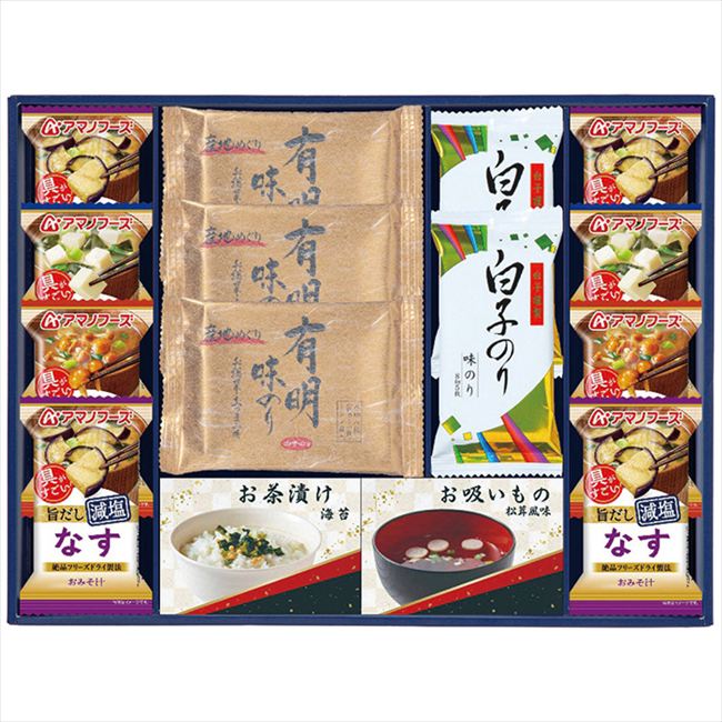 ■商品紹介：3種のアマノフーズ減塩タイプのおみそ汁と白子のり・永谷園松茸風味のお吸いもの、永谷園お茶漬け海苔が入った詰合せギフトです。 ■商品内容：白子のり有明味のり(8切8枚)3個・白子のり味のり(8切5枚)2個・減塩いつものおみそ汁(なす4個・なめこ・とうふ各2個)・永谷園お吸いもの松茸風味(2.3g×3袋)・永谷園お茶漬け海苔(4.7g×3袋)各1箱 ■商品パッケージサイズ：43.5×4.5×32.2cm メーカー希望小売価格はメーカーカタログに基づいて掲載しています ■さまざまなギフトアイテムをご用意しております。 内祝　内祝い　お祝い返し　ウェディングギフト　ブライダルギフト　引き出物　引出物　結婚引き出物　結婚引出物　結婚内祝い　出産内祝い命名内祝い　入園内祝い　入学内祝い　卒園内祝い　卒業内祝い　就職内祝い　新築内祝い　引越し内祝い　快気内祝い　開店内祝い　二次会披露宴　お祝い　御祝　結婚式　結婚祝い　出産祝い　初節句　七五三　入園祝い　入学祝い　卒園祝い　卒業祝い　成人式　就職祝い　昇進祝い新築祝い　上棟祝い　引っ越し祝い　引越し祝い　開店祝い　退職祝い　快気祝い　全快祝い　初老祝い　還暦祝い　古稀祝い　喜寿祝い　傘寿祝い米寿祝い　卒寿祝い　白寿祝い　長寿祝い　金婚式　銀婚式　ダイヤモンド婚式　結婚記念日　ギフト　ギフトセット　セット　詰め合わせ　贈答品　お返しお礼　御礼　ごあいさつ　ご挨拶　御挨拶　プレゼント　お見舞い　お見舞御礼　お餞別　引越し　引越しご挨拶　記念日　誕生日　父の日　母の日　敬老の日記念品　卒業記念品　定年退職記念品　ゴルフコンペ　コンペ景品　景品　賞品　粗品　お香典返し　香典返し　志　満中陰志　弔事　会葬御礼　法要法要引き出物　法要引出物　法事　法事引き出物　法事引出物　忌明け　四十九日　七七日忌明け志　一周忌　三回忌　回忌法要　偲び草　粗供養　初盆供物　お供え　お中元　御中元　お歳暮　御歳暮　お年賀　御年賀　残暑見舞い　年始挨拶　ボーリング大会　景品　レミパン　ゼリー　スターバックス千疋屋　結婚式　そうめん　ローラアシュレイ　プリン　話題　ディズニー　カタログギフト　ティファール　ビタクラフト　ステンレスタンブラー　リラックマのし無料　メッセージカード無料　ラッピング無料 ギフトにぴったりのアイテムをご紹介！贈り物に悩んでいる方へ、心温まるギフトアイテムを取り揃えました。高品質な食品、ふわふわのタオル、美しい食器、そしてセンスあふれる雑貨まで、幅広いラインナップであなたの大切な人への思いを伝えます。 特徴 高品質：厳選された素材と丁寧な製造工程で作られた商品ばかり。どれも長く愛用いただけます。 多用途：どんなシーンでも使える万能アイテムが揃っています。誕生日、結婚祝い、新築祝いなど、さまざまな場面に最適です。 デザイン：シンプルで洗練されたデザインから、カラフルで個性的なものまで、多彩なバリエーションをご用意。 お手頃価格：高品質ながら手ごろな価格で、コストパフォーマンスも抜群。おすすめの用途とシーン 誕生日プレゼント：大切な人の特別な日を祝うために、実用的かつ心温まるギフトを。食品やタオルは、日常で役立つアイテムとして喜ばれます。 結婚祝い：新しい生活を始めるカップルに、美しい食器やおしゃれな雑貨を。幸せな家庭を築くお手伝いができます。 新築祝い：新しい家に引っ越した友人や家族へ、インテリアにぴったりの雑貨や実用的なタオルを。快適な生活をサポートします。 お返しギフト：感謝の気持ちを込めて、おしゃれで実用的なアイテムを。食品はもちろん、使い心地の良いタオルや美しい食器も喜ばれます。 季節の贈り物：お中元やお歳暮、季節の挨拶として、季節に合ったギフトを。夏には涼しげな雑貨、冬には温かみのあるタオルや食品が最適です。 贈る相手に合わせたおすすめ グルメな方へ：美味しい食品を贈れば、食卓が一層華やかに。特別な時間を演出します。 家庭的な方へ：ふわふわのタオルや使いやすい食器で、日常生活に彩りを。 オシャレな方へ：センスあふれる雑貨で、インテリアを一層魅力的に。 まとめ あなたの気持ちを込めたギフト選びをお手伝いします。どれも心を込めて選んだアイテムばかりです。大切な人への贈り物として、自信を持っておすすめします。 商品概要 [分類] 以下のような商品をお探しの方にオススメです。スイーツ スィーツ スウィーツ Sweets ケーキ お菓子 洋菓子 デザート おやつ 小腹対策 食品 食べ物 / チョコレートケーキ チョコレート ガトーショコラ チーズケーキ 生菓子 生ケーキ ベイクドチーズケーキ [評価・マスコミ] ランキング1位のおすすめ(お勧め オススメ) インスタ映え SNS 評判 今話題の人気商品 [サービス] 以下のサービスをご利用いだだけます。不可の場合あり。お取り寄せ 全国配送 全国発送 オーダー 注文 デリバリー 取寄せ 宅配 ネット通販 持ち運び可 / 送料無料 送料込み 無料ギフト対応 日持ち長い 長期保存 賞味期限が長い 名入れ 当日発送 お急ぎ便 即日配送 即日発送 翌日配送 翌日発送 前日に買う あす楽 明日楽 即納 翌日 あす着 明日届く 配送日指定可 冷凍保存可 冷凍保管 冷凍便 ギフトラッピング ギフト対応 予約 メッセージ付き 有料メッセージカード 有料お誕生日カード ホワイトデー当日お届け可能 [パッケージ] 　 以下のような包装でお届けします。詰め合わせ セット アソート 化粧箱入り ラッピング不要 個包装 小分け 手提げ袋（有償） 2重梱包 [デザイン] 以下のようなイメージをお求めの方におすすめです。お洒落 可愛い ゴージャス 高級感 プレミアム サプライズ感 美しい インパクト 面白い 珍しい 希少 驚き シンプル 上品 スタイリッシュ エレガント モダン [ご用途] 工夫次第で様々な用途でご利用いただけます。贈り物 プレゼント ギフト プチギフト 贈答品 お祝い 御祝い 退職祝い 内祝い 出産祝い 出産内祝い 入学祝い 卒業祝い ご褒美 手土産 お土産 お使い物 お返し お礼 ご挨拶 ご進物 お配り 配る ばらまき バレンタインデー バレンタインデイ ヴァレンタイン 友チョコ 義理チョコ 本命チョコ 逆チョコ バレンタインチョコ ホワイトデー ホワイトデイ ホワイトデーのお返し 七五三 ひな祭り こどもの日 ハロウィン クリスマス お中元 お年賀 ウインターギフト 御中元 御歳暮 サマーギフト 残暑見舞い お歳暮 母の日 父の日 敬老の日 敬老会記念品 敬老会 結婚祝い 結婚内祝い 結婚記念日 結婚式二次会 二次会のプチギフト 結婚披露宴の引き出物 引き菓子 ウエディングパーティー 成人祝い 長寿祝い 還暦祝い 古希祝い 古稀祝い 喜寿祝い 傘寿祝い 米寿祝い 卒寿祝い 白寿祝い 紀寿祝い 百寿祝い 成人式 セレモニー イベント 内祝い 快気祝い 快気内祝い 出産内祝い 出産祝い 記念日 お返し ご進物 御使い物 お礼 ご挨拶 御礼 ご祝儀 祝儀の品 お使い物 ノベルティー 粗品 景品 長寿 法事 法要 仏事 年忌法事 志 粗供養 供養返し 香典返し 満中陰志 御供え お供え 御供物 弔事 七五三 ひな祭り 入学祝い 卒業祝い 卒園祝い 退職祝い 入社祝い 成人式 成人式のお祝い 朝食 食事代わり ティータイム ブレイクタイム ホームパーティー クリスマスケーキ 誕生日プレゼント 誕生祝い バースデーケーキ 学校 会社 職場 法人 取引先 部活 イベント サークル 介護施設 [おすすめの方] 以下のような様々なお客様にお喜びいただいております。10代 20代 30代 40代 50代 60代 70代 80代 90代 100歳以上 お母さん お父さん ママ パパ 兄弟姉妹 彼氏 彼女 恋人 義理の母 叔父さん 親戚の お嬢さん 大家族 家族 赤ちゃん 祖父 祖母 叔父 叔母 孫 おじいちゃん おばあちゃん じいじ ばあば 夫 旦那 妻 奥様 お嫁さん 奥さん 親 両親 娘 同僚 友達 仲間 友人 親友 上司 部下 先輩 後輩 お世話になった方 恩師 先生 大人数 女友達 法人 女性 男性 大人 子ども 子供用 小学生 中学生 高校生 男の子 女の子 辛党 甘党 甘いものが苦手 高齢者 お年寄り [その他おすすめ] 以下のような商品に興味のある方にもオススメです。大量 大量購入 財布に優しい 大人数 業務用 大量スイーツ お試し コスパ良い /3種のアマノフーズ減塩タイプのおみそ汁と白子のり・永谷園松茸風味のお吸いもの、永谷園お茶漬け海苔が入った詰合せギフトです。