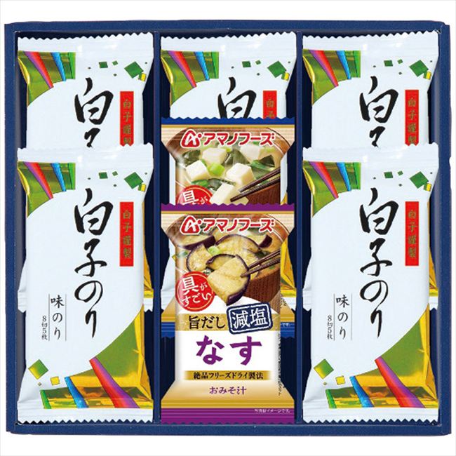 ■商品紹介：アマノフーズの減塩タイプみそ汁と白子のり味のりを詰合せました。 ■商品内容：白子のり味のり(8切5枚)5個・減塩いつものおみそ汁(なす・とうふ各1個) ■商品パッケージサイズ：26.6×4.5×24.2cm メーカー希望小売価格はメーカーカタログに基づいて掲載しています ■さまざまなギフトアイテムをご用意しております。 内祝　内祝い　お祝い返し　ウェディングギフト　ブライダルギフト　引き出物　引出物　結婚引き出物　結婚引出物　結婚内祝い　出産内祝い命名内祝い　入園内祝い　入学内祝い　卒園内祝い　卒業内祝い　就職内祝い　新築内祝い　引越し内祝い　快気内祝い　開店内祝い　二次会披露宴　お祝い　御祝　結婚式　結婚祝い　出産祝い　初節句　七五三　入園祝い　入学祝い　卒園祝い　卒業祝い　成人式　就職祝い　昇進祝い新築祝い　上棟祝い　引っ越し祝い　引越し祝い　開店祝い　退職祝い　快気祝い　全快祝い　初老祝い　還暦祝い　古稀祝い　喜寿祝い　傘寿祝い米寿祝い　卒寿祝い　白寿祝い　長寿祝い　金婚式　銀婚式　ダイヤモンド婚式　結婚記念日　ギフト　ギフトセット　セット　詰め合わせ　贈答品　お返しお礼　御礼　ごあいさつ　ご挨拶　御挨拶　プレゼント　お見舞い　お見舞御礼　お餞別　引越し　引越しご挨拶　記念日　誕生日　父の日　母の日　敬老の日記念品　卒業記念品　定年退職記念品　ゴルフコンペ　コンペ景品　景品　賞品　粗品　お香典返し　香典返し　志　満中陰志　弔事　会葬御礼　法要法要引き出物　法要引出物　法事　法事引き出物　法事引出物　忌明け　四十九日　七七日忌明け志　一周忌　三回忌　回忌法要　偲び草　粗供養　初盆供物　お供え　お中元　御中元　お歳暮　御歳暮　お年賀　御年賀　残暑見舞い　年始挨拶　ボーリング大会　景品　レミパン　ゼリー　スターバックス千疋屋　結婚式　そうめん　ローラアシュレイ　プリン　話題　ディズニー　カタログギフト　ティファール　ビタクラフト　ステンレスタンブラー　リラックマのし無料　メッセージカード無料　ラッピング無料 ギフトにぴったりのアイテムをご紹介！贈り物に悩んでいる方へ、心温まるギフトアイテムを取り揃えました。高品質な食品、ふわふわのタオル、美しい食器、そしてセンスあふれる雑貨まで、幅広いラインナップであなたの大切な人への思いを伝えます。 特徴 高品質：厳選された素材と丁寧な製造工程で作られた商品ばかり。どれも長く愛用いただけます。 多用途：どんなシーンでも使える万能アイテムが揃っています。誕生日、結婚祝い、新築祝いなど、さまざまな場面に最適です。 デザイン：シンプルで洗練されたデザインから、カラフルで個性的なものまで、多彩なバリエーションをご用意。 お手頃価格：高品質ながら手ごろな価格で、コストパフォーマンスも抜群。おすすめの用途とシーン 誕生日プレゼント：大切な人の特別な日を祝うために、実用的かつ心温まるギフトを。食品やタオルは、日常で役立つアイテムとして喜ばれます。 結婚祝い：新しい生活を始めるカップルに、美しい食器やおしゃれな雑貨を。幸せな家庭を築くお手伝いができます。 新築祝い：新しい家に引っ越した友人や家族へ、インテリアにぴったりの雑貨や実用的なタオルを。快適な生活をサポートします。 お返しギフト：感謝の気持ちを込めて、おしゃれで実用的なアイテムを。食品はもちろん、使い心地の良いタオルや美しい食器も喜ばれます。 季節の贈り物：お中元やお歳暮、季節の挨拶として、季節に合ったギフトを。夏には涼しげな雑貨、冬には温かみのあるタオルや食品が最適です。 贈る相手に合わせたおすすめ グルメな方へ：美味しい食品を贈れば、食卓が一層華やかに。特別な時間を演出します。 家庭的な方へ：ふわふわのタオルや使いやすい食器で、日常生活に彩りを。 オシャレな方へ：センスあふれる雑貨で、インテリアを一層魅力的に。 まとめ あなたの気持ちを込めたギフト選びをお手伝いします。どれも心を込めて選んだアイテムばかりです。大切な人への贈り物として、自信を持っておすすめします。 商品概要 [分類] 以下のような商品をお探しの方にオススメです。スイーツ スィーツ スウィーツ Sweets ケーキ お菓子 洋菓子 デザート おやつ 小腹対策 食品 食べ物 / チョコレートケーキ チョコレート ガトーショコラ チーズケーキ 生菓子 生ケーキ ベイクドチーズケーキ [評価・マスコミ] ランキング1位のおすすめ(お勧め オススメ) インスタ映え SNS 評判 今話題の人気商品 [サービス] 以下のサービスをご利用いだだけます。不可の場合あり。お取り寄せ 全国配送 全国発送 オーダー 注文 デリバリー 取寄せ 宅配 ネット通販 持ち運び可 / 送料無料 送料込み 無料ギフト対応 日持ち長い 長期保存 賞味期限が長い 名入れ 当日発送 お急ぎ便 即日配送 即日発送 翌日配送 翌日発送 前日に買う あす楽 明日楽 即納 翌日 あす着 明日届く 配送日指定可 冷凍保存可 冷凍保管 冷凍便 ギフトラッピング ギフト対応 予約 メッセージ付き 有料メッセージカード 有料お誕生日カード ホワイトデー当日お届け可能 [パッケージ] 　 以下のような包装でお届けします。詰め合わせ セット アソート 化粧箱入り ラッピング不要 個包装 小分け 手提げ袋（有償） 2重梱包 [デザイン] 以下のようなイメージをお求めの方におすすめです。お洒落 可愛い ゴージャス 高級感 プレミアム サプライズ感 美しい インパクト 面白い 珍しい 希少 驚き シンプル 上品 スタイリッシュ エレガント モダン [ご用途] 工夫次第で様々な用途でご利用いただけます。贈り物 プレゼント ギフト プチギフト 贈答品 お祝い 御祝い 退職祝い 内祝い 出産祝い 出産内祝い 入学祝い 卒業祝い ご褒美 手土産 お土産 お使い物 お返し お礼 ご挨拶 ご進物 お配り 配る ばらまき バレンタインデー バレンタインデイ ヴァレンタイン 友チョコ 義理チョコ 本命チョコ 逆チョコ バレンタインチョコ ホワイトデー ホワイトデイ ホワイトデーのお返し 七五三 ひな祭り こどもの日 ハロウィン クリスマス お中元 お年賀 ウインターギフト 御中元 御歳暮 サマーギフト 残暑見舞い お歳暮 母の日 父の日 敬老の日 敬老会記念品 敬老会 結婚祝い 結婚内祝い 結婚記念日 結婚式二次会 二次会のプチギフト 結婚披露宴の引き出物 引き菓子 ウエディングパーティー 成人祝い 長寿祝い 還暦祝い 古希祝い 古稀祝い 喜寿祝い 傘寿祝い 米寿祝い 卒寿祝い 白寿祝い 紀寿祝い 百寿祝い 成人式 セレモニー イベント 内祝い 快気祝い 快気内祝い 出産内祝い 出産祝い 記念日 お返し ご進物 御使い物 お礼 ご挨拶 御礼 ご祝儀 祝儀の品 お使い物 ノベルティー 粗品 景品 長寿 法事 法要 仏事 年忌法事 志 粗供養 供養返し 香典返し 満中陰志 御供え お供え 御供物 弔事 七五三 ひな祭り 入学祝い 卒業祝い 卒園祝い 退職祝い 入社祝い 成人式 成人式のお祝い 朝食 食事代わり ティータイム ブレイクタイム ホームパーティー クリスマスケーキ 誕生日プレゼント 誕生祝い バースデーケーキ 学校 会社 職場 法人 取引先 部活 イベント サークル 介護施設 [おすすめの方] 以下のような様々なお客様にお喜びいただいております。10代 20代 30代 40代 50代 60代 70代 80代 90代 100歳以上 お母さん お父さん ママ パパ 兄弟姉妹 彼氏 彼女 恋人 義理の母 叔父さん 親戚の お嬢さん 大家族 家族 赤ちゃん 祖父 祖母 叔父 叔母 孫 おじいちゃん おばあちゃん じいじ ばあば 夫 旦那 妻 奥様 お嫁さん 奥さん 親 両親 娘 同僚 友達 仲間 友人 親友 上司 部下 先輩 後輩 お世話になった方 恩師 先生 大人数 女友達 法人 女性 男性 大人 子ども 子供用 小学生 中学生 高校生 男の子 女の子 辛党 甘党 甘いものが苦手 高齢者 お年寄り [その他おすすめ] 以下のような商品に興味のある方にもオススメです。大量 大量購入 財布に優しい 大人数 業務用 大量スイーツ お試し コスパ良い /アマノフーズの減塩タイプみそ汁と白子のり味のりを詰合せました。
