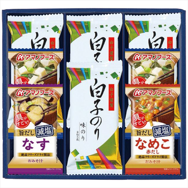 ■商品紹介：アマノフーズの減塩タイプみそ汁と白子のり味のりを詰合せました。 ■商品内容：白子のり味のり(8切5枚)4個・減塩いつものおみそ汁(なす・なめこ各1個・とうふ2個) ■商品パッケージサイズ：26.6×4.5×24.2cm メーカー希望小売価格はメーカーカタログに基づいて掲載しています ■さまざまなギフトアイテムをご用意しております。 内祝　内祝い　お祝い返し　ウェディングギフト　ブライダルギフト　引き出物　引出物　結婚引き出物　結婚引出物　結婚内祝い　出産内祝い命名内祝い　入園内祝い　入学内祝い　卒園内祝い　卒業内祝い　就職内祝い　新築内祝い　引越し内祝い　快気内祝い　開店内祝い　二次会披露宴　お祝い　御祝　結婚式　結婚祝い　出産祝い　初節句　七五三　入園祝い　入学祝い　卒園祝い　卒業祝い　成人式　就職祝い　昇進祝い新築祝い　上棟祝い　引っ越し祝い　引越し祝い　開店祝い　退職祝い　快気祝い　全快祝い　初老祝い　還暦祝い　古稀祝い　喜寿祝い　傘寿祝い米寿祝い　卒寿祝い　白寿祝い　長寿祝い　金婚式　銀婚式　ダイヤモンド婚式　結婚記念日　ギフト　ギフトセット　セット　詰め合わせ　贈答品　お返しお礼　御礼　ごあいさつ　ご挨拶　御挨拶　プレゼント　お見舞い　お見舞御礼　お餞別　引越し　引越しご挨拶　記念日　誕生日　父の日　母の日　敬老の日記念品　卒業記念品　定年退職記念品　ゴルフコンペ　コンペ景品　景品　賞品　粗品　お香典返し　香典返し　志　満中陰志　弔事　会葬御礼　法要法要引き出物　法要引出物　法事　法事引き出物　法事引出物　忌明け　四十九日　七七日忌明け志　一周忌　三回忌　回忌法要　偲び草　粗供養　初盆供物　お供え　お中元　御中元　お歳暮　御歳暮　お年賀　御年賀　残暑見舞い　年始挨拶　ボーリング大会　景品　レミパン　ゼリー　スターバックス千疋屋　結婚式　そうめん　ローラアシュレイ　プリン　話題　ディズニー　カタログギフト　ティファール　ビタクラフト　ステンレスタンブラー　リラックマのし無料　メッセージカード無料　ラッピング無料 ギフトにぴったりのアイテムをご紹介！贈り物に悩んでいる方へ、心温まるギフトアイテムを取り揃えました。高品質な食品、ふわふわのタオル、美しい食器、そしてセンスあふれる雑貨まで、幅広いラインナップであなたの大切な人への思いを伝えます。 特徴 高品質：厳選された素材と丁寧な製造工程で作られた商品ばかり。どれも長く愛用いただけます。 多用途：どんなシーンでも使える万能アイテムが揃っています。誕生日、結婚祝い、新築祝いなど、さまざまな場面に最適です。 デザイン：シンプルで洗練されたデザインから、カラフルで個性的なものまで、多彩なバリエーションをご用意。 お手頃価格：高品質ながら手ごろな価格で、コストパフォーマンスも抜群。おすすめの用途とシーン 誕生日プレゼント：大切な人の特別な日を祝うために、実用的かつ心温まるギフトを。食品やタオルは、日常で役立つアイテムとして喜ばれます。 結婚祝い：新しい生活を始めるカップルに、美しい食器やおしゃれな雑貨を。幸せな家庭を築くお手伝いができます。 新築祝い：新しい家に引っ越した友人や家族へ、インテリアにぴったりの雑貨や実用的なタオルを。快適な生活をサポートします。 お返しギフト：感謝の気持ちを込めて、おしゃれで実用的なアイテムを。食品はもちろん、使い心地の良いタオルや美しい食器も喜ばれます。 季節の贈り物：お中元やお歳暮、季節の挨拶として、季節に合ったギフトを。夏には涼しげな雑貨、冬には温かみのあるタオルや食品が最適です。 贈る相手に合わせたおすすめ グルメな方へ：美味しい食品を贈れば、食卓が一層華やかに。特別な時間を演出します。 家庭的な方へ：ふわふわのタオルや使いやすい食器で、日常生活に彩りを。 オシャレな方へ：センスあふれる雑貨で、インテリアを一層魅力的に。 まとめ あなたの気持ちを込めたギフト選びをお手伝いします。どれも心を込めて選んだアイテムばかりです。大切な人への贈り物として、自信を持っておすすめします。 商品概要 [分類] 以下のような商品をお探しの方にオススメです。スイーツ スィーツ スウィーツ Sweets ケーキ お菓子 洋菓子 デザート おやつ 小腹対策 食品 食べ物 / チョコレートケーキ チョコレート ガトーショコラ チーズケーキ 生菓子 生ケーキ ベイクドチーズケーキ [評価・マスコミ] ランキング1位のおすすめ(お勧め オススメ) インスタ映え SNS 評判 今話題の人気商品 [サービス] 以下のサービスをご利用いだだけます。不可の場合あり。お取り寄せ 全国配送 全国発送 オーダー 注文 デリバリー 取寄せ 宅配 ネット通販 持ち運び可 / 送料無料 送料込み 無料ギフト対応 日持ち長い 長期保存 賞味期限が長い 名入れ 当日発送 お急ぎ便 即日配送 即日発送 翌日配送 翌日発送 前日に買う あす楽 明日楽 即納 翌日 あす着 明日届く 配送日指定可 冷凍保存可 冷凍保管 冷凍便 ギフトラッピング ギフト対応 予約 メッセージ付き 有料メッセージカード 有料お誕生日カード ホワイトデー当日お届け可能 [パッケージ] 　 以下のような包装でお届けします。詰め合わせ セット アソート 化粧箱入り ラッピング不要 個包装 小分け 手提げ袋（有償） 2重梱包 [デザイン] 以下のようなイメージをお求めの方におすすめです。お洒落 可愛い ゴージャス 高級感 プレミアム サプライズ感 美しい インパクト 面白い 珍しい 希少 驚き シンプル 上品 スタイリッシュ エレガント モダン [ご用途] 工夫次第で様々な用途でご利用いただけます。贈り物 プレゼント ギフト プチギフト 贈答品 お祝い 御祝い 退職祝い 内祝い 出産祝い 出産内祝い 入学祝い 卒業祝い ご褒美 手土産 お土産 お使い物 お返し お礼 ご挨拶 ご進物 お配り 配る ばらまき バレンタインデー バレンタインデイ ヴァレンタイン 友チョコ 義理チョコ 本命チョコ 逆チョコ バレンタインチョコ ホワイトデー ホワイトデイ ホワイトデーのお返し 七五三 ひな祭り こどもの日 ハロウィン クリスマス お中元 お年賀 ウインターギフト 御中元 御歳暮 サマーギフト 残暑見舞い お歳暮 母の日 父の日 敬老の日 敬老会記念品 敬老会 結婚祝い 結婚内祝い 結婚記念日 結婚式二次会 二次会のプチギフト 結婚披露宴の引き出物 引き菓子 ウエディングパーティー 成人祝い 長寿祝い 還暦祝い 古希祝い 古稀祝い 喜寿祝い 傘寿祝い 米寿祝い 卒寿祝い 白寿祝い 紀寿祝い 百寿祝い 成人式 セレモニー イベント 内祝い 快気祝い 快気内祝い 出産内祝い 出産祝い 記念日 お返し ご進物 御使い物 お礼 ご挨拶 御礼 ご祝儀 祝儀の品 お使い物 ノベルティー 粗品 景品 長寿 法事 法要 仏事 年忌法事 志 粗供養 供養返し 香典返し 満中陰志 御供え お供え 御供物 弔事 七五三 ひな祭り 入学祝い 卒業祝い 卒園祝い 退職祝い 入社祝い 成人式 成人式のお祝い 朝食 食事代わり ティータイム ブレイクタイム ホームパーティー クリスマスケーキ 誕生日プレゼント 誕生祝い バースデーケーキ 学校 会社 職場 法人 取引先 部活 イベント サークル 介護施設 [おすすめの方] 以下のような様々なお客様にお喜びいただいております。10代 20代 30代 40代 50代 60代 70代 80代 90代 100歳以上 お母さん お父さん ママ パパ 兄弟姉妹 彼氏 彼女 恋人 義理の母 叔父さん 親戚の お嬢さん 大家族 家族 赤ちゃん 祖父 祖母 叔父 叔母 孫 おじいちゃん おばあちゃん じいじ ばあば 夫 旦那 妻 奥様 お嫁さん 奥さん 親 両親 娘 同僚 友達 仲間 友人 親友 上司 部下 先輩 後輩 お世話になった方 恩師 先生 大人数 女友達 法人 女性 男性 大人 子ども 子供用 小学生 中学生 高校生 男の子 女の子 辛党 甘党 甘いものが苦手 高齢者 お年寄り [その他おすすめ] 以下のような商品に興味のある方にもオススメです。大量 大量購入 財布に優しい 大人数 業務用 大量スイーツ お試し コスパ良い /アマノフーズの減塩タイプみそ汁と白子のり味のりを詰合せました。