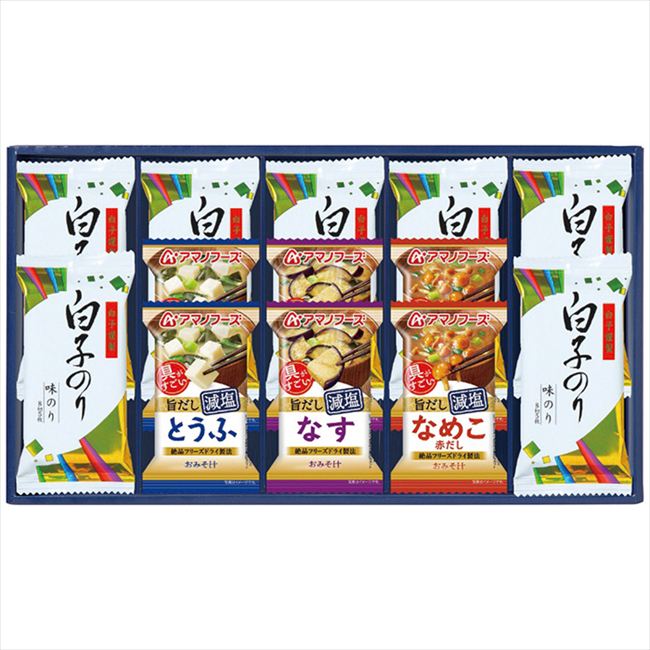 ■商品紹介：アマノフーズの減塩タイプみそ汁と白子のり味のりを詰合せました。 ■商品内容：白子のり味のり(8切5枚)7個・減塩いつものおみそ汁(なす・なめこ・とうふ各2個) ■商品パッケージサイズ：43.3×4.5×24.2cm メーカー希望小売価格はメーカーカタログに基づいて掲載しています ■さまざまなギフトアイテムをご用意しております。 内祝　内祝い　お祝い返し　ウェディングギフト　ブライダルギフト　引き出物　引出物　結婚引き出物　結婚引出物　結婚内祝い　出産内祝い命名内祝い　入園内祝い　入学内祝い　卒園内祝い　卒業内祝い　就職内祝い　新築内祝い　引越し内祝い　快気内祝い　開店内祝い　二次会披露宴　お祝い　御祝　結婚式　結婚祝い　出産祝い　初節句　七五三　入園祝い　入学祝い　卒園祝い　卒業祝い　成人式　就職祝い　昇進祝い新築祝い　上棟祝い　引っ越し祝い　引越し祝い　開店祝い　退職祝い　快気祝い　全快祝い　初老祝い　還暦祝い　古稀祝い　喜寿祝い　傘寿祝い米寿祝い　卒寿祝い　白寿祝い　長寿祝い　金婚式　銀婚式　ダイヤモンド婚式　結婚記念日　ギフト　ギフトセット　セット　詰め合わせ　贈答品　お返しお礼　御礼　ごあいさつ　ご挨拶　御挨拶　プレゼント　お見舞い　お見舞御礼　お餞別　引越し　引越しご挨拶　記念日　誕生日　父の日　母の日　敬老の日記念品　卒業記念品　定年退職記念品　ゴルフコンペ　コンペ景品　景品　賞品　粗品　お香典返し　香典返し　志　満中陰志　弔事　会葬御礼　法要法要引き出物　法要引出物　法事　法事引き出物　法事引出物　忌明け　四十九日　七七日忌明け志　一周忌　三回忌　回忌法要　偲び草　粗供養　初盆供物　お供え　お中元　御中元　お歳暮　御歳暮　お年賀　御年賀　残暑見舞い　年始挨拶　ボーリング大会　景品　レミパン　ゼリー　スターバックス千疋屋　結婚式　そうめん　ローラアシュレイ　プリン　話題　ディズニー　カタログギフト　ティファール　ビタクラフト　ステンレスタンブラー　リラックマのし無料　メッセージカード無料　ラッピング無料 ギフトにぴったりのアイテムをご紹介！贈り物に悩んでいる方へ、心温まるギフトアイテムを取り揃えました。高品質な食品、ふわふわのタオル、美しい食器、そしてセンスあふれる雑貨まで、幅広いラインナップであなたの大切な人への思いを伝えます。 特徴 高品質：厳選された素材と丁寧な製造工程で作られた商品ばかり。どれも長く愛用いただけます。 多用途：どんなシーンでも使える万能アイテムが揃っています。誕生日、結婚祝い、新築祝いなど、さまざまな場面に最適です。 デザイン：シンプルで洗練されたデザインから、カラフルで個性的なものまで、多彩なバリエーションをご用意。 お手頃価格：高品質ながら手ごろな価格で、コストパフォーマンスも抜群。おすすめの用途とシーン 誕生日プレゼント：大切な人の特別な日を祝うために、実用的かつ心温まるギフトを。食品やタオルは、日常で役立つアイテムとして喜ばれます。 結婚祝い：新しい生活を始めるカップルに、美しい食器やおしゃれな雑貨を。幸せな家庭を築くお手伝いができます。 新築祝い：新しい家に引っ越した友人や家族へ、インテリアにぴったりの雑貨や実用的なタオルを。快適な生活をサポートします。 お返しギフト：感謝の気持ちを込めて、おしゃれで実用的なアイテムを。食品はもちろん、使い心地の良いタオルや美しい食器も喜ばれます。 季節の贈り物：お中元やお歳暮、季節の挨拶として、季節に合ったギフトを。夏には涼しげな雑貨、冬には温かみのあるタオルや食品が最適です。 贈る相手に合わせたおすすめ グルメな方へ：美味しい食品を贈れば、食卓が一層華やかに。特別な時間を演出します。 家庭的な方へ：ふわふわのタオルや使いやすい食器で、日常生活に彩りを。 オシャレな方へ：センスあふれる雑貨で、インテリアを一層魅力的に。 まとめ あなたの気持ちを込めたギフト選びをお手伝いします。どれも心を込めて選んだアイテムばかりです。大切な人への贈り物として、自信を持っておすすめします。 商品概要 [分類] 以下のような商品をお探しの方にオススメです。スイーツ スィーツ スウィーツ Sweets ケーキ お菓子 洋菓子 デザート おやつ 小腹対策 食品 食べ物 / チョコレートケーキ チョコレート ガトーショコラ チーズケーキ 生菓子 生ケーキ ベイクドチーズケーキ [評価・マスコミ] ランキング1位のおすすめ(お勧め オススメ) インスタ映え SNS 評判 今話題の人気商品 [サービス] 以下のサービスをご利用いだだけます。不可の場合あり。お取り寄せ 全国配送 全国発送 オーダー 注文 デリバリー 取寄せ 宅配 ネット通販 持ち運び可 / 送料無料 送料込み 無料ギフト対応 日持ち長い 長期保存 賞味期限が長い 名入れ 当日発送 お急ぎ便 即日配送 即日発送 翌日配送 翌日発送 前日に買う あす楽 明日楽 即納 翌日 あす着 明日届く 配送日指定可 冷凍保存可 冷凍保管 冷凍便 ギフトラッピング ギフト対応 予約 メッセージ付き 有料メッセージカード 有料お誕生日カード ホワイトデー当日お届け可能 [パッケージ] 　 以下のような包装でお届けします。詰め合わせ セット アソート 化粧箱入り ラッピング不要 個包装 小分け 手提げ袋（有償） 2重梱包 [デザイン] 以下のようなイメージをお求めの方におすすめです。お洒落 可愛い ゴージャス 高級感 プレミアム サプライズ感 美しい インパクト 面白い 珍しい 希少 驚き シンプル 上品 スタイリッシュ エレガント モダン [ご用途] 工夫次第で様々な用途でご利用いただけます。贈り物 プレゼント ギフト プチギフト 贈答品 お祝い 御祝い 退職祝い 内祝い 出産祝い 出産内祝い 入学祝い 卒業祝い ご褒美 手土産 お土産 お使い物 お返し お礼 ご挨拶 ご進物 お配り 配る ばらまき バレンタインデー バレンタインデイ ヴァレンタイン 友チョコ 義理チョコ 本命チョコ 逆チョコ バレンタインチョコ ホワイトデー ホワイトデイ ホワイトデーのお返し 七五三 ひな祭り こどもの日 ハロウィン クリスマス お中元 お年賀 ウインターギフト 御中元 御歳暮 サマーギフト 残暑見舞い お歳暮 母の日 父の日 敬老の日 敬老会記念品 敬老会 結婚祝い 結婚内祝い 結婚記念日 結婚式二次会 二次会のプチギフト 結婚披露宴の引き出物 引き菓子 ウエディングパーティー 成人祝い 長寿祝い 還暦祝い 古希祝い 古稀祝い 喜寿祝い 傘寿祝い 米寿祝い 卒寿祝い 白寿祝い 紀寿祝い 百寿祝い 成人式 セレモニー イベント 内祝い 快気祝い 快気内祝い 出産内祝い 出産祝い 記念日 お返し ご進物 御使い物 お礼 ご挨拶 御礼 ご祝儀 祝儀の品 お使い物 ノベルティー 粗品 景品 長寿 法事 法要 仏事 年忌法事 志 粗供養 供養返し 香典返し 満中陰志 御供え お供え 御供物 弔事 七五三 ひな祭り 入学祝い 卒業祝い 卒園祝い 退職祝い 入社祝い 成人式 成人式のお祝い 朝食 食事代わり ティータイム ブレイクタイム ホームパーティー クリスマスケーキ 誕生日プレゼント 誕生祝い バースデーケーキ 学校 会社 職場 法人 取引先 部活 イベント サークル 介護施設 [おすすめの方] 以下のような様々なお客様にお喜びいただいております。10代 20代 30代 40代 50代 60代 70代 80代 90代 100歳以上 お母さん お父さん ママ パパ 兄弟姉妹 彼氏 彼女 恋人 義理の母 叔父さん 親戚の お嬢さん 大家族 家族 赤ちゃん 祖父 祖母 叔父 叔母 孫 おじいちゃん おばあちゃん じいじ ばあば 夫 旦那 妻 奥様 お嫁さん 奥さん 親 両親 娘 同僚 友達 仲間 友人 親友 上司 部下 先輩 後輩 お世話になった方 恩師 先生 大人数 女友達 法人 女性 男性 大人 子ども 子供用 小学生 中学生 高校生 男の子 女の子 辛党 甘党 甘いものが苦手 高齢者 お年寄り [その他おすすめ] 以下のような商品に興味のある方にもオススメです。大量 大量購入 財布に優しい 大人数 業務用 大量スイーツ お試し コスパ良い /アマノフーズの減塩タイプみそ汁と白子のり味のりを詰合せました。