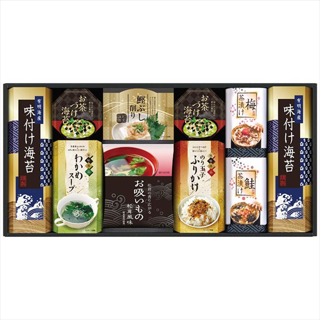 ■商品紹介：忙しい毎日に、ほっと息つく「和」の時間をお届けします。 ■商品内容：有明海産味付け海苔(8切4枚2袋)・永谷園お茶づけ海苔(4.7g×2袋)各2個・わかめスープ(5.3g×2袋)・鰹ぶし削り(2g×2袋)・永谷園お吸いもの松茸風味(2.3g×6袋)・のり玉子ふりかけ(4.5g×2袋)・梅茶漬け(4.3g×2袋)・鮭茶漬け(4.7g×2袋)各1個 ■商品パッケージサイズ：51×7×25cm メーカー希望小売価格はメーカーカタログに基づいて掲載しています ■さまざまなギフトアイテムをご用意しております。 内祝　内祝い　お祝い返し　ウェディングギフト　ブライダルギフト　引き出物　引出物　結婚引き出物　結婚引出物　結婚内祝い　出産内祝い命名内祝い　入園内祝い　入学内祝い　卒園内祝い　卒業内祝い　就職内祝い　新築内祝い　引越し内祝い　快気内祝い　開店内祝い　二次会披露宴　お祝い　御祝　結婚式　結婚祝い　出産祝い　初節句　七五三　入園祝い　入学祝い　卒園祝い　卒業祝い　成人式　就職祝い　昇進祝い新築祝い　上棟祝い　引っ越し祝い　引越し祝い　開店祝い　退職祝い　快気祝い　全快祝い　初老祝い　還暦祝い　古稀祝い　喜寿祝い　傘寿祝い米寿祝い　卒寿祝い　白寿祝い　長寿祝い　金婚式　銀婚式　ダイヤモンド婚式　結婚記念日　ギフト　ギフトセット　セット　詰め合わせ　贈答品　お返しお礼　御礼　ごあいさつ　ご挨拶　御挨拶　プレゼント　お見舞い　お見舞御礼　お餞別　引越し　引越しご挨拶　記念日　誕生日　父の日　母の日　敬老の日記念品　卒業記念品　定年退職記念品　ゴルフコンペ　コンペ景品　景品　賞品　粗品　お香典返し　香典返し　志　満中陰志　弔事　会葬御礼　法要法要引き出物　法要引出物　法事　法事引き出物　法事引出物　忌明け　四十九日　七七日忌明け志　一周忌　三回忌　回忌法要　偲び草　粗供養　初盆供物　お供え　お中元　御中元　お歳暮　御歳暮　お年賀　御年賀　残暑見舞い　年始挨拶　ボーリング大会　景品　レミパン　ゼリー　スターバックス千疋屋　結婚式　そうめん　ローラアシュレイ　プリン　話題　ディズニー　カタログギフト　ティファール　ビタクラフト　ステンレスタンブラー　リラックマのし無料　メッセージカード無料　ラッピング無料 ギフトにぴったりのアイテムをご紹介！贈り物に悩んでいる方へ、心温まるギフトアイテムを取り揃えました。高品質な食品、ふわふわのタオル、美しい食器、そしてセンスあふれる雑貨まで、幅広いラインナップであなたの大切な人への思いを伝えます。 特徴 高品質：厳選された素材と丁寧な製造工程で作られた商品ばかり。どれも長く愛用いただけます。 多用途：どんなシーンでも使える万能アイテムが揃っています。誕生日、結婚祝い、新築祝いなど、さまざまな場面に最適です。 デザイン：シンプルで洗練されたデザインから、カラフルで個性的なものまで、多彩なバリエーションをご用意。 お手頃価格：高品質ながら手ごろな価格で、コストパフォーマンスも抜群。おすすめの用途とシーン 誕生日プレゼント：大切な人の特別な日を祝うために、実用的かつ心温まるギフトを。食品やタオルは、日常で役立つアイテムとして喜ばれます。 結婚祝い：新しい生活を始めるカップルに、美しい食器やおしゃれな雑貨を。幸せな家庭を築くお手伝いができます。 新築祝い：新しい家に引っ越した友人や家族へ、インテリアにぴったりの雑貨や実用的なタオルを。快適な生活をサポートします。 お返しギフト：感謝の気持ちを込めて、おしゃれで実用的なアイテムを。食品はもちろん、使い心地の良いタオルや美しい食器も喜ばれます。 季節の贈り物：お中元やお歳暮、季節の挨拶として、季節に合ったギフトを。夏には涼しげな雑貨、冬には温かみのあるタオルや食品が最適です。 贈る相手に合わせたおすすめ グルメな方へ：美味しい食品を贈れば、食卓が一層華やかに。特別な時間を演出します。 家庭的な方へ：ふわふわのタオルや使いやすい食器で、日常生活に彩りを。 オシャレな方へ：センスあふれる雑貨で、インテリアを一層魅力的に。 まとめ あなたの気持ちを込めたギフト選びをお手伝いします。どれも心を込めて選んだアイテムばかりです。大切な人への贈り物として、自信を持っておすすめします。 商品概要 [分類] 以下のような商品をお探しの方にオススメです。スイーツ スィーツ スウィーツ Sweets ケーキ お菓子 洋菓子 デザート おやつ 小腹対策 食品 食べ物 / チョコレートケーキ チョコレート ガトーショコラ チーズケーキ 生菓子 生ケーキ ベイクドチーズケーキ [評価・マスコミ] ランキング1位のおすすめ(お勧め オススメ) インスタ映え SNS 評判 今話題の人気商品 [サービス] 以下のサービスをご利用いだだけます。不可の場合あり。お取り寄せ 全国配送 全国発送 オーダー 注文 デリバリー 取寄せ 宅配 ネット通販 持ち運び可 / 送料無料 送料込み 無料ギフト対応 日持ち長い 長期保存 賞味期限が長い 名入れ 当日発送 お急ぎ便 即日配送 即日発送 翌日配送 翌日発送 前日に買う あす楽 明日楽 即納 翌日 あす着 明日届く 配送日指定可 冷凍保存可 冷凍保管 冷凍便 ギフトラッピング ギフト対応 予約 メッセージ付き 有料メッセージカード 有料お誕生日カード ホワイトデー当日お届け可能 [パッケージ] 　 以下のような包装でお届けします。詰め合わせ セット アソート 化粧箱入り ラッピング不要 個包装 小分け 手提げ袋（有償） 2重梱包 [デザイン] 以下のようなイメージをお求めの方におすすめです。お洒落 可愛い ゴージャス 高級感 プレミアム サプライズ感 美しい インパクト 面白い 珍しい 希少 驚き シンプル 上品 スタイリッシュ エレガント モダン [ご用途] 工夫次第で様々な用途でご利用いただけます。贈り物 プレゼント ギフト プチギフト 贈答品 お祝い 御祝い 退職祝い 内祝い 出産祝い 出産内祝い 入学祝い 卒業祝い ご褒美 手土産 お土産 お使い物 お返し お礼 ご挨拶 ご進物 お配り 配る ばらまき バレンタインデー バレンタインデイ ヴァレンタイン 友チョコ 義理チョコ 本命チョコ 逆チョコ バレンタインチョコ ホワイトデー ホワイトデイ ホワイトデーのお返し 七五三 ひな祭り こどもの日 ハロウィン クリスマス お中元 お年賀 ウインターギフト 御中元 御歳暮 サマーギフト 残暑見舞い お歳暮 母の日 父の日 敬老の日 敬老会記念品 敬老会 結婚祝い 結婚内祝い 結婚記念日 結婚式二次会 二次会のプチギフト 結婚披露宴の引き出物 引き菓子 ウエディングパーティー 成人祝い 長寿祝い 還暦祝い 古希祝い 古稀祝い 喜寿祝い 傘寿祝い 米寿祝い 卒寿祝い 白寿祝い 紀寿祝い 百寿祝い 成人式 セレモニー イベント 内祝い 快気祝い 快気内祝い 出産内祝い 出産祝い 記念日 お返し ご進物 御使い物 お礼 ご挨拶 御礼 ご祝儀 祝儀の品 お使い物 ノベルティー 粗品 景品 長寿 法事 法要 仏事 年忌法事 志 粗供養 供養返し 香典返し 満中陰志 御供え お供え 御供物 弔事 七五三 ひな祭り 入学祝い 卒業祝い 卒園祝い 退職祝い 入社祝い 成人式 成人式のお祝い 朝食 食事代わり ティータイム ブレイクタイム ホームパーティー クリスマスケーキ 誕生日プレゼント 誕生祝い バースデーケーキ 学校 会社 職場 法人 取引先 部活 イベント サークル 介護施設 [おすすめの方] 以下のような様々なお客様にお喜びいただいております。10代 20代 30代 40代 50代 60代 70代 80代 90代 100歳以上 お母さん お父さん ママ パパ 兄弟姉妹 彼氏 彼女 恋人 義理の母 叔父さん 親戚の お嬢さん 大家族 家族 赤ちゃん 祖父 祖母 叔父 叔母 孫 おじいちゃん おばあちゃん じいじ ばあば 夫 旦那 妻 奥様 お嫁さん 奥さん 親 両親 娘 同僚 友達 仲間 友人 親友 上司 部下 先輩 後輩 お世話になった方 恩師 先生 大人数 女友達 法人 女性 男性 大人 子ども 子供用 小学生 中学生 高校生 男の子 女の子 辛党 甘党 甘いものが苦手 高齢者 お年寄り [その他おすすめ] 以下のような商品に興味のある方にもオススメです。大量 大量購入 財布に優しい 大人数 業務用 大量スイーツ お試し コスパ良い /忙しい毎日に、ほっと息つく「和」の時間をお届けします。