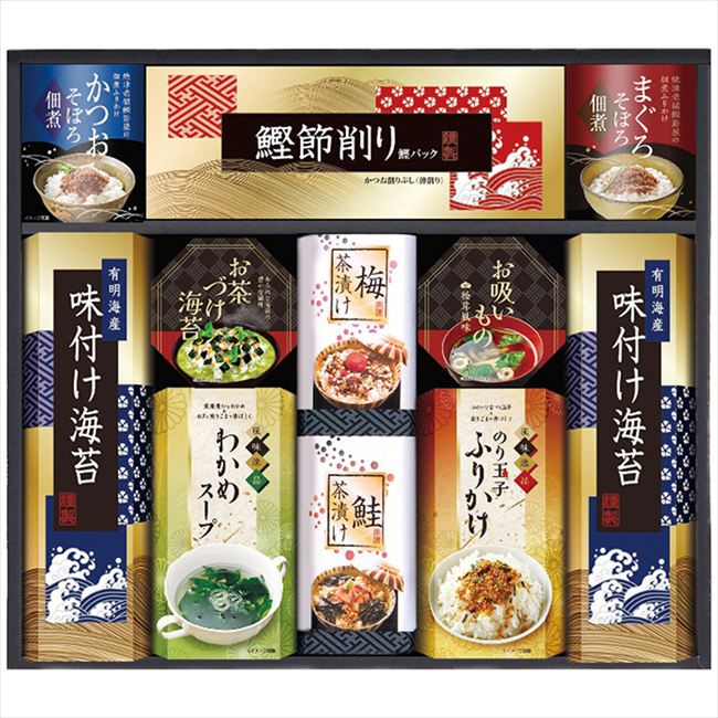 ■商品紹介：忙しい毎日に、ほっと息つく「和」の時間をお届けします。 ■商品内容：有明海産味付け海苔(8切4枚2袋)2個・かつおそぼろ佃煮(5g×2袋)・まぐろそぼろ佃煮(5g×2袋)・鰹節削り(2g×4袋)・永谷園お茶づけ海苔(4.7g×2袋)・永谷園お吸いもの松茸風味(2.3g×2袋)・わかめスープ(5.3g×2袋)・のり玉子ふりかけ(4.5g×2袋)・梅茶漬け(4.3g×2袋)・鮭茶漬け(4.7g×2袋)各1個 ■商品パッケージサイズ：40×7×35cm メーカー希望小売価格はメーカーカタログに基づいて掲載しています ■さまざまなギフトアイテムをご用意しております。 内祝　内祝い　お祝い返し　ウェディングギフト　ブライダルギフト　引き出物　引出物　結婚引き出物　結婚引出物　結婚内祝い　出産内祝い命名内祝い　入園内祝い　入学内祝い　卒園内祝い　卒業内祝い　就職内祝い　新築内祝い　引越し内祝い　快気内祝い　開店内祝い　二次会披露宴　お祝い　御祝　結婚式　結婚祝い　出産祝い　初節句　七五三　入園祝い　入学祝い　卒園祝い　卒業祝い　成人式　就職祝い　昇進祝い新築祝い　上棟祝い　引っ越し祝い　引越し祝い　開店祝い　退職祝い　快気祝い　全快祝い　初老祝い　還暦祝い　古稀祝い　喜寿祝い　傘寿祝い米寿祝い　卒寿祝い　白寿祝い　長寿祝い　金婚式　銀婚式　ダイヤモンド婚式　結婚記念日　ギフト　ギフトセット　セット　詰め合わせ　贈答品　お返しお礼　御礼　ごあいさつ　ご挨拶　御挨拶　プレゼント　お見舞い　お見舞御礼　お餞別　引越し　引越しご挨拶　記念日　誕生日　父の日　母の日　敬老の日記念品　卒業記念品　定年退職記念品　ゴルフコンペ　コンペ景品　景品　賞品　粗品　お香典返し　香典返し　志　満中陰志　弔事　会葬御礼　法要法要引き出物　法要引出物　法事　法事引き出物　法事引出物　忌明け　四十九日　七七日忌明け志　一周忌　三回忌　回忌法要　偲び草　粗供養　初盆供物　お供え　お中元　御中元　お歳暮　御歳暮　お年賀　御年賀　残暑見舞い　年始挨拶　ボーリング大会　景品　レミパン　ゼリー　スターバックス千疋屋　結婚式　そうめん　ローラアシュレイ　プリン　話題　ディズニー　カタログギフト　ティファール　ビタクラフト　ステンレスタンブラー　リラックマのし無料　メッセージカード無料　ラッピング無料 ギフトにぴったりのアイテムをご紹介！贈り物に悩んでいる方へ、心温まるギフトアイテムを取り揃えました。高品質な食品、ふわふわのタオル、美しい食器、そしてセンスあふれる雑貨まで、幅広いラインナップであなたの大切な人への思いを伝えます。 特徴 高品質：厳選された素材と丁寧な製造工程で作られた商品ばかり。どれも長く愛用いただけます。 多用途：どんなシーンでも使える万能アイテムが揃っています。誕生日、結婚祝い、新築祝いなど、さまざまな場面に最適です。 デザイン：シンプルで洗練されたデザインから、カラフルで個性的なものまで、多彩なバリエーションをご用意。 お手頃価格：高品質ながら手ごろな価格で、コストパフォーマンスも抜群。おすすめの用途とシーン 誕生日プレゼント：大切な人の特別な日を祝うために、実用的かつ心温まるギフトを。食品やタオルは、日常で役立つアイテムとして喜ばれます。 結婚祝い：新しい生活を始めるカップルに、美しい食器やおしゃれな雑貨を。幸せな家庭を築くお手伝いができます。 新築祝い：新しい家に引っ越した友人や家族へ、インテリアにぴったりの雑貨や実用的なタオルを。快適な生活をサポートします。 お返しギフト：感謝の気持ちを込めて、おしゃれで実用的なアイテムを。食品はもちろん、使い心地の良いタオルや美しい食器も喜ばれます。 季節の贈り物：お中元やお歳暮、季節の挨拶として、季節に合ったギフトを。夏には涼しげな雑貨、冬には温かみのあるタオルや食品が最適です。 贈る相手に合わせたおすすめ グルメな方へ：美味しい食品を贈れば、食卓が一層華やかに。特別な時間を演出します。 家庭的な方へ：ふわふわのタオルや使いやすい食器で、日常生活に彩りを。 オシャレな方へ：センスあふれる雑貨で、インテリアを一層魅力的に。 まとめ あなたの気持ちを込めたギフト選びをお手伝いします。どれも心を込めて選んだアイテムばかりです。大切な人への贈り物として、自信を持っておすすめします。 商品概要 [分類] 以下のような商品をお探しの方にオススメです。スイーツ スィーツ スウィーツ Sweets ケーキ お菓子 洋菓子 デザート おやつ 小腹対策 食品 食べ物 / チョコレートケーキ チョコレート ガトーショコラ チーズケーキ 生菓子 生ケーキ ベイクドチーズケーキ [評価・マスコミ] ランキング1位のおすすめ(お勧め オススメ) インスタ映え SNS 評判 今話題の人気商品 [サービス] 以下のサービスをご利用いだだけます。不可の場合あり。お取り寄せ 全国配送 全国発送 オーダー 注文 デリバリー 取寄せ 宅配 ネット通販 持ち運び可 / 送料無料 送料込み 無料ギフト対応 日持ち長い 長期保存 賞味期限が長い 名入れ 当日発送 お急ぎ便 即日配送 即日発送 翌日配送 翌日発送 前日に買う あす楽 明日楽 即納 翌日 あす着 明日届く 配送日指定可 冷凍保存可 冷凍保管 冷凍便 ギフトラッピング ギフト対応 予約 メッセージ付き 有料メッセージカード 有料お誕生日カード ホワイトデー当日お届け可能 [パッケージ] 　 以下のような包装でお届けします。詰め合わせ セット アソート 化粧箱入り ラッピング不要 個包装 小分け 手提げ袋（有償） 2重梱包 [デザイン] 以下のようなイメージをお求めの方におすすめです。お洒落 可愛い ゴージャス 高級感 プレミアム サプライズ感 美しい インパクト 面白い 珍しい 希少 驚き シンプル 上品 スタイリッシュ エレガント モダン [ご用途] 工夫次第で様々な用途でご利用いただけます。贈り物 プレゼント ギフト プチギフト 贈答品 お祝い 御祝い 退職祝い 内祝い 出産祝い 出産内祝い 入学祝い 卒業祝い ご褒美 手土産 お土産 お使い物 お返し お礼 ご挨拶 ご進物 お配り 配る ばらまき バレンタインデー バレンタインデイ ヴァレンタイン 友チョコ 義理チョコ 本命チョコ 逆チョコ バレンタインチョコ ホワイトデー ホワイトデイ ホワイトデーのお返し 七五三 ひな祭り こどもの日 ハロウィン クリスマス お中元 お年賀 ウインターギフト 御中元 御歳暮 サマーギフト 残暑見舞い お歳暮 母の日 父の日 敬老の日 敬老会記念品 敬老会 結婚祝い 結婚内祝い 結婚記念日 結婚式二次会 二次会のプチギフト 結婚披露宴の引き出物 引き菓子 ウエディングパーティー 成人祝い 長寿祝い 還暦祝い 古希祝い 古稀祝い 喜寿祝い 傘寿祝い 米寿祝い 卒寿祝い 白寿祝い 紀寿祝い 百寿祝い 成人式 セレモニー イベント 内祝い 快気祝い 快気内祝い 出産内祝い 出産祝い 記念日 お返し ご進物 御使い物 お礼 ご挨拶 御礼 ご祝儀 祝儀の品 お使い物 ノベルティー 粗品 景品 長寿 法事 法要 仏事 年忌法事 志 粗供養 供養返し 香典返し 満中陰志 御供え お供え 御供物 弔事 七五三 ひな祭り 入学祝い 卒業祝い 卒園祝い 退職祝い 入社祝い 成人式 成人式のお祝い 朝食 食事代わり ティータイム ブレイクタイム ホームパーティー クリスマスケーキ 誕生日プレゼント 誕生祝い バースデーケーキ 学校 会社 職場 法人 取引先 部活 イベント サークル 介護施設 [おすすめの方] 以下のような様々なお客様にお喜びいただいております。10代 20代 30代 40代 50代 60代 70代 80代 90代 100歳以上 お母さん お父さん ママ パパ 兄弟姉妹 彼氏 彼女 恋人 義理の母 叔父さん 親戚の お嬢さん 大家族 家族 赤ちゃん 祖父 祖母 叔父 叔母 孫 おじいちゃん おばあちゃん じいじ ばあば 夫 旦那 妻 奥様 お嫁さん 奥さん 親 両親 娘 同僚 友達 仲間 友人 親友 上司 部下 先輩 後輩 お世話になった方 恩師 先生 大人数 女友達 法人 女性 男性 大人 子ども 子供用 小学生 中学生 高校生 男の子 女の子 辛党 甘党 甘いものが苦手 高齢者 お年寄り [その他おすすめ] 以下のような商品に興味のある方にもオススメです。大量 大量購入 財布に優しい 大人数 業務用 大量スイーツ お試し コスパ良い /忙しい毎日に、ほっと息つく「和」の時間をお届けします。