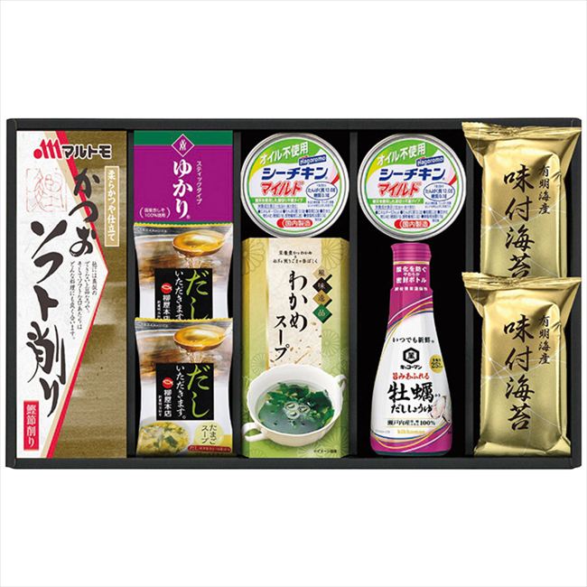 ■商品紹介：誰にでも喜ばれる毎日の食卓に欠かせない和の詰合せ ■商品内容：マルトモかつおソフト削り(2g×4袋)・三島食品ゆかりスティックタイプ(1.7g×4袋)・わかめスープ(5.3g×2袋)各1個・たまごスープ5.4g・有明海産味付海苔(8切4枚)各2袋・はごろもフーズオイル不使用シーチキンマイルド70g×2缶・キッコーマン牡蠣だししょうゆ200ml×1本 ■商品パッケージサイズ：42.5×7×25cm メーカー希望小売価格はメーカーカタログに基づいて掲載しています ■さまざまなギフトアイテムをご用意しております。 内祝　内祝い　お祝い返し　ウェディングギフト　ブライダルギフト　引き出物　引出物　結婚引き出物　結婚引出物　結婚内祝い　出産内祝い命名内祝い　入園内祝い　入学内祝い　卒園内祝い　卒業内祝い　就職内祝い　新築内祝い　引越し内祝い　快気内祝い　開店内祝い　二次会披露宴　お祝い　御祝　結婚式　結婚祝い　出産祝い　初節句　七五三　入園祝い　入学祝い　卒園祝い　卒業祝い　成人式　就職祝い　昇進祝い新築祝い　上棟祝い　引っ越し祝い　引越し祝い　開店祝い　退職祝い　快気祝い　全快祝い　初老祝い　還暦祝い　古稀祝い　喜寿祝い　傘寿祝い米寿祝い　卒寿祝い　白寿祝い　長寿祝い　金婚式　銀婚式　ダイヤモンド婚式　結婚記念日　ギフト　ギフトセット　セット　詰め合わせ　贈答品　お返しお礼　御礼　ごあいさつ　ご挨拶　御挨拶　プレゼント　お見舞い　お見舞御礼　お餞別　引越し　引越しご挨拶　記念日　誕生日　父の日　母の日　敬老の日記念品　卒業記念品　定年退職記念品　ゴルフコンペ　コンペ景品　景品　賞品　粗品　お香典返し　香典返し　志　満中陰志　弔事　会葬御礼　法要法要引き出物　法要引出物　法事　法事引き出物　法事引出物　忌明け　四十九日　七七日忌明け志　一周忌　三回忌　回忌法要　偲び草　粗供養　初盆供物　お供え　お中元　御中元　お歳暮　御歳暮　お年賀　御年賀　残暑見舞い　年始挨拶　ボーリング大会　景品　レミパン　ゼリー　スターバックス千疋屋　結婚式　そうめん　ローラアシュレイ　プリン　話題　ディズニー　カタログギフト　ティファール　ビタクラフト　ステンレスタンブラー　リラックマのし無料　メッセージカード無料　ラッピング無料 ギフトにぴったりのアイテムをご紹介！贈り物に悩んでいる方へ、心温まるギフトアイテムを取り揃えました。高品質な食品、ふわふわのタオル、美しい食器、そしてセンスあふれる雑貨まで、幅広いラインナップであなたの大切な人への思いを伝えます。 特徴 高品質：厳選された素材と丁寧な製造工程で作られた商品ばかり。どれも長く愛用いただけます。 多用途：どんなシーンでも使える万能アイテムが揃っています。誕生日、結婚祝い、新築祝いなど、さまざまな場面に最適です。 デザイン：シンプルで洗練されたデザインから、カラフルで個性的なものまで、多彩なバリエーションをご用意。 お手頃価格：高品質ながら手ごろな価格で、コストパフォーマンスも抜群。おすすめの用途とシーン 誕生日プレゼント：大切な人の特別な日を祝うために、実用的かつ心温まるギフトを。食品やタオルは、日常で役立つアイテムとして喜ばれます。 結婚祝い：新しい生活を始めるカップルに、美しい食器やおしゃれな雑貨を。幸せな家庭を築くお手伝いができます。 新築祝い：新しい家に引っ越した友人や家族へ、インテリアにぴったりの雑貨や実用的なタオルを。快適な生活をサポートします。 お返しギフト：感謝の気持ちを込めて、おしゃれで実用的なアイテムを。食品はもちろん、使い心地の良いタオルや美しい食器も喜ばれます。 季節の贈り物：お中元やお歳暮、季節の挨拶として、季節に合ったギフトを。夏には涼しげな雑貨、冬には温かみのあるタオルや食品が最適です。 贈る相手に合わせたおすすめ グルメな方へ：美味しい食品を贈れば、食卓が一層華やかに。特別な時間を演出します。 家庭的な方へ：ふわふわのタオルや使いやすい食器で、日常生活に彩りを。 オシャレな方へ：センスあふれる雑貨で、インテリアを一層魅力的に。 まとめ あなたの気持ちを込めたギフト選びをお手伝いします。どれも心を込めて選んだアイテムばかりです。大切な人への贈り物として、自信を持っておすすめします。 商品概要 [分類] 以下のような商品をお探しの方にオススメです。スイーツ スィーツ スウィーツ Sweets ケーキ お菓子 洋菓子 デザート おやつ 小腹対策 食品 食べ物 / チョコレートケーキ チョコレート ガトーショコラ チーズケーキ 生菓子 生ケーキ ベイクドチーズケーキ [評価・マスコミ] ランキング1位のおすすめ(お勧め オススメ) インスタ映え SNS 評判 今話題の人気商品 [サービス] 以下のサービスをご利用いだだけます。不可の場合あり。お取り寄せ 全国配送 全国発送 オーダー 注文 デリバリー 取寄せ 宅配 ネット通販 持ち運び可 / 送料無料 送料込み 無料ギフト対応 日持ち長い 長期保存 賞味期限が長い 名入れ 当日発送 お急ぎ便 即日配送 即日発送 翌日配送 翌日発送 前日に買う あす楽 明日楽 即納 翌日 あす着 明日届く 配送日指定可 冷凍保存可 冷凍保管 冷凍便 ギフトラッピング ギフト対応 予約 メッセージ付き 有料メッセージカード 有料お誕生日カード ホワイトデー当日お届け可能 [パッケージ] 　 以下のような包装でお届けします。詰め合わせ セット アソート 化粧箱入り ラッピング不要 個包装 小分け 手提げ袋（有償） 2重梱包 [デザイン] 以下のようなイメージをお求めの方におすすめです。お洒落 可愛い ゴージャス 高級感 プレミアム サプライズ感 美しい インパクト 面白い 珍しい 希少 驚き シンプル 上品 スタイリッシュ エレガント モダン [ご用途] 工夫次第で様々な用途でご利用いただけます。贈り物 プレゼント ギフト プチギフト 贈答品 お祝い 御祝い 退職祝い 内祝い 出産祝い 出産内祝い 入学祝い 卒業祝い ご褒美 手土産 お土産 お使い物 お返し お礼 ご挨拶 ご進物 お配り 配る ばらまき バレンタインデー バレンタインデイ ヴァレンタイン 友チョコ 義理チョコ 本命チョコ 逆チョコ バレンタインチョコ ホワイトデー ホワイトデイ ホワイトデーのお返し 七五三 ひな祭り こどもの日 ハロウィン クリスマス お中元 お年賀 ウインターギフト 御中元 御歳暮 サマーギフト 残暑見舞い お歳暮 母の日 父の日 敬老の日 敬老会記念品 敬老会 結婚祝い 結婚内祝い 結婚記念日 結婚式二次会 二次会のプチギフト 結婚披露宴の引き出物 引き菓子 ウエディングパーティー 成人祝い 長寿祝い 還暦祝い 古希祝い 古稀祝い 喜寿祝い 傘寿祝い 米寿祝い 卒寿祝い 白寿祝い 紀寿祝い 百寿祝い 成人式 セレモニー イベント 内祝い 快気祝い 快気内祝い 出産内祝い 出産祝い 記念日 お返し ご進物 御使い物 お礼 ご挨拶 御礼 ご祝儀 祝儀の品 お使い物 ノベルティー 粗品 景品 長寿 法事 法要 仏事 年忌法事 志 粗供養 供養返し 香典返し 満中陰志 御供え お供え 御供物 弔事 七五三 ひな祭り 入学祝い 卒業祝い 卒園祝い 退職祝い 入社祝い 成人式 成人式のお祝い 朝食 食事代わり ティータイム ブレイクタイム ホームパーティー クリスマスケーキ 誕生日プレゼント 誕生祝い バースデーケーキ 学校 会社 職場 法人 取引先 部活 イベント サークル 介護施設 [おすすめの方] 以下のような様々なお客様にお喜びいただいております。10代 20代 30代 40代 50代 60代 70代 80代 90代 100歳以上 お母さん お父さん ママ パパ 兄弟姉妹 彼氏 彼女 恋人 義理の母 叔父さん 親戚の お嬢さん 大家族 家族 赤ちゃん 祖父 祖母 叔父 叔母 孫 おじいちゃん おばあちゃん じいじ ばあば 夫 旦那 妻 奥様 お嫁さん 奥さん 親 両親 娘 同僚 友達 仲間 友人 親友 上司 部下 先輩 後輩 お世話になった方 恩師 先生 大人数 女友達 法人 女性 男性 大人 子ども 子供用 小学生 中学生 高校生 男の子 女の子 辛党 甘党 甘いものが苦手 高齢者 お年寄り [その他おすすめ] 以下のような商品に興味のある方にもオススメです。大量 大量購入 財布に優しい 大人数 業務用 大量スイーツ お試し コスパ良い /誰にでも喜ばれる毎日の食卓に欠かせない和の詰合せ