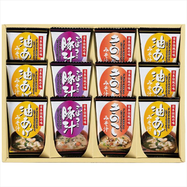 ■商品紹介：凍結乾燥の技術でお湯を注ぐだけでおいしさそのままのお味噌汁詰合せ。油揚げとわかめを使い、和風だしを効かせた定番の味噌汁（油揚げ）。3種のきのこを使い、米みそと豆みそをブレンドした風味豊かな味噌汁（きのこ）。豚肉と野菜の旨味にごぼうの食感がマッチした、コク深い味わいの豚汁。お味噌汁3種の味詰合せです。 ■商品内容：お味噌汁(油揚げ6個・きのこ・豚汁各3個) ■商品パッケージサイズ：34.5×4×26cm メーカー希望小売価格はメーカーカタログに基づいて掲載しています ■さまざまなギフトアイテムをご用意しております。 内祝　内祝い　お祝い返し　ウェディングギフト　ブライダルギフト　引き出物　引出物　結婚引き出物　結婚引出物　結婚内祝い　出産内祝い命名内祝い　入園内祝い　入学内祝い　卒園内祝い　卒業内祝い　就職内祝い　新築内祝い　引越し内祝い　快気内祝い　開店内祝い　二次会披露宴　お祝い　御祝　結婚式　結婚祝い　出産祝い　初節句　七五三　入園祝い　入学祝い　卒園祝い　卒業祝い　成人式　就職祝い　昇進祝い新築祝い　上棟祝い　引っ越し祝い　引越し祝い　開店祝い　退職祝い　快気祝い　全快祝い　初老祝い　還暦祝い　古稀祝い　喜寿祝い　傘寿祝い米寿祝い　卒寿祝い　白寿祝い　長寿祝い　金婚式　銀婚式　ダイヤモンド婚式　結婚記念日　ギフト　ギフトセット　セット　詰め合わせ　贈答品　お返しお礼　御礼　ごあいさつ　ご挨拶　御挨拶　プレゼント　お見舞い　お見舞御礼　お餞別　引越し　引越しご挨拶　記念日　誕生日　父の日　母の日　敬老の日記念品　卒業記念品　定年退職記念品　ゴルフコンペ　コンペ景品　景品　賞品　粗品　お香典返し　香典返し　志　満中陰志　弔事　会葬御礼　法要法要引き出物　法要引出物　法事　法事引き出物　法事引出物　忌明け　四十九日　七七日忌明け志　一周忌　三回忌　回忌法要　偲び草　粗供養　初盆供物　お供え　お中元　御中元　お歳暮　御歳暮　お年賀　御年賀　残暑見舞い　年始挨拶　ボーリング大会　景品　レミパン　ゼリー　スターバックス千疋屋　結婚式　そうめん　ローラアシュレイ　プリン　話題　ディズニー　カタログギフト　ティファール　ビタクラフト　ステンレスタンブラー　リラックマのし無料　メッセージカード無料　ラッピング無料 ギフトにぴったりのアイテムをご紹介！贈り物に悩んでいる方へ、心温まるギフトアイテムを取り揃えました。高品質な食品、ふわふわのタオル、美しい食器、そしてセンスあふれる雑貨まで、幅広いラインナップであなたの大切な人への思いを伝えます。 特徴 高品質：厳選された素材と丁寧な製造工程で作られた商品ばかり。どれも長く愛用いただけます。 多用途：どんなシーンでも使える万能アイテムが揃っています。誕生日、結婚祝い、新築祝いなど、さまざまな場面に最適です。 デザイン：シンプルで洗練されたデザインから、カラフルで個性的なものまで、多彩なバリエーションをご用意。 お手頃価格：高品質ながら手ごろな価格で、コストパフォーマンスも抜群。おすすめの用途とシーン 誕生日プレゼント：大切な人の特別な日を祝うために、実用的かつ心温まるギフトを。食品やタオルは、日常で役立つアイテムとして喜ばれます。 結婚祝い：新しい生活を始めるカップルに、美しい食器やおしゃれな雑貨を。幸せな家庭を築くお手伝いができます。 新築祝い：新しい家に引っ越した友人や家族へ、インテリアにぴったりの雑貨や実用的なタオルを。快適な生活をサポートします。 お返しギフト：感謝の気持ちを込めて、おしゃれで実用的なアイテムを。食品はもちろん、使い心地の良いタオルや美しい食器も喜ばれます。 季節の贈り物：お中元やお歳暮、季節の挨拶として、季節に合ったギフトを。夏には涼しげな雑貨、冬には温かみのあるタオルや食品が最適です。 贈る相手に合わせたおすすめ グルメな方へ：美味しい食品を贈れば、食卓が一層華やかに。特別な時間を演出します。 家庭的な方へ：ふわふわのタオルや使いやすい食器で、日常生活に彩りを。 オシャレな方へ：センスあふれる雑貨で、インテリアを一層魅力的に。 まとめ あなたの気持ちを込めたギフト選びをお手伝いします。どれも心を込めて選んだアイテムばかりです。大切な人への贈り物として、自信を持っておすすめします。 商品概要 [分類] 以下のような商品をお探しの方にオススメです。スイーツ スィーツ スウィーツ Sweets ケーキ お菓子 洋菓子 デザート おやつ 小腹対策 食品 食べ物 / チョコレートケーキ チョコレート ガトーショコラ チーズケーキ 生菓子 生ケーキ ベイクドチーズケーキ [評価・マスコミ] ランキング1位のおすすめ(お勧め オススメ) インスタ映え SNS 評判 今話題の人気商品 [サービス] 以下のサービスをご利用いだだけます。不可の場合あり。お取り寄せ 全国配送 全国発送 オーダー 注文 デリバリー 取寄せ 宅配 ネット通販 持ち運び可 / 送料無料 送料込み 無料ギフト対応 日持ち長い 長期保存 賞味期限が長い 名入れ 当日発送 お急ぎ便 即日配送 即日発送 翌日配送 翌日発送 前日に買う あす楽 明日楽 即納 翌日 あす着 明日届く 配送日指定可 冷凍保存可 冷凍保管 冷凍便 ギフトラッピング ギフト対応 予約 メッセージ付き 有料メッセージカード 有料お誕生日カード ホワイトデー当日お届け可能 [パッケージ] 　 以下のような包装でお届けします。詰め合わせ セット アソート 化粧箱入り ラッピング不要 個包装 小分け 手提げ袋（有償） 2重梱包 [デザイン] 以下のようなイメージをお求めの方におすすめです。お洒落 可愛い ゴージャス 高級感 プレミアム サプライズ感 美しい インパクト 面白い 珍しい 希少 驚き シンプル 上品 スタイリッシュ エレガント モダン [ご用途] 工夫次第で様々な用途でご利用いただけます。贈り物 プレゼント ギフト プチギフト 贈答品 お祝い 御祝い 退職祝い 内祝い 出産祝い 出産内祝い 入学祝い 卒業祝い ご褒美 手土産 お土産 お使い物 お返し お礼 ご挨拶 ご進物 お配り 配る ばらまき バレンタインデー バレンタインデイ ヴァレンタイン 友チョコ 義理チョコ 本命チョコ 逆チョコ バレンタインチョコ ホワイトデー ホワイトデイ ホワイトデーのお返し 七五三 ひな祭り こどもの日 ハロウィン クリスマス お中元 お年賀 ウインターギフト 御中元 御歳暮 サマーギフト 残暑見舞い お歳暮 母の日 父の日 敬老の日 敬老会記念品 敬老会 結婚祝い 結婚内祝い 結婚記念日 結婚式二次会 二次会のプチギフト 結婚披露宴の引き出物 引き菓子 ウエディングパーティー 成人祝い 長寿祝い 還暦祝い 古希祝い 古稀祝い 喜寿祝い 傘寿祝い 米寿祝い 卒寿祝い 白寿祝い 紀寿祝い 百寿祝い 成人式 セレモニー イベント 内祝い 快気祝い 快気内祝い 出産内祝い 出産祝い 記念日 お返し ご進物 御使い物 お礼 ご挨拶 御礼 ご祝儀 祝儀の品 お使い物 ノベルティー 粗品 景品 長寿 法事 法要 仏事 年忌法事 志 粗供養 供養返し 香典返し 満中陰志 御供え お供え 御供物 弔事 七五三 ひな祭り 入学祝い 卒業祝い 卒園祝い 退職祝い 入社祝い 成人式 成人式のお祝い 朝食 食事代わり ティータイム ブレイクタイム ホームパーティー クリスマスケーキ 誕生日プレゼント 誕生祝い バースデーケーキ 学校 会社 職場 法人 取引先 部活 イベント サークル 介護施設 [おすすめの方] 以下のような様々なお客様にお喜びいただいております。10代 20代 30代 40代 50代 60代 70代 80代 90代 100歳以上 お母さん お父さん ママ パパ 兄弟姉妹 彼氏 彼女 恋人 義理の母 叔父さん 親戚の お嬢さん 大家族 家族 赤ちゃん 祖父 祖母 叔父 叔母 孫 おじいちゃん おばあちゃん じいじ ばあば 夫 旦那 妻 奥様 お嫁さん 奥さん 親 両親 娘 同僚 友達 仲間 友人 親友 上司 部下 先輩 後輩 お世話になった方 恩師 先生 大人数 女友達 法人 女性 男性 大人 子ども 子供用 小学生 中学生 高校生 男の子 女の子 辛党 甘党 甘いものが苦手 高齢者 お年寄り [その他おすすめ] 以下のような商品に興味のある方にもオススメです。大量 大量購入 財布に優しい 大人数 業務用 大量スイーツ お試し コスパ良い /凍結乾燥の技術でお湯を注ぐだけでおいしさそのままのお味噌汁詰合せ。油揚げとわかめを使い、和風だしを効かせた定番の味噌汁（油揚げ）。3種のきのこを使い、米みそと豆みそをブレンドした風味豊かな味噌汁（きのこ）。豚肉と野菜の旨味にごぼうの食感がマッチした、コク深い味わいの豚汁。お味噌汁3種の味詰合せです。