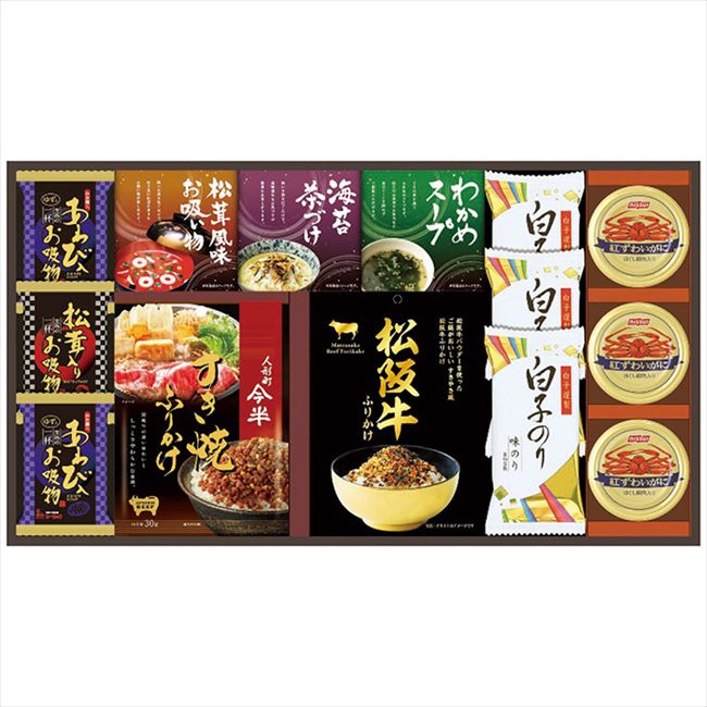 ■商品紹介：人形町今半の「すき焼きふりかけ」、松阪牛パウダーを使った「すき焼き風松阪牛ふりかけ」に高級素材使用のフリーズドライやお吸い物等をギッシリ詰め合わせました。 ■商品内容：人形町今半すき焼ふりかけ30g・松阪牛ふりかけ30g・松茸入お吸い物4.2g各1袋・あわび入お吸い物4g×2袋・白子のり(8切5枚)3袋・丸美屋海苔茶漬け(6g×2袋)・永谷園松茸風味お吸い物(2.3g×2袋)・わかめスープ(3.5g×3袋)各1箱・紅ずわいがにほぐし身55g×3缶 ■商品パッケージサイズ：53.4×4.2×29.2cm メーカー希望小売価格はメーカーカタログに基づいて掲載しています ■さまざまなギフトアイテムをご用意しております。 内祝　内祝い　お祝い返し　ウェディングギフト　ブライダルギフト　引き出物　引出物　結婚引き出物　結婚引出物　結婚内祝い　出産内祝い命名内祝い　入園内祝い　入学内祝い　卒園内祝い　卒業内祝い　就職内祝い　新築内祝い　引越し内祝い　快気内祝い　開店内祝い　二次会披露宴　お祝い　御祝　結婚式　結婚祝い　出産祝い　初節句　七五三　入園祝い　入学祝い　卒園祝い　卒業祝い　成人式　就職祝い　昇進祝い新築祝い　上棟祝い　引っ越し祝い　引越し祝い　開店祝い　退職祝い　快気祝い　全快祝い　初老祝い　還暦祝い　古稀祝い　喜寿祝い　傘寿祝い米寿祝い　卒寿祝い　白寿祝い　長寿祝い　金婚式　銀婚式　ダイヤモンド婚式　結婚記念日　ギフト　ギフトセット　セット　詰め合わせ　贈答品　お返しお礼　御礼　ごあいさつ　ご挨拶　御挨拶　プレゼント　お見舞い　お見舞御礼　お餞別　引越し　引越しご挨拶　記念日　誕生日　父の日　母の日　敬老の日記念品　卒業記念品　定年退職記念品　ゴルフコンペ　コンペ景品　景品　賞品　粗品　お香典返し　香典返し　志　満中陰志　弔事　会葬御礼　法要法要引き出物　法要引出物　法事　法事引き出物　法事引出物　忌明け　四十九日　七七日忌明け志　一周忌　三回忌　回忌法要　偲び草　粗供養　初盆供物　お供え　お中元　御中元　お歳暮　御歳暮　お年賀　御年賀　残暑見舞い　年始挨拶　ボーリング大会　景品　レミパン　ゼリー　スターバックス千疋屋　結婚式　そうめん　ローラアシュレイ　プリン　話題　ディズニー　カタログギフト　ティファール　ビタクラフト　ステンレスタンブラー　リラックマのし無料　メッセージカード無料　ラッピング無料 ギフトにぴったりのアイテムをご紹介！贈り物に悩んでいる方へ、心温まるギフトアイテムを取り揃えました。高品質な食品、ふわふわのタオル、美しい食器、そしてセンスあふれる雑貨まで、幅広いラインナップであなたの大切な人への思いを伝えます。 特徴 高品質：厳選された素材と丁寧な製造工程で作られた商品ばかり。どれも長く愛用いただけます。 多用途：どんなシーンでも使える万能アイテムが揃っています。誕生日、結婚祝い、新築祝いなど、さまざまな場面に最適です。 デザイン：シンプルで洗練されたデザインから、カラフルで個性的なものまで、多彩なバリエーションをご用意。 お手頃価格：高品質ながら手ごろな価格で、コストパフォーマンスも抜群。おすすめの用途とシーン 誕生日プレゼント：大切な人の特別な日を祝うために、実用的かつ心温まるギフトを。食品やタオルは、日常で役立つアイテムとして喜ばれます。 結婚祝い：新しい生活を始めるカップルに、美しい食器やおしゃれな雑貨を。幸せな家庭を築くお手伝いができます。 新築祝い：新しい家に引っ越した友人や家族へ、インテリアにぴったりの雑貨や実用的なタオルを。快適な生活をサポートします。 お返しギフト：感謝の気持ちを込めて、おしゃれで実用的なアイテムを。食品はもちろん、使い心地の良いタオルや美しい食器も喜ばれます。 季節の贈り物：お中元やお歳暮、季節の挨拶として、季節に合ったギフトを。夏には涼しげな雑貨、冬には温かみのあるタオルや食品が最適です。 贈る相手に合わせたおすすめ グルメな方へ：美味しい食品を贈れば、食卓が一層華やかに。特別な時間を演出します。 家庭的な方へ：ふわふわのタオルや使いやすい食器で、日常生活に彩りを。 オシャレな方へ：センスあふれる雑貨で、インテリアを一層魅力的に。 まとめ あなたの気持ちを込めたギフト選びをお手伝いします。どれも心を込めて選んだアイテムばかりです。大切な人への贈り物として、自信を持っておすすめします。 商品概要 [分類] 以下のような商品をお探しの方にオススメです。スイーツ スィーツ スウィーツ Sweets ケーキ お菓子 洋菓子 デザート おやつ 小腹対策 食品 食べ物 / チョコレートケーキ チョコレート ガトーショコラ チーズケーキ 生菓子 生ケーキ ベイクドチーズケーキ [評価・マスコミ] ランキング1位のおすすめ(お勧め オススメ) インスタ映え SNS 評判 今話題の人気商品 [サービス] 以下のサービスをご利用いだだけます。不可の場合あり。お取り寄せ 全国配送 全国発送 オーダー 注文 デリバリー 取寄せ 宅配 ネット通販 持ち運び可 / 送料無料 送料込み 無料ギフト対応 日持ち長い 長期保存 賞味期限が長い 名入れ 当日発送 お急ぎ便 即日配送 即日発送 翌日配送 翌日発送 前日に買う あす楽 明日楽 即納 翌日 あす着 明日届く 配送日指定可 冷凍保存可 冷凍保管 冷凍便 ギフトラッピング ギフト対応 予約 メッセージ付き 有料メッセージカード 有料お誕生日カード ホワイトデー当日お届け可能 [パッケージ] 　 以下のような包装でお届けします。詰め合わせ セット アソート 化粧箱入り ラッピング不要 個包装 小分け 手提げ袋（有償） 2重梱包 [デザイン] 以下のようなイメージをお求めの方におすすめです。お洒落 可愛い ゴージャス 高級感 プレミアム サプライズ感 美しい インパクト 面白い 珍しい 希少 驚き シンプル 上品 スタイリッシュ エレガント モダン [ご用途] 工夫次第で様々な用途でご利用いただけます。贈り物 プレゼント ギフト プチギフト 贈答品 お祝い 御祝い 退職祝い 内祝い 出産祝い 出産内祝い 入学祝い 卒業祝い ご褒美 手土産 お土産 お使い物 お返し お礼 ご挨拶 ご進物 お配り 配る ばらまき バレンタインデー バレンタインデイ ヴァレンタイン 友チョコ 義理チョコ 本命チョコ 逆チョコ バレンタインチョコ ホワイトデー ホワイトデイ ホワイトデーのお返し 七五三 ひな祭り こどもの日 ハロウィン クリスマス お中元 お年賀 ウインターギフト 御中元 御歳暮 サマーギフト 残暑見舞い お歳暮 母の日 父の日 敬老の日 敬老会記念品 敬老会 結婚祝い 結婚内祝い 結婚記念日 結婚式二次会 二次会のプチギフト 結婚披露宴の引き出物 引き菓子 ウエディングパーティー 成人祝い 長寿祝い 還暦祝い 古希祝い 古稀祝い 喜寿祝い 傘寿祝い 米寿祝い 卒寿祝い 白寿祝い 紀寿祝い 百寿祝い 成人式 セレモニー イベント 内祝い 快気祝い 快気内祝い 出産内祝い 出産祝い 記念日 お返し ご進物 御使い物 お礼 ご挨拶 御礼 ご祝儀 祝儀の品 お使い物 ノベルティー 粗品 景品 長寿 法事 法要 仏事 年忌法事 志 粗供養 供養返し 香典返し 満中陰志 御供え お供え 御供物 弔事 七五三 ひな祭り 入学祝い 卒業祝い 卒園祝い 退職祝い 入社祝い 成人式 成人式のお祝い 朝食 食事代わり ティータイム ブレイクタイム ホームパーティー クリスマスケーキ 誕生日プレゼント 誕生祝い バースデーケーキ 学校 会社 職場 法人 取引先 部活 イベント サークル 介護施設 [おすすめの方] 以下のような様々なお客様にお喜びいただいております。10代 20代 30代 40代 50代 60代 70代 80代 90代 100歳以上 お母さん お父さん ママ パパ 兄弟姉妹 彼氏 彼女 恋人 義理の母 叔父さん 親戚の お嬢さん 大家族 家族 赤ちゃん 祖父 祖母 叔父 叔母 孫 おじいちゃん おばあちゃん じいじ ばあば 夫 旦那 妻 奥様 お嫁さん 奥さん 親 両親 娘 同僚 友達 仲間 友人 親友 上司 部下 先輩 後輩 お世話になった方 恩師 先生 大人数 女友達 法人 女性 男性 大人 子ども 子供用 小学生 中学生 高校生 男の子 女の子 辛党 甘党 甘いものが苦手 高齢者 お年寄り [その他おすすめ] 以下のような商品に興味のある方にもオススメです。大量 大量購入 財布に優しい 大人数 業務用 大量スイーツ お試し コスパ良い /人形町今半の「すき焼きふりかけ」、松阪牛パウダーを使った「すき焼き風松阪牛ふりかけ」に高級素材使用のフリーズドライやお吸い物等をギッシリ詰め合わせました。