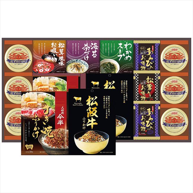 ■商品紹介：人形町今半の「すき焼きふりかけ」、松阪牛パウダーを使った「すき焼き風松阪牛ふりかけ」に高級素材使用のフリーズドライやお吸い物等をギッシリ詰め合わせました。 ■商品内容：人形町今半すき焼ふりかけ30g・松阪牛ふりかけ30g・あわび入お吸い物4g各2袋・松茸入お吸い物4.2g×1袋・丸美屋海苔茶漬け(6g×2袋)・永谷園松茸風味お吸い物(2.3g×2袋)・わかめスープ(3.5g×3袋)各1箱・紅ずわいがにほぐし身55g×6缶 ■商品パッケージサイズ：53.4×4.2×29.2cm メーカー希望小売価格はメーカーカタログに基づいて掲載しています ■さまざまなギフトアイテムをご用意しております。 内祝　内祝い　お祝い返し　ウェディングギフト　ブライダルギフト　引き出物　引出物　結婚引き出物　結婚引出物　結婚内祝い　出産内祝い命名内祝い　入園内祝い　入学内祝い　卒園内祝い　卒業内祝い　就職内祝い　新築内祝い　引越し内祝い　快気内祝い　開店内祝い　二次会披露宴　お祝い　御祝　結婚式　結婚祝い　出産祝い　初節句　七五三　入園祝い　入学祝い　卒園祝い　卒業祝い　成人式　就職祝い　昇進祝い新築祝い　上棟祝い　引っ越し祝い　引越し祝い　開店祝い　退職祝い　快気祝い　全快祝い　初老祝い　還暦祝い　古稀祝い　喜寿祝い　傘寿祝い米寿祝い　卒寿祝い　白寿祝い　長寿祝い　金婚式　銀婚式　ダイヤモンド婚式　結婚記念日　ギフト　ギフトセット　セット　詰め合わせ　贈答品　お返しお礼　御礼　ごあいさつ　ご挨拶　御挨拶　プレゼント　お見舞い　お見舞御礼　お餞別　引越し　引越しご挨拶　記念日　誕生日　父の日　母の日　敬老の日記念品　卒業記念品　定年退職記念品　ゴルフコンペ　コンペ景品　景品　賞品　粗品　お香典返し　香典返し　志　満中陰志　弔事　会葬御礼　法要法要引き出物　法要引出物　法事　法事引き出物　法事引出物　忌明け　四十九日　七七日忌明け志　一周忌　三回忌　回忌法要　偲び草　粗供養　初盆供物　お供え　お中元　御中元　お歳暮　御歳暮　お年賀　御年賀　残暑見舞い　年始挨拶　ボーリング大会　景品　レミパン　ゼリー　スターバックス千疋屋　結婚式　そうめん　ローラアシュレイ　プリン　話題　ディズニー　カタログギフト　ティファール　ビタクラフト　ステンレスタンブラー　リラックマのし無料　メッセージカード無料　ラッピング無料 ギフトにぴったりのアイテムをご紹介！贈り物に悩んでいる方へ、心温まるギフトアイテムを取り揃えました。高品質な食品、ふわふわのタオル、美しい食器、そしてセンスあふれる雑貨まで、幅広いラインナップであなたの大切な人への思いを伝えます。 特徴 高品質：厳選された素材と丁寧な製造工程で作られた商品ばかり。どれも長く愛用いただけます。 多用途：どんなシーンでも使える万能アイテムが揃っています。誕生日、結婚祝い、新築祝いなど、さまざまな場面に最適です。 デザイン：シンプルで洗練されたデザインから、カラフルで個性的なものまで、多彩なバリエーションをご用意。 お手頃価格：高品質ながら手ごろな価格で、コストパフォーマンスも抜群。おすすめの用途とシーン 誕生日プレゼント：大切な人の特別な日を祝うために、実用的かつ心温まるギフトを。食品やタオルは、日常で役立つアイテムとして喜ばれます。 結婚祝い：新しい生活を始めるカップルに、美しい食器やおしゃれな雑貨を。幸せな家庭を築くお手伝いができます。 新築祝い：新しい家に引っ越した友人や家族へ、インテリアにぴったりの雑貨や実用的なタオルを。快適な生活をサポートします。 お返しギフト：感謝の気持ちを込めて、おしゃれで実用的なアイテムを。食品はもちろん、使い心地の良いタオルや美しい食器も喜ばれます。 季節の贈り物：お中元やお歳暮、季節の挨拶として、季節に合ったギフトを。夏には涼しげな雑貨、冬には温かみのあるタオルや食品が最適です。 贈る相手に合わせたおすすめ グルメな方へ：美味しい食品を贈れば、食卓が一層華やかに。特別な時間を演出します。 家庭的な方へ：ふわふわのタオルや使いやすい食器で、日常生活に彩りを。 オシャレな方へ：センスあふれる雑貨で、インテリアを一層魅力的に。 まとめ あなたの気持ちを込めたギフト選びをお手伝いします。どれも心を込めて選んだアイテムばかりです。大切な人への贈り物として、自信を持っておすすめします。 商品概要 [分類] 以下のような商品をお探しの方にオススメです。スイーツ スィーツ スウィーツ Sweets ケーキ お菓子 洋菓子 デザート おやつ 小腹対策 食品 食べ物 / チョコレートケーキ チョコレート ガトーショコラ チーズケーキ 生菓子 生ケーキ ベイクドチーズケーキ [評価・マスコミ] ランキング1位のおすすめ(お勧め オススメ) インスタ映え SNS 評判 今話題の人気商品 [サービス] 以下のサービスをご利用いだだけます。不可の場合あり。お取り寄せ 全国配送 全国発送 オーダー 注文 デリバリー 取寄せ 宅配 ネット通販 持ち運び可 / 送料無料 送料込み 無料ギフト対応 日持ち長い 長期保存 賞味期限が長い 名入れ 当日発送 お急ぎ便 即日配送 即日発送 翌日配送 翌日発送 前日に買う あす楽 明日楽 即納 翌日 あす着 明日届く 配送日指定可 冷凍保存可 冷凍保管 冷凍便 ギフトラッピング ギフト対応 予約 メッセージ付き 有料メッセージカード 有料お誕生日カード ホワイトデー当日お届け可能 [パッケージ] 　 以下のような包装でお届けします。詰め合わせ セット アソート 化粧箱入り ラッピング不要 個包装 小分け 手提げ袋（有償） 2重梱包 [デザイン] 以下のようなイメージをお求めの方におすすめです。お洒落 可愛い ゴージャス 高級感 プレミアム サプライズ感 美しい インパクト 面白い 珍しい 希少 驚き シンプル 上品 スタイリッシュ エレガント モダン [ご用途] 工夫次第で様々な用途でご利用いただけます。贈り物 プレゼント ギフト プチギフト 贈答品 お祝い 御祝い 退職祝い 内祝い 出産祝い 出産内祝い 入学祝い 卒業祝い ご褒美 手土産 お土産 お使い物 お返し お礼 ご挨拶 ご進物 お配り 配る ばらまき バレンタインデー バレンタインデイ ヴァレンタイン 友チョコ 義理チョコ 本命チョコ 逆チョコ バレンタインチョコ ホワイトデー ホワイトデイ ホワイトデーのお返し 七五三 ひな祭り こどもの日 ハロウィン クリスマス お中元 お年賀 ウインターギフト 御中元 御歳暮 サマーギフト 残暑見舞い お歳暮 母の日 父の日 敬老の日 敬老会記念品 敬老会 結婚祝い 結婚内祝い 結婚記念日 結婚式二次会 二次会のプチギフト 結婚披露宴の引き出物 引き菓子 ウエディングパーティー 成人祝い 長寿祝い 還暦祝い 古希祝い 古稀祝い 喜寿祝い 傘寿祝い 米寿祝い 卒寿祝い 白寿祝い 紀寿祝い 百寿祝い 成人式 セレモニー イベント 内祝い 快気祝い 快気内祝い 出産内祝い 出産祝い 記念日 お返し ご進物 御使い物 お礼 ご挨拶 御礼 ご祝儀 祝儀の品 お使い物 ノベルティー 粗品 景品 長寿 法事 法要 仏事 年忌法事 志 粗供養 供養返し 香典返し 満中陰志 御供え お供え 御供物 弔事 七五三 ひな祭り 入学祝い 卒業祝い 卒園祝い 退職祝い 入社祝い 成人式 成人式のお祝い 朝食 食事代わり ティータイム ブレイクタイム ホームパーティー クリスマスケーキ 誕生日プレゼント 誕生祝い バースデーケーキ 学校 会社 職場 法人 取引先 部活 イベント サークル 介護施設 [おすすめの方] 以下のような様々なお客様にお喜びいただいております。10代 20代 30代 40代 50代 60代 70代 80代 90代 100歳以上 お母さん お父さん ママ パパ 兄弟姉妹 彼氏 彼女 恋人 義理の母 叔父さん 親戚の お嬢さん 大家族 家族 赤ちゃん 祖父 祖母 叔父 叔母 孫 おじいちゃん おばあちゃん じいじ ばあば 夫 旦那 妻 奥様 お嫁さん 奥さん 親 両親 娘 同僚 友達 仲間 友人 親友 上司 部下 先輩 後輩 お世話になった方 恩師 先生 大人数 女友達 法人 女性 男性 大人 子ども 子供用 小学生 中学生 高校生 男の子 女の子 辛党 甘党 甘いものが苦手 高齢者 お年寄り [その他おすすめ] 以下のような商品に興味のある方にもオススメです。大量 大量購入 財布に優しい 大人数 業務用 大量スイーツ お試し コスパ良い /人形町今半の「すき焼きふりかけ」、松阪牛パウダーを使った「すき焼き風松阪牛ふりかけ」に高級素材使用のフリーズドライやお吸い物等をギッシリ詰め合わせました。