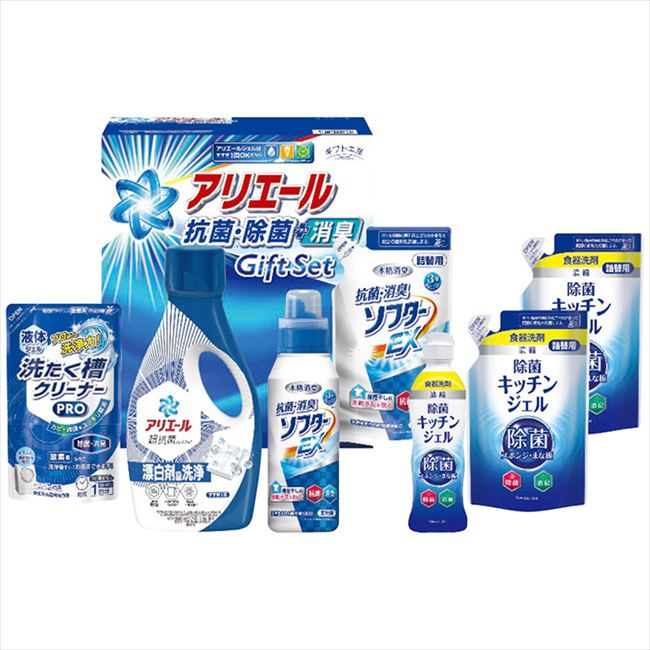 ■商品紹介：抗菌洗剤アリエールと、少量でたくさん洗える濃縮タイプの食器洗剤除菌ジェル、室内干しのイヤなニオイを防ぎ、ふっくら柔らかく仕上がる抗菌・消臭ソフター、洗たく槽クリーナーのギフトです。 ■商品内容：700gアリエールジェル・200ml除菌キッチンジェル・350g抗菌消臭ソフターEX各1本・160ml除菌キッチンジェル(詰替用)2個・350g抗菌消臭ソフターEX(詰替用)・200g液体洗たく槽クリーナーPRO各1個 ■商品パッケージサイズ：24.3×28×15cm メーカー希望小売価格はメーカーカタログに基づいて掲載しています ■さまざまなギフトアイテムをご用意しております。 内祝　内祝い　お祝い返し　ウェディングギフト　ブライダルギフト　引き出物　引出物　結婚引き出物　結婚引出物　結婚内祝い　出産内祝い命名内祝い　入園内祝い　入学内祝い　卒園内祝い　卒業内祝い　就職内祝い　新築内祝い　引越し内祝い　快気内祝い　開店内祝い　二次会披露宴　お祝い　御祝　結婚式　結婚祝い　出産祝い　初節句　七五三　入園祝い　入学祝い　卒園祝い　卒業祝い　成人式　就職祝い　昇進祝い新築祝い　上棟祝い　引っ越し祝い　引越し祝い　開店祝い　退職祝い　快気祝い　全快祝い　初老祝い　還暦祝い　古稀祝い　喜寿祝い　傘寿祝い米寿祝い　卒寿祝い　白寿祝い　長寿祝い　金婚式　銀婚式　ダイヤモンド婚式　結婚記念日　ギフト　ギフトセット　セット　詰め合わせ　贈答品　お返しお礼　御礼　ごあいさつ　ご挨拶　御挨拶　プレゼント　お見舞い　お見舞御礼　お餞別　引越し　引越しご挨拶　記念日　誕生日　父の日　母の日　敬老の日記念品　卒業記念品　定年退職記念品　ゴルフコンペ　コンペ景品　景品　賞品　粗品　お香典返し　香典返し　志　満中陰志　弔事　会葬御礼　法要法要引き出物　法要引出物　法事　法事引き出物　法事引出物　忌明け　四十九日　七七日忌明け志　一周忌　三回忌　回忌法要　偲び草　粗供養　初盆供物　お供え　お中元　御中元　お歳暮　御歳暮　お年賀　御年賀　残暑見舞い　年始挨拶　ボーリング大会　景品　レミパン　ゼリー　スターバックス千疋屋　結婚式　そうめん　ローラアシュレイ　プリン　話題　ディズニー　カタログギフト　ティファール　ビタクラフト　ステンレスタンブラー　リラックマのし無料　メッセージカード無料　ラッピング無料 ギフトにぴったりのアイテムをご紹介！贈り物に悩んでいる方へ、心温まるギフトアイテムを取り揃えました。高品質な食品、ふわふわのタオル、美しい食器、そしてセンスあふれる雑貨まで、幅広いラインナップであなたの大切な人への思いを伝えます。 特徴 高品質：厳選された素材と丁寧な製造工程で作られた商品ばかり。どれも長く愛用いただけます。 多用途：どんなシーンでも使える万能アイテムが揃っています。誕生日、結婚祝い、新築祝いなど、さまざまな場面に最適です。 デザイン：シンプルで洗練されたデザインから、カラフルで個性的なものまで、多彩なバリエーションをご用意。 お手頃価格：高品質ながら手ごろな価格で、コストパフォーマンスも抜群。おすすめの用途とシーン 誕生日プレゼント：大切な人の特別な日を祝うために、実用的かつ心温まるギフトを。食品やタオルは、日常で役立つアイテムとして喜ばれます。 結婚祝い：新しい生活を始めるカップルに、美しい食器やおしゃれな雑貨を。幸せな家庭を築くお手伝いができます。 新築祝い：新しい家に引っ越した友人や家族へ、インテリアにぴったりの雑貨や実用的なタオルを。快適な生活をサポートします。 お返しギフト：感謝の気持ちを込めて、おしゃれで実用的なアイテムを。食品はもちろん、使い心地の良いタオルや美しい食器も喜ばれます。 季節の贈り物：お中元やお歳暮、季節の挨拶として、季節に合ったギフトを。夏には涼しげな雑貨、冬には温かみのあるタオルや食品が最適です。 贈る相手に合わせたおすすめ グルメな方へ：美味しい食品を贈れば、食卓が一層華やかに。特別な時間を演出します。 家庭的な方へ：ふわふわのタオルや使いやすい食器で、日常生活に彩りを。 オシャレな方へ：センスあふれる雑貨で、インテリアを一層魅力的に。 まとめ あなたの気持ちを込めたギフト選びをお手伝いします。どれも心を込めて選んだアイテムばかりです。大切な人への贈り物として、自信を持っておすすめします。 商品概要 [分類] 以下のような商品をお探しの方にオススメです。スイーツ スィーツ スウィーツ Sweets ケーキ お菓子 洋菓子 デザート おやつ 小腹対策 食品 食べ物 / チョコレートケーキ チョコレート ガトーショコラ チーズケーキ 生菓子 生ケーキ ベイクドチーズケーキ [評価・マスコミ] ランキング1位のおすすめ(お勧め オススメ) インスタ映え SNS 評判 今話題の人気商品 [サービス] 以下のサービスをご利用いだだけます。不可の場合あり。お取り寄せ 全国配送 全国発送 オーダー 注文 デリバリー 取寄せ 宅配 ネット通販 持ち運び可 / 送料無料 送料込み 無料ギフト対応 日持ち長い 長期保存 賞味期限が長い 名入れ 当日発送 お急ぎ便 即日配送 即日発送 翌日配送 翌日発送 前日に買う あす楽 明日楽 即納 翌日 あす着 明日届く 配送日指定可 冷凍保存可 冷凍保管 冷凍便 ギフトラッピング ギフト対応 予約 メッセージ付き 有料メッセージカード 有料お誕生日カード ホワイトデー当日お届け可能 [パッケージ] 　 以下のような包装でお届けします。詰め合わせ セット アソート 化粧箱入り ラッピング不要 個包装 小分け 手提げ袋（有償） 2重梱包 [デザイン] 以下のようなイメージをお求めの方におすすめです。お洒落 可愛い ゴージャス 高級感 プレミアム サプライズ感 美しい インパクト 面白い 珍しい 希少 驚き シンプル 上品 スタイリッシュ エレガント モダン [ご用途] 工夫次第で様々な用途でご利用いただけます。贈り物 プレゼント ギフト プチギフト 贈答品 お祝い 御祝い 退職祝い 内祝い 出産祝い 出産内祝い 入学祝い 卒業祝い ご褒美 手土産 お土産 お使い物 お返し お礼 ご挨拶 ご進物 お配り 配る ばらまき バレンタインデー バレンタインデイ ヴァレンタイン 友チョコ 義理チョコ 本命チョコ 逆チョコ バレンタインチョコ ホワイトデー ホワイトデイ ホワイトデーのお返し 七五三 ひな祭り こどもの日 ハロウィン クリスマス お中元 お年賀 ウインターギフト 御中元 御歳暮 サマーギフト 残暑見舞い お歳暮 母の日 父の日 敬老の日 敬老会記念品 敬老会 結婚祝い 結婚内祝い 結婚記念日 結婚式二次会 二次会のプチギフト 結婚披露宴の引き出物 引き菓子 ウエディングパーティー 成人祝い 長寿祝い 還暦祝い 古希祝い 古稀祝い 喜寿祝い 傘寿祝い 米寿祝い 卒寿祝い 白寿祝い 紀寿祝い 百寿祝い 成人式 セレモニー イベント 内祝い 快気祝い 快気内祝い 出産内祝い 出産祝い 記念日 お返し ご進物 御使い物 お礼 ご挨拶 御礼 ご祝儀 祝儀の品 お使い物 ノベルティー 粗品 景品 長寿 法事 法要 仏事 年忌法事 志 粗供養 供養返し 香典返し 満中陰志 御供え お供え 御供物 弔事 七五三 ひな祭り 入学祝い 卒業祝い 卒園祝い 退職祝い 入社祝い 成人式 成人式のお祝い 朝食 食事代わり ティータイム ブレイクタイム ホームパーティー クリスマスケーキ 誕生日プレゼント 誕生祝い バースデーケーキ 学校 会社 職場 法人 取引先 部活 イベント サークル 介護施設 [おすすめの方] 以下のような様々なお客様にお喜びいただいております。10代 20代 30代 40代 50代 60代 70代 80代 90代 100歳以上 お母さん お父さん ママ パパ 兄弟姉妹 彼氏 彼女 恋人 義理の母 叔父さん 親戚の お嬢さん 大家族 家族 赤ちゃん 祖父 祖母 叔父 叔母 孫 おじいちゃん おばあちゃん じいじ ばあば 夫 旦那 妻 奥様 お嫁さん 奥さん 親 両親 娘 同僚 友達 仲間 友人 親友 上司 部下 先輩 後輩 お世話になった方 恩師 先生 大人数 女友達 法人 女性 男性 大人 子ども 子供用 小学生 中学生 高校生 男の子 女の子 辛党 甘党 甘いものが苦手 高齢者 お年寄り [その他おすすめ] 以下のような商品に興味のある方にもオススメです。大量 大量購入 財布に優しい 大人数 業務用 大量スイーツ お試し コスパ良い /抗菌洗剤アリエールと、少量でたくさん洗える濃縮タイプの食器洗剤除菌ジェル、室内干しのイヤなニオイを防ぎ、ふっくら柔らかく仕上がる抗菌・消臭ソフター、洗たく槽クリーナーのギフトです。