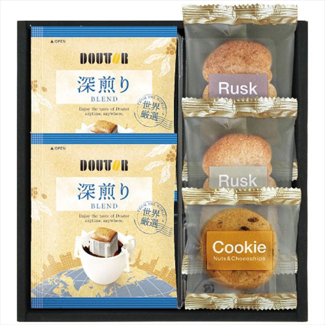 ■商品紹介：ドトールコーヒーと、マカダミアナッツとぺカンナッツ、チョコチップをたっぷり入れて、ざっくりとした食感に焼き上げたざっくりクッキー、甘さを抑え軽い食感に仕上げた馴染みのあるシュガーラスク、香ばしいココナッツの風味が広がるさくっとした軽い食感のココナッツラスクのセットです。 ■商品内容：ドトールドリップコーヒー7g×2袋・ラスク(シュガー・ココナッツ)・ナッツとチョコのざっくりクッキー各1個 ■商品パッケージサイズ：20×4×21cm メーカー希望小売価格はメーカーカタログに基づいて掲載しています ■さまざまなギフトアイテムをご用意しております。 内祝　内祝い　お祝い返し　ウェディングギフト　ブライダルギフト　引き出物　引出物　結婚引き出物　結婚引出物　結婚内祝い　出産内祝い命名内祝い　入園内祝い　入学内祝い　卒園内祝い　卒業内祝い　就職内祝い　新築内祝い　引越し内祝い　快気内祝い　開店内祝い　二次会披露宴　お祝い　御祝　結婚式　結婚祝い　出産祝い　初節句　七五三　入園祝い　入学祝い　卒園祝い　卒業祝い　成人式　就職祝い　昇進祝い新築祝い　上棟祝い　引っ越し祝い　引越し祝い　開店祝い　退職祝い　快気祝い　全快祝い　初老祝い　還暦祝い　古稀祝い　喜寿祝い　傘寿祝い米寿祝い　卒寿祝い　白寿祝い　長寿祝い　金婚式　銀婚式　ダイヤモンド婚式　結婚記念日　ギフト　ギフトセット　セット　詰め合わせ　贈答品　お返しお礼　御礼　ごあいさつ　ご挨拶　御挨拶　プレゼント　お見舞い　お見舞御礼　お餞別　引越し　引越しご挨拶　記念日　誕生日　父の日　母の日　敬老の日記念品　卒業記念品　定年退職記念品　ゴルフコンペ　コンペ景品　景品　賞品　粗品　お香典返し　香典返し　志　満中陰志　弔事　会葬御礼　法要法要引き出物　法要引出物　法事　法事引き出物　法事引出物　忌明け　四十九日　七七日忌明け志　一周忌　三回忌　回忌法要　偲び草　粗供養　初盆供物　お供え　お中元　御中元　お歳暮　御歳暮　お年賀　御年賀　残暑見舞い　年始挨拶　ボーリング大会　景品　レミパン　ゼリー　スターバックス千疋屋　結婚式　そうめん　ローラアシュレイ　プリン　話題　ディズニー　カタログギフト　ティファール　ビタクラフト　ステンレスタンブラー　リラックマのし無料　メッセージカード無料　ラッピング無料 ギフトにぴったりのアイテムをご紹介！贈り物に悩んでいる方へ、心温まるギフトアイテムを取り揃えました。高品質な食品、ふわふわのタオル、美しい食器、そしてセンスあふれる雑貨まで、幅広いラインナップであなたの大切な人への思いを伝えます。 特徴 高品質：厳選された素材と丁寧な製造工程で作られた商品ばかり。どれも長く愛用いただけます。 多用途：どんなシーンでも使える万能アイテムが揃っています。誕生日、結婚祝い、新築祝いなど、さまざまな場面に最適です。 デザイン：シンプルで洗練されたデザインから、カラフルで個性的なものまで、多彩なバリエーションをご用意。 お手頃価格：高品質ながら手ごろな価格で、コストパフォーマンスも抜群。おすすめの用途とシーン 誕生日プレゼント：大切な人の特別な日を祝うために、実用的かつ心温まるギフトを。食品やタオルは、日常で役立つアイテムとして喜ばれます。 結婚祝い：新しい生活を始めるカップルに、美しい食器やおしゃれな雑貨を。幸せな家庭を築くお手伝いができます。 新築祝い：新しい家に引っ越した友人や家族へ、インテリアにぴったりの雑貨や実用的なタオルを。快適な生活をサポートします。 お返しギフト：感謝の気持ちを込めて、おしゃれで実用的なアイテムを。食品はもちろん、使い心地の良いタオルや美しい食器も喜ばれます。 季節の贈り物：お中元やお歳暮、季節の挨拶として、季節に合ったギフトを。夏には涼しげな雑貨、冬には温かみのあるタオルや食品が最適です。 贈る相手に合わせたおすすめ グルメな方へ：美味しい食品を贈れば、食卓が一層華やかに。特別な時間を演出します。 家庭的な方へ：ふわふわのタオルや使いやすい食器で、日常生活に彩りを。 オシャレな方へ：センスあふれる雑貨で、インテリアを一層魅力的に。 まとめ あなたの気持ちを込めたギフト選びをお手伝いします。どれも心を込めて選んだアイテムばかりです。大切な人への贈り物として、自信を持っておすすめします。 商品概要 [分類] 以下のような商品をお探しの方にオススメです。スイーツ スィーツ スウィーツ Sweets ケーキ お菓子 洋菓子 デザート おやつ 小腹対策 食品 食べ物 / チョコレートケーキ チョコレート ガトーショコラ チーズケーキ 生菓子 生ケーキ ベイクドチーズケーキ [評価・マスコミ] ランキング1位のおすすめ(お勧め オススメ) インスタ映え SNS 評判 今話題の人気商品 [サービス] 以下のサービスをご利用いだだけます。不可の場合あり。お取り寄せ 全国配送 全国発送 オーダー 注文 デリバリー 取寄せ 宅配 ネット通販 持ち運び可 / 送料無料 送料込み 無料ギフト対応 日持ち長い 長期保存 賞味期限が長い 名入れ 当日発送 お急ぎ便 即日配送 即日発送 翌日配送 翌日発送 前日に買う あす楽 明日楽 即納 翌日 あす着 明日届く 配送日指定可 冷凍保存可 冷凍保管 冷凍便 ギフトラッピング ギフト対応 予約 メッセージ付き 有料メッセージカード 有料お誕生日カード ホワイトデー当日お届け可能 [パッケージ] 　 以下のような包装でお届けします。詰め合わせ セット アソート 化粧箱入り ラッピング不要 個包装 小分け 手提げ袋（有償） 2重梱包 [デザイン] 以下のようなイメージをお求めの方におすすめです。お洒落 可愛い ゴージャス 高級感 プレミアム サプライズ感 美しい インパクト 面白い 珍しい 希少 驚き シンプル 上品 スタイリッシュ エレガント モダン [ご用途] 工夫次第で様々な用途でご利用いただけます。贈り物 プレゼント ギフト プチギフト 贈答品 お祝い 御祝い 退職祝い 内祝い 出産祝い 出産内祝い 入学祝い 卒業祝い ご褒美 手土産 お土産 お使い物 お返し お礼 ご挨拶 ご進物 お配り 配る ばらまき バレンタインデー バレンタインデイ ヴァレンタイン 友チョコ 義理チョコ 本命チョコ 逆チョコ バレンタインチョコ ホワイトデー ホワイトデイ ホワイトデーのお返し 七五三 ひな祭り こどもの日 ハロウィン クリスマス お中元 お年賀 ウインターギフト 御中元 御歳暮 サマーギフト 残暑見舞い お歳暮 母の日 父の日 敬老の日 敬老会記念品 敬老会 結婚祝い 結婚内祝い 結婚記念日 結婚式二次会 二次会のプチギフト 結婚披露宴の引き出物 引き菓子 ウエディングパーティー 成人祝い 長寿祝い 還暦祝い 古希祝い 古稀祝い 喜寿祝い 傘寿祝い 米寿祝い 卒寿祝い 白寿祝い 紀寿祝い 百寿祝い 成人式 セレモニー イベント 内祝い 快気祝い 快気内祝い 出産内祝い 出産祝い 記念日 お返し ご進物 御使い物 お礼 ご挨拶 御礼 ご祝儀 祝儀の品 お使い物 ノベルティー 粗品 景品 長寿 法事 法要 仏事 年忌法事 志 粗供養 供養返し 香典返し 満中陰志 御供え お供え 御供物 弔事 七五三 ひな祭り 入学祝い 卒業祝い 卒園祝い 退職祝い 入社祝い 成人式 成人式のお祝い 朝食 食事代わり ティータイム ブレイクタイム ホームパーティー クリスマスケーキ 誕生日プレゼント 誕生祝い バースデーケーキ 学校 会社 職場 法人 取引先 部活 イベント サークル 介護施設 [おすすめの方] 以下のような様々なお客様にお喜びいただいております。10代 20代 30代 40代 50代 60代 70代 80代 90代 100歳以上 お母さん お父さん ママ パパ 兄弟姉妹 彼氏 彼女 恋人 義理の母 叔父さん 親戚の お嬢さん 大家族 家族 赤ちゃん 祖父 祖母 叔父 叔母 孫 おじいちゃん おばあちゃん じいじ ばあば 夫 旦那 妻 奥様 お嫁さん 奥さん 親 両親 娘 同僚 友達 仲間 友人 親友 上司 部下 先輩 後輩 お世話になった方 恩師 先生 大人数 女友達 法人 女性 男性 大人 子ども 子供用 小学生 中学生 高校生 男の子 女の子 辛党 甘党 甘いものが苦手 高齢者 お年寄り [その他おすすめ] 以下のような商品に興味のある方にもオススメです。大量 大量購入 財布に優しい 大人数 業務用 大量スイーツ お試し コスパ良い /ドトールコーヒーと、マカダミアナッツとぺカンナッツ、チョコチップをたっぷり入れて、ざっくりとした食感に焼き上げたざっくりクッキー、甘さを抑え軽い食感に仕上げた馴染みのあるシュガーラスク、香ばしいココナッツの風味が広がるさくっとした軽い食感のココナッツラスクのセットです。