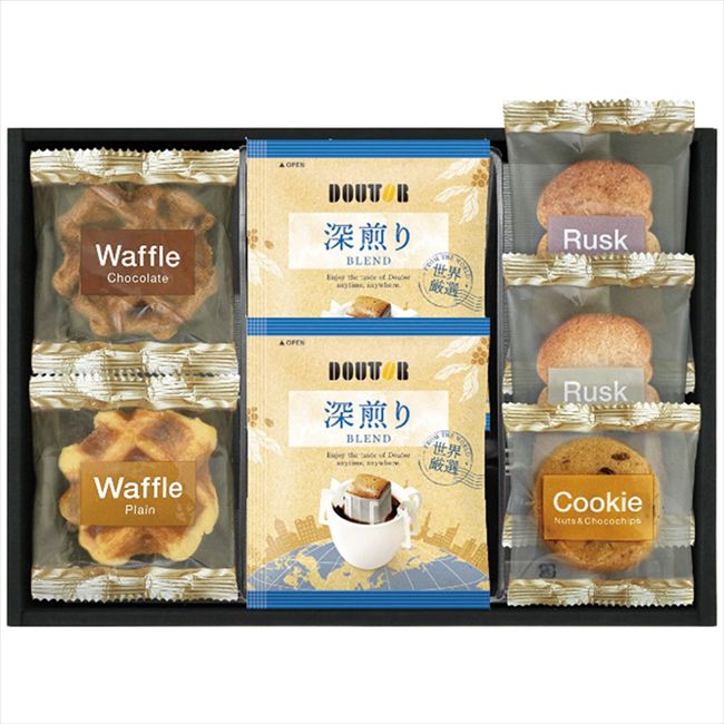 ■商品紹介：ドトールコーヒーと、マカダミアナッツとぺカンナッツ、チョコチップをたっぷり入れて、ざっくりとした食感に焼き上げたざっくりクッキー、甘さを抑え軽い食感に仕上げた馴染みのあるシュガーラスク、香ばしいココナッツの風味が広がるさくっとした軽い食感のココナッツラスクに、ベルギー産の粒状砂糖「パールシュガー」を加え、食感にアクセントをつけた、程よい甘さのプレーンワッフル、やわらかな生地に、カリカリとした食感がアクセントのチョコレート風味のチョコワッフルのセットです。 ■商品内容：ドトールドリップコーヒー7g×2袋・ラスク(シュガー・ココナッツ)・ワッフル(プレーン・チョコ)・ナッツとチョコのざっくりクッキー各1個 ■商品パッケージサイズ：29×4.5×21cm メーカー希望小売価格はメーカーカタログに基づいて掲載しています ■さまざまなギフトアイテムをご用意しております。 内祝　内祝い　お祝い返し　ウェディングギフト　ブライダルギフト　引き出物　引出物　結婚引き出物　結婚引出物　結婚内祝い　出産内祝い命名内祝い　入園内祝い　入学内祝い　卒園内祝い　卒業内祝い　就職内祝い　新築内祝い　引越し内祝い　快気内祝い　開店内祝い　二次会披露宴　お祝い　御祝　結婚式　結婚祝い　出産祝い　初節句　七五三　入園祝い　入学祝い　卒園祝い　卒業祝い　成人式　就職祝い　昇進祝い新築祝い　上棟祝い　引っ越し祝い　引越し祝い　開店祝い　退職祝い　快気祝い　全快祝い　初老祝い　還暦祝い　古稀祝い　喜寿祝い　傘寿祝い米寿祝い　卒寿祝い　白寿祝い　長寿祝い　金婚式　銀婚式　ダイヤモンド婚式　結婚記念日　ギフト　ギフトセット　セット　詰め合わせ　贈答品　お返しお礼　御礼　ごあいさつ　ご挨拶　御挨拶　プレゼント　お見舞い　お見舞御礼　お餞別　引越し　引越しご挨拶　記念日　誕生日　父の日　母の日　敬老の日記念品　卒業記念品　定年退職記念品　ゴルフコンペ　コンペ景品　景品　賞品　粗品　お香典返し　香典返し　志　満中陰志　弔事　会葬御礼　法要法要引き出物　法要引出物　法事　法事引き出物　法事引出物　忌明け　四十九日　七七日忌明け志　一周忌　三回忌　回忌法要　偲び草　粗供養　初盆供物　お供え　お中元　御中元　お歳暮　御歳暮　お年賀　御年賀　残暑見舞い　年始挨拶　ボーリング大会　景品　レミパン　ゼリー　スターバックス千疋屋　結婚式　そうめん　ローラアシュレイ　プリン　話題　ディズニー　カタログギフト　ティファール　ビタクラフト　ステンレスタンブラー　リラックマのし無料　メッセージカード無料　ラッピング無料 ギフトにぴったりのアイテムをご紹介！贈り物に悩んでいる方へ、心温まるギフトアイテムを取り揃えました。高品質な食品、ふわふわのタオル、美しい食器、そしてセンスあふれる雑貨まで、幅広いラインナップであなたの大切な人への思いを伝えます。 特徴 高品質：厳選された素材と丁寧な製造工程で作られた商品ばかり。どれも長く愛用いただけます。 多用途：どんなシーンでも使える万能アイテムが揃っています。誕生日、結婚祝い、新築祝いなど、さまざまな場面に最適です。 デザイン：シンプルで洗練されたデザインから、カラフルで個性的なものまで、多彩なバリエーションをご用意。 お手頃価格：高品質ながら手ごろな価格で、コストパフォーマンスも抜群。おすすめの用途とシーン 誕生日プレゼント：大切な人の特別な日を祝うために、実用的かつ心温まるギフトを。食品やタオルは、日常で役立つアイテムとして喜ばれます。 結婚祝い：新しい生活を始めるカップルに、美しい食器やおしゃれな雑貨を。幸せな家庭を築くお手伝いができます。 新築祝い：新しい家に引っ越した友人や家族へ、インテリアにぴったりの雑貨や実用的なタオルを。快適な生活をサポートします。 お返しギフト：感謝の気持ちを込めて、おしゃれで実用的なアイテムを。食品はもちろん、使い心地の良いタオルや美しい食器も喜ばれます。 季節の贈り物：お中元やお歳暮、季節の挨拶として、季節に合ったギフトを。夏には涼しげな雑貨、冬には温かみのあるタオルや食品が最適です。 贈る相手に合わせたおすすめ グルメな方へ：美味しい食品を贈れば、食卓が一層華やかに。特別な時間を演出します。 家庭的な方へ：ふわふわのタオルや使いやすい食器で、日常生活に彩りを。 オシャレな方へ：センスあふれる雑貨で、インテリアを一層魅力的に。 まとめ あなたの気持ちを込めたギフト選びをお手伝いします。どれも心を込めて選んだアイテムばかりです。大切な人への贈り物として、自信を持っておすすめします。 商品概要 [分類] 以下のような商品をお探しの方にオススメです。スイーツ スィーツ スウィーツ Sweets ケーキ お菓子 洋菓子 デザート おやつ 小腹対策 食品 食べ物 / チョコレートケーキ チョコレート ガトーショコラ チーズケーキ 生菓子 生ケーキ ベイクドチーズケーキ [評価・マスコミ] ランキング1位のおすすめ(お勧め オススメ) インスタ映え SNS 評判 今話題の人気商品 [サービス] 以下のサービスをご利用いだだけます。不可の場合あり。お取り寄せ 全国配送 全国発送 オーダー 注文 デリバリー 取寄せ 宅配 ネット通販 持ち運び可 / 送料無料 送料込み 無料ギフト対応 日持ち長い 長期保存 賞味期限が長い 名入れ 当日発送 お急ぎ便 即日配送 即日発送 翌日配送 翌日発送 前日に買う あす楽 明日楽 即納 翌日 あす着 明日届く 配送日指定可 冷凍保存可 冷凍保管 冷凍便 ギフトラッピング ギフト対応 予約 メッセージ付き 有料メッセージカード 有料お誕生日カード ホワイトデー当日お届け可能 [パッケージ] 　 以下のような包装でお届けします。詰め合わせ セット アソート 化粧箱入り ラッピング不要 個包装 小分け 手提げ袋（有償） 2重梱包 [デザイン] 以下のようなイメージをお求めの方におすすめです。お洒落 可愛い ゴージャス 高級感 プレミアム サプライズ感 美しい インパクト 面白い 珍しい 希少 驚き シンプル 上品 スタイリッシュ エレガント モダン [ご用途] 工夫次第で様々な用途でご利用いただけます。贈り物 プレゼント ギフト プチギフト 贈答品 お祝い 御祝い 退職祝い 内祝い 出産祝い 出産内祝い 入学祝い 卒業祝い ご褒美 手土産 お土産 お使い物 お返し お礼 ご挨拶 ご進物 お配り 配る ばらまき バレンタインデー バレンタインデイ ヴァレンタイン 友チョコ 義理チョコ 本命チョコ 逆チョコ バレンタインチョコ ホワイトデー ホワイトデイ ホワイトデーのお返し 七五三 ひな祭り こどもの日 ハロウィン クリスマス お中元 お年賀 ウインターギフト 御中元 御歳暮 サマーギフト 残暑見舞い お歳暮 母の日 父の日 敬老の日 敬老会記念品 敬老会 結婚祝い 結婚内祝い 結婚記念日 結婚式二次会 二次会のプチギフト 結婚披露宴の引き出物 引き菓子 ウエディングパーティー 成人祝い 長寿祝い 還暦祝い 古希祝い 古稀祝い 喜寿祝い 傘寿祝い 米寿祝い 卒寿祝い 白寿祝い 紀寿祝い 百寿祝い 成人式 セレモニー イベント 内祝い 快気祝い 快気内祝い 出産内祝い 出産祝い 記念日 お返し ご進物 御使い物 お礼 ご挨拶 御礼 ご祝儀 祝儀の品 お使い物 ノベルティー 粗品 景品 長寿 法事 法要 仏事 年忌法事 志 粗供養 供養返し 香典返し 満中陰志 御供え お供え 御供物 弔事 七五三 ひな祭り 入学祝い 卒業祝い 卒園祝い 退職祝い 入社祝い 成人式 成人式のお祝い 朝食 食事代わり ティータイム ブレイクタイム ホームパーティー クリスマスケーキ 誕生日プレゼント 誕生祝い バースデーケーキ 学校 会社 職場 法人 取引先 部活 イベント サークル 介護施設 [おすすめの方] 以下のような様々なお客様にお喜びいただいております。10代 20代 30代 40代 50代 60代 70代 80代 90代 100歳以上 お母さん お父さん ママ パパ 兄弟姉妹 彼氏 彼女 恋人 義理の母 叔父さん 親戚の お嬢さん 大家族 家族 赤ちゃん 祖父 祖母 叔父 叔母 孫 おじいちゃん おばあちゃん じいじ ばあば 夫 旦那 妻 奥様 お嫁さん 奥さん 親 両親 娘 同僚 友達 仲間 友人 親友 上司 部下 先輩 後輩 お世話になった方 恩師 先生 大人数 女友達 法人 女性 男性 大人 子ども 子供用 小学生 中学生 高校生 男の子 女の子 辛党 甘党 甘いものが苦手 高齢者 お年寄り [その他おすすめ] 以下のような商品に興味のある方にもオススメです。大量 大量購入 財布に優しい 大人数 業務用 大量スイーツ お試し コスパ良い /ドトールコーヒーと、マカダミアナッツとぺカンナッツ、チョコチップをたっぷり入れて、ざっくりとした食感に焼き上げたざっくりクッキー、甘さを抑え軽い食感に仕上げた馴染みのあるシュガーラスク、香ばしいココナッツの風味が広がるさくっとした軽い食感のココナッツラスクに、ベルギー産の粒状砂糖「パールシュガー」を加え、食感にアクセントをつけた、程よい甘さのプレーンワッフル、やわらかな生地に、カリカリとした食感がアクセントのチョコレート風味のチョコワッフルのセットです。
