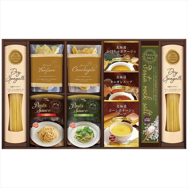 ■商品紹介：ミシュランプレート掲載店、ル・トア・ド・パリ監修のパスタソースは、ゆでたパスタにあえるだけの簡単調理で本格的な味わいのパスタがいただけます。また、3種類のスープも入っています。 ■商品内容：スパゲティ100g×2個・あえるパスタソース100g(ジェノベーゼ・ペペロンチーノ)・北海道スープ(コーンポタージュ16.5g・オニオン7g・かぼちゃポタージュ16.5g)各1袋・パスタソルト100g・ショートパスタ(ファルファーレ60g・コンキリエ70g)各1個 ■商品パッケージサイズ：49.8×5.5×31.5cm メーカー希望小売価格はメーカーカタログに基づいて掲載しています ■さまざまなギフトアイテムをご用意しております。 内祝　内祝い　お祝い返し　ウェディングギフト　ブライダルギフト　引き出物　引出物　結婚引き出物　結婚引出物　結婚内祝い　出産内祝い命名内祝い　入園内祝い　入学内祝い　卒園内祝い　卒業内祝い　就職内祝い　新築内祝い　引越し内祝い　快気内祝い　開店内祝い　二次会披露宴　お祝い　御祝　結婚式　結婚祝い　出産祝い　初節句　七五三　入園祝い　入学祝い　卒園祝い　卒業祝い　成人式　就職祝い　昇進祝い新築祝い　上棟祝い　引っ越し祝い　引越し祝い　開店祝い　退職祝い　快気祝い　全快祝い　初老祝い　還暦祝い　古稀祝い　喜寿祝い　傘寿祝い米寿祝い　卒寿祝い　白寿祝い　長寿祝い　金婚式　銀婚式　ダイヤモンド婚式　結婚記念日　ギフト　ギフトセット　セット　詰め合わせ　贈答品　お返しお礼　御礼　ごあいさつ　ご挨拶　御挨拶　プレゼント　お見舞い　お見舞御礼　お餞別　引越し　引越しご挨拶　記念日　誕生日　父の日　母の日　敬老の日記念品　卒業記念品　定年退職記念品　ゴルフコンペ　コンペ景品　景品　賞品　粗品　お香典返し　香典返し　志　満中陰志　弔事　会葬御礼　法要法要引き出物　法要引出物　法事　法事引き出物　法事引出物　忌明け　四十九日　七七日忌明け志　一周忌　三回忌　回忌法要　偲び草　粗供養　初盆供物　お供え　お中元　御中元　お歳暮　御歳暮　お年賀　御年賀　残暑見舞い　年始挨拶　ボーリング大会　景品　レミパン　ゼリー　スターバックス千疋屋　結婚式　そうめん　ローラアシュレイ　プリン　話題　ディズニー　カタログギフト　ティファール　ビタクラフト　ステンレスタンブラー　リラックマのし無料　メッセージカード無料　ラッピング無料 ギフトにぴったりのアイテムをご紹介！贈り物に悩んでいる方へ、心温まるギフトアイテムを取り揃えました。高品質な食品、ふわふわのタオル、美しい食器、そしてセンスあふれる雑貨まで、幅広いラインナップであなたの大切な人への思いを伝えます。 特徴 高品質：厳選された素材と丁寧な製造工程で作られた商品ばかり。どれも長く愛用いただけます。 多用途：どんなシーンでも使える万能アイテムが揃っています。誕生日、結婚祝い、新築祝いなど、さまざまな場面に最適です。 デザイン：シンプルで洗練されたデザインから、カラフルで個性的なものまで、多彩なバリエーションをご用意。 お手頃価格：高品質ながら手ごろな価格で、コストパフォーマンスも抜群。おすすめの用途とシーン 誕生日プレゼント：大切な人の特別な日を祝うために、実用的かつ心温まるギフトを。食品やタオルは、日常で役立つアイテムとして喜ばれます。 結婚祝い：新しい生活を始めるカップルに、美しい食器やおしゃれな雑貨を。幸せな家庭を築くお手伝いができます。 新築祝い：新しい家に引っ越した友人や家族へ、インテリアにぴったりの雑貨や実用的なタオルを。快適な生活をサポートします。 お返しギフト：感謝の気持ちを込めて、おしゃれで実用的なアイテムを。食品はもちろん、使い心地の良いタオルや美しい食器も喜ばれます。 季節の贈り物：お中元やお歳暮、季節の挨拶として、季節に合ったギフトを。夏には涼しげな雑貨、冬には温かみのあるタオルや食品が最適です。 贈る相手に合わせたおすすめ グルメな方へ：美味しい食品を贈れば、食卓が一層華やかに。特別な時間を演出します。 家庭的な方へ：ふわふわのタオルや使いやすい食器で、日常生活に彩りを。 オシャレな方へ：センスあふれる雑貨で、インテリアを一層魅力的に。 まとめ あなたの気持ちを込めたギフト選びをお手伝いします。どれも心を込めて選んだアイテムばかりです。大切な人への贈り物として、自信を持っておすすめします。 商品概要 [分類] 以下のような商品をお探しの方にオススメです。スイーツ スィーツ スウィーツ Sweets ケーキ お菓子 洋菓子 デザート おやつ 小腹対策 食品 食べ物 / チョコレートケーキ チョコレート ガトーショコラ チーズケーキ 生菓子 生ケーキ ベイクドチーズケーキ [評価・マスコミ] ランキング1位のおすすめ(お勧め オススメ) インスタ映え SNS 評判 今話題の人気商品 [サービス] 以下のサービスをご利用いだだけます。不可の場合あり。お取り寄せ 全国配送 全国発送 オーダー 注文 デリバリー 取寄せ 宅配 ネット通販 持ち運び可 / 送料無料 送料込み 無料ギフト対応 日持ち長い 長期保存 賞味期限が長い 名入れ 当日発送 お急ぎ便 即日配送 即日発送 翌日配送 翌日発送 前日に買う あす楽 明日楽 即納 翌日 あす着 明日届く 配送日指定可 冷凍保存可 冷凍保管 冷凍便 ギフトラッピング ギフト対応 予約 メッセージ付き 有料メッセージカード 有料お誕生日カード ホワイトデー当日お届け可能 [パッケージ] 　 以下のような包装でお届けします。詰め合わせ セット アソート 化粧箱入り ラッピング不要 個包装 小分け 手提げ袋（有償） 2重梱包 [デザイン] 以下のようなイメージをお求めの方におすすめです。お洒落 可愛い ゴージャス 高級感 プレミアム サプライズ感 美しい インパクト 面白い 珍しい 希少 驚き シンプル 上品 スタイリッシュ エレガント モダン [ご用途] 工夫次第で様々な用途でご利用いただけます。贈り物 プレゼント ギフト プチギフト 贈答品 お祝い 御祝い 退職祝い 内祝い 出産祝い 出産内祝い 入学祝い 卒業祝い ご褒美 手土産 お土産 お使い物 お返し お礼 ご挨拶 ご進物 お配り 配る ばらまき バレンタインデー バレンタインデイ ヴァレンタイン 友チョコ 義理チョコ 本命チョコ 逆チョコ バレンタインチョコ ホワイトデー ホワイトデイ ホワイトデーのお返し 七五三 ひな祭り こどもの日 ハロウィン クリスマス お中元 お年賀 ウインターギフト 御中元 御歳暮 サマーギフト 残暑見舞い お歳暮 母の日 父の日 敬老の日 敬老会記念品 敬老会 結婚祝い 結婚内祝い 結婚記念日 結婚式二次会 二次会のプチギフト 結婚披露宴の引き出物 引き菓子 ウエディングパーティー 成人祝い 長寿祝い 還暦祝い 古希祝い 古稀祝い 喜寿祝い 傘寿祝い 米寿祝い 卒寿祝い 白寿祝い 紀寿祝い 百寿祝い 成人式 セレモニー イベント 内祝い 快気祝い 快気内祝い 出産内祝い 出産祝い 記念日 お返し ご進物 御使い物 お礼 ご挨拶 御礼 ご祝儀 祝儀の品 お使い物 ノベルティー 粗品 景品 長寿 法事 法要 仏事 年忌法事 志 粗供養 供養返し 香典返し 満中陰志 御供え お供え 御供物 弔事 七五三 ひな祭り 入学祝い 卒業祝い 卒園祝い 退職祝い 入社祝い 成人式 成人式のお祝い 朝食 食事代わり ティータイム ブレイクタイム ホームパーティー クリスマスケーキ 誕生日プレゼント 誕生祝い バースデーケーキ 学校 会社 職場 法人 取引先 部活 イベント サークル 介護施設 [おすすめの方] 以下のような様々なお客様にお喜びいただいております。10代 20代 30代 40代 50代 60代 70代 80代 90代 100歳以上 お母さん お父さん ママ パパ 兄弟姉妹 彼氏 彼女 恋人 義理の母 叔父さん 親戚の お嬢さん 大家族 家族 赤ちゃん 祖父 祖母 叔父 叔母 孫 おじいちゃん おばあちゃん じいじ ばあば 夫 旦那 妻 奥様 お嫁さん 奥さん 親 両親 娘 同僚 友達 仲間 友人 親友 上司 部下 先輩 後輩 お世話になった方 恩師 先生 大人数 女友達 法人 女性 男性 大人 子ども 子供用 小学生 中学生 高校生 男の子 女の子 辛党 甘党 甘いものが苦手 高齢者 お年寄り [その他おすすめ] 以下のような商品に興味のある方にもオススメです。大量 大量購入 財布に優しい 大人数 業務用 大量スイーツ お試し コスパ良い /ミシュランプレート掲載店、ル・トア・ド・パリ監修のパスタソースは、ゆでたパスタにあえるだけの簡単調理で本格的な味わいのパスタがいただけます。また、3種類のスープも入っています。