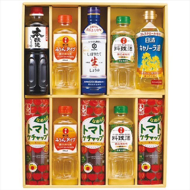 ■商品紹介：出番の多い調味料のセット ■商品内容：日清キャノーラ油350g・キッコーマンいつでも新鮮しぼりたて生しょうゆ450ml・サンビシ本醸造しょうゆ500ml各1本・イカリなめらかトマトケチャップ280g×3本・日の出料理酒・日の出割烹みりんタイプ各400ml各2本 ■商品パッケージサイズ：38×6.9×48.2cm メーカー希望小売価格はメーカーカタログに基づいて掲載しています ■さまざまなギフトアイテムをご用意しております。 内祝　内祝い　お祝い返し　ウェディングギフト　ブライダルギフト　引き出物　引出物　結婚引き出物　結婚引出物　結婚内祝い　出産内祝い命名内祝い　入園内祝い　入学内祝い　卒園内祝い　卒業内祝い　就職内祝い　新築内祝い　引越し内祝い　快気内祝い　開店内祝い　二次会披露宴　お祝い　御祝　結婚式　結婚祝い　出産祝い　初節句　七五三　入園祝い　入学祝い　卒園祝い　卒業祝い　成人式　就職祝い　昇進祝い新築祝い　上棟祝い　引っ越し祝い　引越し祝い　開店祝い　退職祝い　快気祝い　全快祝い　初老祝い　還暦祝い　古稀祝い　喜寿祝い　傘寿祝い米寿祝い　卒寿祝い　白寿祝い　長寿祝い　金婚式　銀婚式　ダイヤモンド婚式　結婚記念日　ギフト　ギフトセット　セット　詰め合わせ　贈答品　お返しお礼　御礼　ごあいさつ　ご挨拶　御挨拶　プレゼント　お見舞い　お見舞御礼　お餞別　引越し　引越しご挨拶　記念日　誕生日　父の日　母の日　敬老の日記念品　卒業記念品　定年退職記念品　ゴルフコンペ　コンペ景品　景品　賞品　粗品　お香典返し　香典返し　志　満中陰志　弔事　会葬御礼　法要法要引き出物　法要引出物　法事　法事引き出物　法事引出物　忌明け　四十九日　七七日忌明け志　一周忌　三回忌　回忌法要　偲び草　粗供養　初盆供物　お供え　お中元　御中元　お歳暮　御歳暮　お年賀　御年賀　残暑見舞い　年始挨拶　ボーリング大会　景品　レミパン　ゼリー　スターバックス千疋屋　結婚式　そうめん　ローラアシュレイ　プリン　話題　ディズニー　カタログギフト　ティファール　ビタクラフト　ステンレスタンブラー　リラックマのし無料　メッセージカード無料　ラッピング無料 ギフトにぴったりのアイテムをご紹介！贈り物に悩んでいる方へ、心温まるギフトアイテムを取り揃えました。高品質な食品、ふわふわのタオル、美しい食器、そしてセンスあふれる雑貨まで、幅広いラインナップであなたの大切な人への思いを伝えます。 特徴 高品質：厳選された素材と丁寧な製造工程で作られた商品ばかり。どれも長く愛用いただけます。 多用途：どんなシーンでも使える万能アイテムが揃っています。誕生日、結婚祝い、新築祝いなど、さまざまな場面に最適です。 デザイン：シンプルで洗練されたデザインから、カラフルで個性的なものまで、多彩なバリエーションをご用意。 お手頃価格：高品質ながら手ごろな価格で、コストパフォーマンスも抜群。おすすめの用途とシーン 誕生日プレゼント：大切な人の特別な日を祝うために、実用的かつ心温まるギフトを。食品やタオルは、日常で役立つアイテムとして喜ばれます。 結婚祝い：新しい生活を始めるカップルに、美しい食器やおしゃれな雑貨を。幸せな家庭を築くお手伝いができます。 新築祝い：新しい家に引っ越した友人や家族へ、インテリアにぴったりの雑貨や実用的なタオルを。快適な生活をサポートします。 お返しギフト：感謝の気持ちを込めて、おしゃれで実用的なアイテムを。食品はもちろん、使い心地の良いタオルや美しい食器も喜ばれます。 季節の贈り物：お中元やお歳暮、季節の挨拶として、季節に合ったギフトを。夏には涼しげな雑貨、冬には温かみのあるタオルや食品が最適です。 贈る相手に合わせたおすすめ グルメな方へ：美味しい食品を贈れば、食卓が一層華やかに。特別な時間を演出します。 家庭的な方へ：ふわふわのタオルや使いやすい食器で、日常生活に彩りを。 オシャレな方へ：センスあふれる雑貨で、インテリアを一層魅力的に。 まとめ あなたの気持ちを込めたギフト選びをお手伝いします。どれも心を込めて選んだアイテムばかりです。大切な人への贈り物として、自信を持っておすすめします。 商品概要 [分類] 以下のような商品をお探しの方にオススメです。スイーツ スィーツ スウィーツ Sweets ケーキ お菓子 洋菓子 デザート おやつ 小腹対策 食品 食べ物 / チョコレートケーキ チョコレート ガトーショコラ チーズケーキ 生菓子 生ケーキ ベイクドチーズケーキ [評価・マスコミ] ランキング1位のおすすめ(お勧め オススメ) インスタ映え SNS 評判 今話題の人気商品 [サービス] 以下のサービスをご利用いだだけます。不可の場合あり。お取り寄せ 全国配送 全国発送 オーダー 注文 デリバリー 取寄せ 宅配 ネット通販 持ち運び可 / 送料無料 送料込み 無料ギフト対応 日持ち長い 長期保存 賞味期限が長い 名入れ 当日発送 お急ぎ便 即日配送 即日発送 翌日配送 翌日発送 前日に買う あす楽 明日楽 即納 翌日 あす着 明日届く 配送日指定可 冷凍保存可 冷凍保管 冷凍便 ギフトラッピング ギフト対応 予約 メッセージ付き 有料メッセージカード 有料お誕生日カード ホワイトデー当日お届け可能 [パッケージ] 　 以下のような包装でお届けします。詰め合わせ セット アソート 化粧箱入り ラッピング不要 個包装 小分け 手提げ袋（有償） 2重梱包 [デザイン] 以下のようなイメージをお求めの方におすすめです。お洒落 可愛い ゴージャス 高級感 プレミアム サプライズ感 美しい インパクト 面白い 珍しい 希少 驚き シンプル 上品 スタイリッシュ エレガント モダン [ご用途] 工夫次第で様々な用途でご利用いただけます。贈り物 プレゼント ギフト プチギフト 贈答品 お祝い 御祝い 退職祝い 内祝い 出産祝い 出産内祝い 入学祝い 卒業祝い ご褒美 手土産 お土産 お使い物 お返し お礼 ご挨拶 ご進物 お配り 配る ばらまき バレンタインデー バレンタインデイ ヴァレンタイン 友チョコ 義理チョコ 本命チョコ 逆チョコ バレンタインチョコ ホワイトデー ホワイトデイ ホワイトデーのお返し 七五三 ひな祭り こどもの日 ハロウィン クリスマス お中元 お年賀 ウインターギフト 御中元 御歳暮 サマーギフト 残暑見舞い お歳暮 母の日 父の日 敬老の日 敬老会記念品 敬老会 結婚祝い 結婚内祝い 結婚記念日 結婚式二次会 二次会のプチギフト 結婚披露宴の引き出物 引き菓子 ウエディングパーティー 成人祝い 長寿祝い 還暦祝い 古希祝い 古稀祝い 喜寿祝い 傘寿祝い 米寿祝い 卒寿祝い 白寿祝い 紀寿祝い 百寿祝い 成人式 セレモニー イベント 内祝い 快気祝い 快気内祝い 出産内祝い 出産祝い 記念日 お返し ご進物 御使い物 お礼 ご挨拶 御礼 ご祝儀 祝儀の品 お使い物 ノベルティー 粗品 景品 長寿 法事 法要 仏事 年忌法事 志 粗供養 供養返し 香典返し 満中陰志 御供え お供え 御供物 弔事 七五三 ひな祭り 入学祝い 卒業祝い 卒園祝い 退職祝い 入社祝い 成人式 成人式のお祝い 朝食 食事代わり ティータイム ブレイクタイム ホームパーティー クリスマスケーキ 誕生日プレゼント 誕生祝い バースデーケーキ 学校 会社 職場 法人 取引先 部活 イベント サークル 介護施設 [おすすめの方] 以下のような様々なお客様にお喜びいただいております。10代 20代 30代 40代 50代 60代 70代 80代 90代 100歳以上 お母さん お父さん ママ パパ 兄弟姉妹 彼氏 彼女 恋人 義理の母 叔父さん 親戚の お嬢さん 大家族 家族 赤ちゃん 祖父 祖母 叔父 叔母 孫 おじいちゃん おばあちゃん じいじ ばあば 夫 旦那 妻 奥様 お嫁さん 奥さん 親 両親 娘 同僚 友達 仲間 友人 親友 上司 部下 先輩 後輩 お世話になった方 恩師 先生 大人数 女友達 法人 女性 男性 大人 子ども 子供用 小学生 中学生 高校生 男の子 女の子 辛党 甘党 甘いものが苦手 高齢者 お年寄り [その他おすすめ] 以下のような商品に興味のある方にもオススメです。大量 大量購入 財布に優しい 大人数 業務用 大量スイーツ お試し コスパ良い /出番の多い調味料のセット