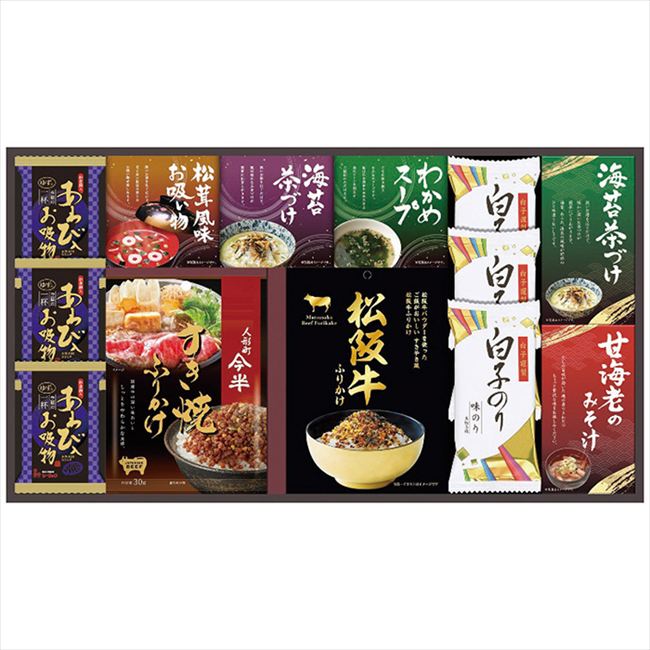 ■商品紹介：人形町今半の「すき焼きふりかけ」、松阪牛パウダーを使った「すき焼き風松阪牛ふりかけ」に高級素材使用のフリーズドライやお吸い物等をギッシリ詰め合わせました。 ■商品内容：人形町今半すき焼ふりかけ30g・松阪牛ふりかけ30g各1袋・あわび入お吸い物4g・白子のり(8切5枚)各3袋・甘海老のみそ汁(7.5g×2袋)・丸美屋海苔茶漬け(6g×4袋)・丸美屋海苔茶漬け(6g×2袋)・永谷園松茸風味お吸い物(2.3g×2袋)・わかめスープ(3.5g×3袋)各1箱 ■商品パッケージサイズ：53.4×4.2×29.2cm メーカー希望小売価格はメーカーカタログに基づいて掲載しています ■さまざまなギフトアイテムをご用意しております。 内祝　内祝い　お祝い返し　ウェディングギフト　ブライダルギフト　引き出物　引出物　結婚引き出物　結婚引出物　結婚内祝い　出産内祝い命名内祝い　入園内祝い　入学内祝い　卒園内祝い　卒業内祝い　就職内祝い　新築内祝い　引越し内祝い　快気内祝い　開店内祝い　二次会披露宴　お祝い　御祝　結婚式　結婚祝い　出産祝い　初節句　七五三　入園祝い　入学祝い　卒園祝い　卒業祝い　成人式　就職祝い　昇進祝い新築祝い　上棟祝い　引っ越し祝い　引越し祝い　開店祝い　退職祝い　快気祝い　全快祝い　初老祝い　還暦祝い　古稀祝い　喜寿祝い　傘寿祝い米寿祝い　卒寿祝い　白寿祝い　長寿祝い　金婚式　銀婚式　ダイヤモンド婚式　結婚記念日　ギフト　ギフトセット　セット　詰め合わせ　贈答品　お返しお礼　御礼　ごあいさつ　ご挨拶　御挨拶　プレゼント　お見舞い　お見舞御礼　お餞別　引越し　引越しご挨拶　記念日　誕生日　父の日　母の日　敬老の日記念品　卒業記念品　定年退職記念品　ゴルフコンペ　コンペ景品　景品　賞品　粗品　お香典返し　香典返し　志　満中陰志　弔事　会葬御礼　法要法要引き出物　法要引出物　法事　法事引き出物　法事引出物　忌明け　四十九日　七七日忌明け志　一周忌　三回忌　回忌法要　偲び草　粗供養　初盆供物　お供え　お中元　御中元　お歳暮　御歳暮　お年賀　御年賀　残暑見舞い　年始挨拶　ボーリング大会　景品　レミパン　ゼリー　スターバックス千疋屋　結婚式　そうめん　ローラアシュレイ　プリン　話題　ディズニー　カタログギフト　ティファール　ビタクラフト　ステンレスタンブラー　リラックマのし無料　メッセージカード無料　ラッピング無料 ギフトにぴったりのアイテムをご紹介！贈り物に悩んでいる方へ、心温まるギフトアイテムを取り揃えました。高品質な食品、ふわふわのタオル、美しい食器、そしてセンスあふれる雑貨まで、幅広いラインナップであなたの大切な人への思いを伝えます。 特徴 高品質：厳選された素材と丁寧な製造工程で作られた商品ばかり。どれも長く愛用いただけます。 多用途：どんなシーンでも使える万能アイテムが揃っています。誕生日、結婚祝い、新築祝いなど、さまざまな場面に最適です。 デザイン：シンプルで洗練されたデザインから、カラフルで個性的なものまで、多彩なバリエーションをご用意。 お手頃価格：高品質ながら手ごろな価格で、コストパフォーマンスも抜群。おすすめの用途とシーン 誕生日プレゼント：大切な人の特別な日を祝うために、実用的かつ心温まるギフトを。食品やタオルは、日常で役立つアイテムとして喜ばれます。 結婚祝い：新しい生活を始めるカップルに、美しい食器やおしゃれな雑貨を。幸せな家庭を築くお手伝いができます。 新築祝い：新しい家に引っ越した友人や家族へ、インテリアにぴったりの雑貨や実用的なタオルを。快適な生活をサポートします。 お返しギフト：感謝の気持ちを込めて、おしゃれで実用的なアイテムを。食品はもちろん、使い心地の良いタオルや美しい食器も喜ばれます。 季節の贈り物：お中元やお歳暮、季節の挨拶として、季節に合ったギフトを。夏には涼しげな雑貨、冬には温かみのあるタオルや食品が最適です。 贈る相手に合わせたおすすめ グルメな方へ：美味しい食品を贈れば、食卓が一層華やかに。特別な時間を演出します。 家庭的な方へ：ふわふわのタオルや使いやすい食器で、日常生活に彩りを。 オシャレな方へ：センスあふれる雑貨で、インテリアを一層魅力的に。 まとめ あなたの気持ちを込めたギフト選びをお手伝いします。どれも心を込めて選んだアイテムばかりです。大切な人への贈り物として、自信を持っておすすめします。 商品概要 [分類] 以下のような商品をお探しの方にオススメです。スイーツ スィーツ スウィーツ Sweets ケーキ お菓子 洋菓子 デザート おやつ 小腹対策 食品 食べ物 / チョコレートケーキ チョコレート ガトーショコラ チーズケーキ 生菓子 生ケーキ ベイクドチーズケーキ [評価・マスコミ] ランキング1位のおすすめ(お勧め オススメ) インスタ映え SNS 評判 今話題の人気商品 [サービス] 以下のサービスをご利用いだだけます。不可の場合あり。お取り寄せ 全国配送 全国発送 オーダー 注文 デリバリー 取寄せ 宅配 ネット通販 持ち運び可 / 送料無料 送料込み 無料ギフト対応 日持ち長い 長期保存 賞味期限が長い 名入れ 当日発送 お急ぎ便 即日配送 即日発送 翌日配送 翌日発送 前日に買う あす楽 明日楽 即納 翌日 あす着 明日届く 配送日指定可 冷凍保存可 冷凍保管 冷凍便 ギフトラッピング ギフト対応 予約 メッセージ付き 有料メッセージカード 有料お誕生日カード ホワイトデー当日お届け可能 [パッケージ] 　 以下のような包装でお届けします。詰め合わせ セット アソート 化粧箱入り ラッピング不要 個包装 小分け 手提げ袋（有償） 2重梱包 [デザイン] 以下のようなイメージをお求めの方におすすめです。お洒落 可愛い ゴージャス 高級感 プレミアム サプライズ感 美しい インパクト 面白い 珍しい 希少 驚き シンプル 上品 スタイリッシュ エレガント モダン [ご用途] 工夫次第で様々な用途でご利用いただけます。贈り物 プレゼント ギフト プチギフト 贈答品 お祝い 御祝い 退職祝い 内祝い 出産祝い 出産内祝い 入学祝い 卒業祝い ご褒美 手土産 お土産 お使い物 お返し お礼 ご挨拶 ご進物 お配り 配る ばらまき バレンタインデー バレンタインデイ ヴァレンタイン 友チョコ 義理チョコ 本命チョコ 逆チョコ バレンタインチョコ ホワイトデー ホワイトデイ ホワイトデーのお返し 七五三 ひな祭り こどもの日 ハロウィン クリスマス お中元 お年賀 ウインターギフト 御中元 御歳暮 サマーギフト 残暑見舞い お歳暮 母の日 父の日 敬老の日 敬老会記念品 敬老会 結婚祝い 結婚内祝い 結婚記念日 結婚式二次会 二次会のプチギフト 結婚披露宴の引き出物 引き菓子 ウエディングパーティー 成人祝い 長寿祝い 還暦祝い 古希祝い 古稀祝い 喜寿祝い 傘寿祝い 米寿祝い 卒寿祝い 白寿祝い 紀寿祝い 百寿祝い 成人式 セレモニー イベント 内祝い 快気祝い 快気内祝い 出産内祝い 出産祝い 記念日 お返し ご進物 御使い物 お礼 ご挨拶 御礼 ご祝儀 祝儀の品 お使い物 ノベルティー 粗品 景品 長寿 法事 法要 仏事 年忌法事 志 粗供養 供養返し 香典返し 満中陰志 御供え お供え 御供物 弔事 七五三 ひな祭り 入学祝い 卒業祝い 卒園祝い 退職祝い 入社祝い 成人式 成人式のお祝い 朝食 食事代わり ティータイム ブレイクタイム ホームパーティー クリスマスケーキ 誕生日プレゼント 誕生祝い バースデーケーキ 学校 会社 職場 法人 取引先 部活 イベント サークル 介護施設 [おすすめの方] 以下のような様々なお客様にお喜びいただいております。10代 20代 30代 40代 50代 60代 70代 80代 90代 100歳以上 お母さん お父さん ママ パパ 兄弟姉妹 彼氏 彼女 恋人 義理の母 叔父さん 親戚の お嬢さん 大家族 家族 赤ちゃん 祖父 祖母 叔父 叔母 孫 おじいちゃん おばあちゃん じいじ ばあば 夫 旦那 妻 奥様 お嫁さん 奥さん 親 両親 娘 同僚 友達 仲間 友人 親友 上司 部下 先輩 後輩 お世話になった方 恩師 先生 大人数 女友達 法人 女性 男性 大人 子ども 子供用 小学生 中学生 高校生 男の子 女の子 辛党 甘党 甘いものが苦手 高齢者 お年寄り [その他おすすめ] 以下のような商品に興味のある方にもオススメです。大量 大量購入 財布に優しい 大人数 業務用 大量スイーツ お試し コスパ良い /人形町今半の「すき焼きふりかけ」、松阪牛パウダーを使った「すき焼き風松阪牛ふりかけ」に高級素材使用のフリーズドライやお吸い物等をギッシリ詰め合わせました。