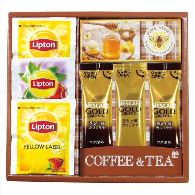 ■商品紹介：日常に、特別な甘みを。 こだわりのコーヒーと紅茶に、やさしい甘さのスティックハニーを添えて。手軽に贅沢なひとときを楽しめる、上質なティーギフトセットです。自分へのご褒美にも、大切な人への贈り物にも。 ■商品内容：セット内容/リプトン紅茶（イエローラベル）（2g）×2、ネスカフェ ゴールドブレンド（カフェラテ）（7g）×1・（コク深め）（7g）×2・リプトン紅茶（ダージリン）（2g）・純粋はちみつ（15g）×各1 ■パッケージサイズ：18.8×19.5×2.8cm ■賞味期限（ある場合）：常温1年6ヶ月 メーカー希望小売価格はメーカーカタログに基づいて掲載しています ■さまざまなギフトアイテムをご用意しております。 内祝　内祝い　お祝い返し　ウェディングギフト　ブライダルギフト　引き出物　引出物　結婚引き出物　結婚引出物　結婚内祝い　出産内祝い 命名内祝い　入園内祝い　入学内祝い　卒園内祝い　卒業内祝い　就職内祝い　新築内祝い　引越し内祝い　快気内祝い　開店内祝い　二次会 披露宴　お祝い　御祝　結婚式　結婚祝い　出産祝い　初節句　七五三　入園祝い　入学祝い　卒園祝い　卒業祝い　成人式　就職祝い　昇進祝い 新築祝い　上棟祝い　引っ越し祝い　引越し祝い　開店祝い　退職祝い　快気祝い　全快祝い　初老祝い　還暦祝い　古稀祝い　喜寿祝い　傘寿祝い 米寿祝い　卒寿祝い　白寿祝い　長寿祝い　金婚式　銀婚式　ダイヤモンド婚式　結婚記念日　ギフト　ギフトセット　セット　詰め合わせ　贈答品　お返し お礼　御礼　ごあいさつ　ご挨拶　御挨拶　プレゼント　お見舞い　お見舞御礼　お餞別　引越し　引越しご挨拶　記念日　誕生日　父の日　母の日　敬老の日 記念品　卒業記念品　定年退職記念品　ゴルフコンペ　コンペ景品　景品　賞品　粗品　お香典返し　香典返し　志　満中陰志　弔事　会葬御礼　法要 法要引き出物　法要引出物　法事　法事引き出物　法事引出物　忌明け　四十九日　七七日忌明け志　一周忌　三回忌　回忌法要　偲び草　粗供養　初盆 供物　お供え　お中元　御中元　お歳暮　御歳暮　お年賀　御年賀　残暑見舞い　年始挨拶　ボーリング大会　景品　レミパン　ゼリー　スターバックス 千疋屋　結婚式　そうめん　ローラアシュレイ　プリン　話題　ディズニー　カタログギフト　ティファール　ビタクラフト　ステンレスタンブラー　リラックマ のし無料　メッセージカード無料　ラッピング無料 ギフトにぴったりのアイテムをご紹介！ 贈り物に悩んでいる方へ、心温まるギフトアイテムを取り揃えました。高品質な食品、ふわふわのタオル、美しい食器、そしてセンスあふれる雑貨まで、幅広いラインナップであなたの大切な人への思いを伝えます。 特徴 高品質：厳選された素材と丁寧な製造工程で作られた商品ばかり。どれも長く愛用いただけます。 多用途：どんなシーンでも使える万能アイテムが揃っています。誕生日、結婚祝い、新築祝いなど、さまざまな場面に最適です。 デザイン：シンプルで洗練されたデザインから、カラフルで個性的なものまで、多彩なバリエーションをご用意。 お手頃価格：高品質ながら手ごろな価格で、コストパフォーマンスも抜群。 おすすめの用途とシーン 誕生日プレゼント：大切な人の特別な日を祝うために、実用的かつ心温まるギフトを。食品やタオルは、日常で役立つアイテムとして喜ばれます。 結婚祝い：新しい生活を始めるカップルに、美しい食器やおしゃれな雑貨を。幸せな家庭を築くお手伝いができます。 新築祝い：新しい家に引っ越した友人や家族へ、インテリアにぴったりの雑貨や実用的なタオルを。快適な生活をサポートします。 お返しギフト：感謝の気持ちを込めて、おしゃれで実用的なアイテムを。食品はもちろん、使い心地の良いタオルや美しい食器も喜ばれます。 季節の贈り物：お中元やお歳暮、季節の挨拶として、季節に合ったギフトを。夏には涼しげな雑貨、冬には温かみのあるタオルや食品が最適です。 贈る相手に合わせたおすすめ グルメな方へ：美味しい食品を贈れば、食卓が一層華やかに。特別な時間を演出します。 家庭的な方へ：ふわふわのタオルや使いやすい食器で、日常生活に彩りを。 オシャレな方へ：センスあふれる雑貨で、インテリアを一層魅力的に。 まとめ あなたの気持ちを込めたギフト選びをお手伝いします。どれも心を込めて選んだアイテムばかりです。大切な人への贈り物として、自信を持っておすすめします。 商品概要 [分類] 以下のような商品をお探しの方にオススメです。スイーツ スィーツ スウィーツ Sweets ケーキ お菓子 洋菓子 デザート おやつ 小腹対策 食品 食べ物 / チョコレートケーキ チョコレート ガトーショコラ チーズケーキ 生菓子 生ケーキ ベイクドチーズケーキ [評価・マスコミ] ランキング1位のおすすめ(お勧め オススメ) インスタ映え SNS 評判 今話題の人気商品 [サービス] 以下のサービスをご利用いだだけます。不可の場合あり。お取り寄せ 全国配送 全国発送 オーダー 注文 デリバリー 取寄せ 宅配 ネット通販 持ち運び可 / 送料無料 送料込み 無料ギフト対応 日持ち長い 長期保存 賞味期限が長い 名入れ 当日発送 お急ぎ便 即日配送 即日発送 翌日配送 翌日発送 前日に買う あす楽 明日楽 即納 翌日 あす着 明日届く 配送日指定可 冷凍保存可 冷凍保管 冷凍便 ギフトラッピング ギフト対応 予約 メッセージ付き 有料メッセージカード 有料お誕生日カード ホワイトデー当日お届け可能 [パッケージ] 　 以下のような包装でお届けします。詰め合わせ セット アソート 化粧箱入り ラッピング不要 個包装 小分け 手提げ袋（有償） 2重梱包 [デザイン] 以下のようなイメージをお求めの方におすすめです。お洒落 可愛い ゴージャス 高級感 プレミアム サプライズ感 美しい インパクト 面白い 珍しい 希少 驚き シンプル 上品 スタイリッシュ エレガント モダン [ご用途] 工夫次第で様々な用途でご利用いただけます。贈り物 プレゼント ギフト プチギフト 贈答品 お祝い 御祝い 退職祝い 内祝い 出産祝い 出産内祝い 入学祝い 卒業祝い ご褒美 手土産 お土産 お使い物 お返し お礼 ご挨拶 ご進物 お配り 配る ばらまき バレンタインデー バレンタインデイ ヴァレンタイン 友チョコ 義理チョコ 本命チョコ 逆チョコ バレンタインチョコ ホワイトデー ホワイトデイ ホワイトデーのお返し 七五三 ひな祭り こどもの日 ハロウィン クリスマス お中元 お年賀 ウインターギフト 御中元 御歳暮 サマーギフト 残暑見舞い お歳暮 母の日 父の日 敬老の日 敬老会記念品 敬老会 結婚祝い 結婚内祝い 結婚記念日 結婚式二次会 二次会のプチギフト 結婚披露宴の引き出物 引き菓子 ウエディングパーティー 成人祝い 長寿祝い 還暦祝い 古希祝い 古稀祝い 喜寿祝い 傘寿祝い 米寿祝い 卒寿祝い 白寿祝い 紀寿祝い 百寿祝い 成人式 セレモニー イベント 内祝い 快気祝い 快気内祝い 出産内祝い 出産祝い 記念日 お返し ご進物 御使い物 お礼 ご挨拶 御礼 ご祝儀 祝儀の品 お使い物 ノベルティー 粗品 景品 長寿 法事 法要 仏事 年忌法事 志 粗供養 供養返し 香典返し 満中陰志 御供え お供え 御供物 弔事 七五三 ひな祭り 入学祝い 卒業祝い 卒園祝い 退職祝い 入社祝い 成人式 成人式のお祝い 朝食 食事代わり ティータイム ブレイクタイム ホームパーティー クリスマスケーキ 誕生日プレゼント 誕生祝い バースデーケーキ 学校 会社 職場 法人 取引先 部活 イベント サークル 介護施設 [おすすめの方] 以下のような様々なお客様にお喜びいただいております。10代 20代 30代 40代 50代 60代 70代 80代 90代 100歳以上 お母さん お父さん ママ パパ 兄弟姉妹 彼氏 彼女 恋人 義理の母 叔父さん 親戚の お嬢さん 大家族 家族 赤ちゃん 祖父 祖母 叔父 叔母 孫 おじいちゃん おばあちゃん じいじ ばあば 夫 旦那 妻 奥様 お嫁さん 奥さん 親 両親 娘 同僚 友達 仲間 友人 親友 上司 部下 先輩 後輩 お世話になった方 恩師 先生 大人数 女友達 法人 女性 男性 大人 子ども 子供用 小学生 中学生 高校生 男の子 女の子 辛党 甘党 甘いものが苦手 高齢者 お年寄り [その他おすすめ] 以下のような商品に興味のある方にもオススメです。大量 大量購入 財布に優しい 大人数 業務用 大量スイーツ お試し コスパ良い /とっておきのギフトを贈る。ギフト専門店のおすすめ商品です日常に、特別な甘みを。
