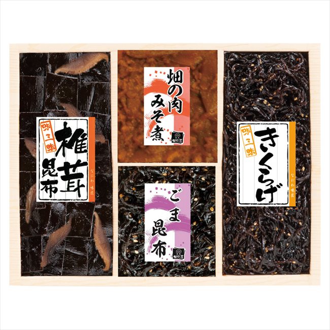 ■商品紹介：職人が丹精込めて炊き上げた和食の保存食、佃煮・昆布の詰合せです。 ■商品内容：セット内容/椎茸昆布・きくらげ（各70g）・畑の肉みそ煮・ごま昆布（各30g）×各1 ■パッケージサイズ：20.4×25.8×3.5cm ■賞味期限（...