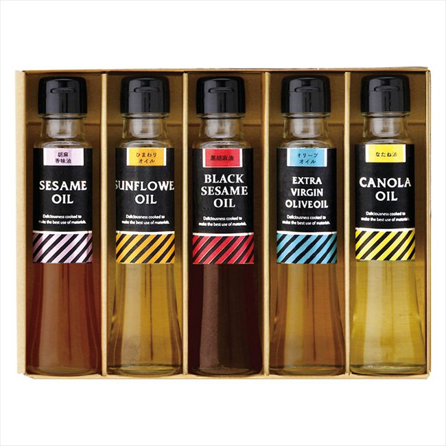 ■商品紹介：様々なクッキング用オイルの詰合せ。機能性オイルを食卓に、お料理に合わせてお使いいただけます。 ■商品内容：セット内容/胡麻香味油・ひまわり油・黒胡麻油・EXVオリーブオイル・なたね油（各90g）×各1 ■パッケージサイズ：18....