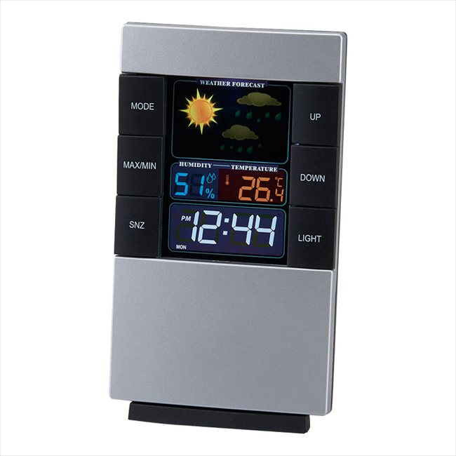 ■商品紹介：カラー表示の多機能クロック。音・振動センサー付でバックライトが自動点灯。 これからの天気予報や温度、湿度がカラー表示されるみやすい多機能時計です。バックライト、音・振動センサー付き。機能:時計、アラーム、スヌーズ、温度計、湿度計...