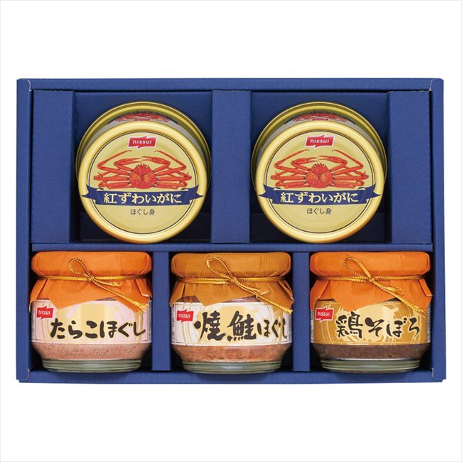 ■商品紹介：定番のかに缶詰と食卓に人気の瓶詰の詰合せギフトです。 ■商品内容：紅ずわいがにほぐし身（55g）×2、焼鮭ほぐし・たらこほぐし・鶏そぼろ（各50g）×各1 ■パッケージサイズ：16.9×23.9×7.4cm ■賞味期限（ある場合...