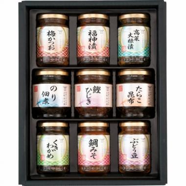 ■商品紹介： ■商品内容・サイズ：鰹ひじき(45g)たらこ昆布(50g)のり佃煮(125g)くきわかめ(80g)福神漬(90g)梅かつお(90g)鯛みそ(105g)ぶどう豆(105g)高菜大根漬(65g) ■パッケージサイズ：29.5cmX...