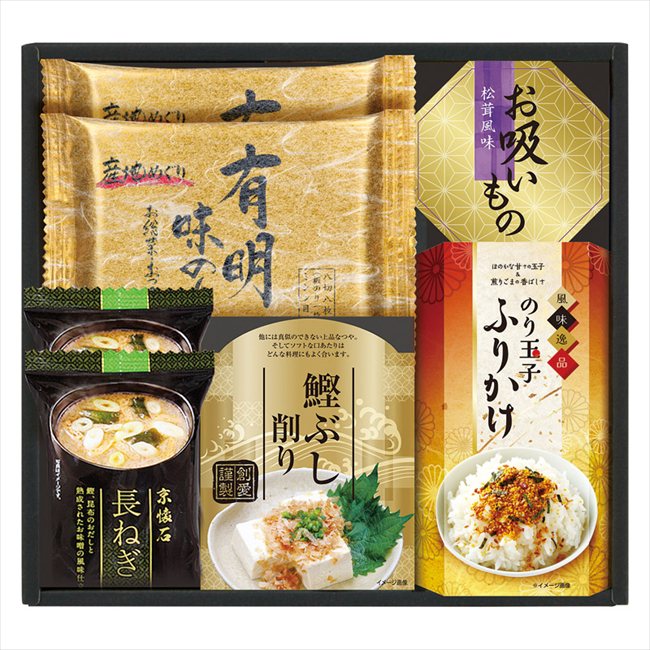 ■商品紹介： ■商品内容：白子有明味のり（8切8枚）・マルコメ京懐石長ねぎのおみそ汁（15.7g）×各2、鰹節削り（2g×2）・永谷園お吸いもの松茸風味（2.3g×2）・のり玉子ふりかけ（4.5g×2）×各1 ■パッケージサイズ：25×27×7cm ■賞味期限（ある場合）：常温1年1ヶ月 メーカー希望小売価格はメーカーカタログに基づいて掲載しています ■さまざまなギフトアイテムをご用意しております。 内祝　内祝い　お祝い返し　ウェディングギフト　ブライダルギフト　引き出物　引出物　結婚引き出物　結婚引出物　結婚内祝い　出産内祝い 命名内祝い　入園内祝い　入学内祝い　卒園内祝い　卒業内祝い　就職内祝い　新築内祝い　引越し内祝い　快気内祝い　開店内祝い　二次会 披露宴　お祝い　御祝　結婚式　結婚祝い　出産祝い　初節句　七五三　入園祝い　入学祝い　卒園祝い　卒業祝い　成人式　就職祝い　昇進祝い 新築祝い　上棟祝い　引っ越し祝い　引越し祝い　開店祝い　退職祝い　快気祝い　全快祝い　初老祝い　還暦祝い　古稀祝い　喜寿祝い　傘寿祝い 米寿祝い　卒寿祝い　白寿祝い　長寿祝い　金婚式　銀婚式　ダイヤモンド婚式　結婚記念日　ギフト　ギフトセット　セット　詰め合わせ　贈答品　お返し お礼　御礼　ごあいさつ　ご挨拶　御挨拶　プレゼント　お見舞い　お見舞御礼　お餞別　引越し　引越しご挨拶　記念日　誕生日　父の日　母の日　敬老の日 記念品　卒業記念品　定年退職記念品　ゴルフコンペ　コンペ景品　景品　賞品　粗品　お香典返し　香典返し　志　満中陰志　弔事　会葬御礼　法要 法要引き出物　法要引出物　法事　法事引き出物　法事引出物　忌明け　四十九日　七七日忌明け志　一周忌　三回忌　回忌法要　偲び草　粗供養　初盆 供物　お供え　お中元　御中元　お歳暮　御歳暮　お年賀　御年賀　残暑見舞い　年始挨拶　ボーリング大会　景品　レミパン　ゼリー　スターバックス 千疋屋　結婚式　そうめん　ローラアシュレイ　プリン　話題　ディズニー　カタログギフト　ティファール　ビタクラフト　ステンレスタンブラー　リラックマ のし無料　メッセージカード無料　ラッピング無料 ギフトにぴったりのアイテムをご紹介！ 贈り物に悩んでいる方へ、心温まるギフトアイテムを取り揃えました。高品質な食品、ふわふわのタオル、美しい食器、そしてセンスあふれる雑貨まで、幅広いラインナップであなたの大切な人への思いを伝えます。 特徴 高品質：厳選された素材と丁寧な製造工程で作られた商品ばかり。どれも長く愛用いただけます。 多用途：どんなシーンでも使える万能アイテムが揃っています。誕生日、結婚祝い、新築祝いなど、さまざまな場面に最適です。 デザイン：シンプルで洗練されたデザインから、カラフルで個性的なものまで、多彩なバリエーションをご用意。 お手頃価格：高品質ながら手ごろな価格で、コストパフォーマンスも抜群。 おすすめの用途とシーン 誕生日プレゼント：大切な人の特別な日を祝うために、実用的かつ心温まるギフトを。食品やタオルは、日常で役立つアイテムとして喜ばれます。 結婚祝い：新しい生活を始めるカップルに、美しい食器やおしゃれな雑貨を。幸せな家庭を築くお手伝いができます。 新築祝い：新しい家に引っ越した友人や家族へ、インテリアにぴったりの雑貨や実用的なタオルを。快適な生活をサポートします。 お返しギフト：感謝の気持ちを込めて、おしゃれで実用的なアイテムを。食品はもちろん、使い心地の良いタオルや美しい食器も喜ばれます。 季節の贈り物：お中元やお歳暮、季節の挨拶として、季節に合ったギフトを。夏には涼しげな雑貨、冬には温かみのあるタオルや食品が最適です。 贈る相手に合わせたおすすめ グルメな方へ：美味しい食品を贈れば、食卓が一層華やかに。特別な時間を演出します。 家庭的な方へ：ふわふわのタオルや使いやすい食器で、日常生活に彩りを。 オシャレな方へ：センスあふれる雑貨で、インテリアを一層魅力的に。 まとめ あなたの気持ちを込めたギフト選びをお手伝いします。どれも心を込めて選んだアイテムばかりです。大切な人への贈り物として、自信を持っておすすめします。 商品概要 [分類] 以下のような商品をお探しの方にオススメです。スイーツ スィーツ スウィーツ Sweets ケーキ お菓子 洋菓子 デザート おやつ 小腹対策 食品 食べ物 / チョコレートケーキ チョコレート ガトーショコラ チーズケーキ 生菓子 生ケーキ ベイクドチーズケーキ [評価・マスコミ] ランキング1位のおすすめ(お勧め オススメ) インスタ映え SNS 評判 今話題の人気商品 [サービス] 以下のサービスをご利用いだだけます。不可の場合あり。お取り寄せ 全国配送 全国発送 オーダー 注文 デリバリー 取寄せ 宅配 ネット通販 持ち運び可 / 送料無料 送料込み 無料ギフト対応 日持ち長い 長期保存 賞味期限が長い 名入れ 当日発送 お急ぎ便 即日配送 即日発送 翌日配送 翌日発送 前日に買う あす楽 明日楽 即納 翌日 あす着 明日届く 配送日指定可 冷凍保存可 冷凍保管 冷凍便 ギフトラッピング ギフト対応 予約 メッセージ付き 有料メッセージカード 有料お誕生日カード ホワイトデー当日お届け可能 [パッケージ] 　 以下のような包装でお届けします。詰め合わせ セット アソート 化粧箱入り ラッピング不要 個包装 小分け 手提げ袋（有償） 2重梱包 [デザイン] 以下のようなイメージをお求めの方におすすめです。お洒落 可愛い ゴージャス 高級感 プレミアム サプライズ感 美しい インパクト 面白い 珍しい 希少 驚き シンプル 上品 スタイリッシュ エレガント モダン [ご用途] 工夫次第で様々な用途でご利用いただけます。贈り物 プレゼント ギフト プチギフト 贈答品 お祝い 御祝い 退職祝い 内祝い 出産祝い 出産内祝い 入学祝い 卒業祝い ご褒美 手土産 お土産 お使い物 お返し お礼 ご挨拶 ご進物 お配り 配る ばらまき バレンタインデー バレンタインデイ ヴァレンタイン 友チョコ 義理チョコ 本命チョコ 逆チョコ バレンタインチョコ ホワイトデー ホワイトデイ ホワイトデーのお返し 七五三 ひな祭り こどもの日 ハロウィン クリスマス お中元 お年賀 ウインターギフト 御中元 御歳暮 サマーギフト 残暑見舞い お歳暮 母の日 父の日 敬老の日 敬老会記念品 敬老会 結婚祝い 結婚内祝い 結婚記念日 結婚式二次会 二次会のプチギフト 結婚披露宴の引き出物 引き菓子 ウエディングパーティー 成人祝い 長寿祝い 還暦祝い 古希祝い 古稀祝い 喜寿祝い 傘寿祝い 米寿祝い 卒寿祝い 白寿祝い 紀寿祝い 百寿祝い 成人式 セレモニー イベント 内祝い 快気祝い 快気内祝い 出産内祝い 出産祝い 記念日 お返し ご進物 御使い物 お礼 ご挨拶 御礼 ご祝儀 祝儀の品 お使い物 ノベルティー 粗品 景品 長寿 法事 法要 仏事 年忌法事 志 粗供養 供養返し 香典返し 満中陰志 御供え お供え 御供物 弔事 七五三 ひな祭り 入学祝い 卒業祝い 卒園祝い 退職祝い 入社祝い 成人式 成人式のお祝い 朝食 食事代わり ティータイム ブレイクタイム ホームパーティー クリスマスケーキ 誕生日プレゼント 誕生祝い バースデーケーキ 学校 会社 職場 法人 取引先 部活 イベント サークル 介護施設 [おすすめの方] 以下のような様々なお客様にお喜びいただいております。10代 20代 30代 40代 50代 60代 70代 80代 90代 100歳以上 お母さん お父さん ママ パパ 兄弟姉妹 彼氏 彼女 恋人 義理の母 叔父さん 親戚の お嬢さん 大家族 家族 赤ちゃん 祖父 祖母 叔父 叔母 孫 おじいちゃん おばあちゃん じいじ ばあば 夫 旦那 妻 奥様 お嫁さん 奥さん 親 両親 娘 同僚 友達 仲間 友人 親友 上司 部下 先輩 後輩 お世話になった方 恩師 先生 大人数 女友達 法人 女性 男性 大人 子ども 子供用 小学生 中学生 高校生 男の子 女の子 辛党 甘党 甘いものが苦手 高齢者 お年寄り [その他おすすめ] 以下のような商品に興味のある方にもオススメです。大量 大量購入 財布に優しい 大人数 業務用 大量スイーツ お試し コスパ良い /とっておきのギフトを贈る。ギフト専門店のおすすめ商品です